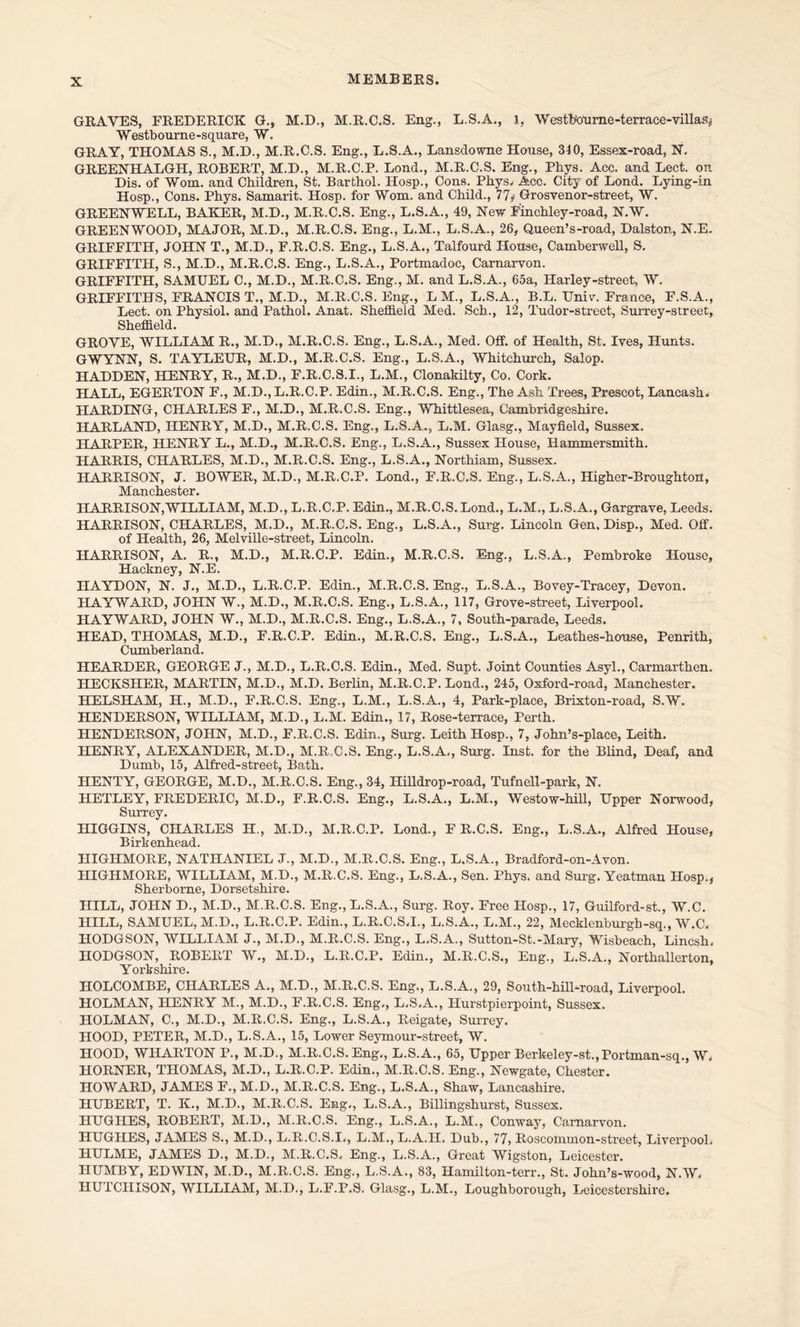 GRAVES, FREDERICK G., M.D., M.R.C.S. Eng., L.S.A., 1, Westhourne -terrace-villas? Westbourne-square, W. GRAY, THOMAS S., M.D., M.R.C.S. Eng., L.S.A., Lansdowne House, 340, Essex-road, N. GREENHALGH, ROBERT, M.D., M.R.C.P. Lond., M.R.C.S. Eng., Phys. Acc. and Lect. on Dis. of Worn, and Children, St. Barthol. Hosp., Cons. Phys. Acc. City of Lond. Lying-in Hosp., Cons. Phys. Samarit. Hosp. for Worn, and Child., 77? Grosvenor-street, W. GREENWELL, BAKER, M.D., M.R.C.S. Eng., L.S.A., 49, Hew Finchley-road, N.W. GREENWOOD, MAJOR, M.D., M.R.C.S. Eng., L.M., L.S.A., 26, Queen’s-road, Dalston, N.E. GRIFFITH, JOHN T., M.D., F.R.C.S. Eng., L.S.A., Talfourd House, Camberwell, S. GRIFFITH, S., M.D., M.R.C.S. Eng., L.S.A., Portmadoc, Carnarvon. GRIFFITH, SAMUEL C., M.D., M.R.C.S. Eng., M. and L.S.A., 65a, Harley-street, W. GRIFFITHS, FRANCIS T., M.D., M.R.C.S. Eng., LM., L.S.A., B.L. Univ. France, F.S.A., Lect. on Physiol, and Pathol. Anat. Sheffield Med. Sch., 12, Tudor-street, Surrey-street, Sheffield. GROVE, WILLIAM R., M.D., M.R.C.S. Eng., L.S.A., Med. Off. of Health, St. Ives, Hunts. GWYNN, S. TAYLEUR, M.D., M.R.C.S. Eng., L.S.A., Whitchurch, Salop. HADDEN, HENRY, R., M.D., F.R.C.S.I., L.M., Clonakilty, Co. Cork. HALL, EGERTON F., M.D., L.R.C.P. Edin., M.R.C.S. Eng., The Ash Trees, Prescot, Lancash. HARDING, CHARLES F., M.D., M.R.C.S. Eng., Whittlesea, Cambridgeshire. HARLAND, HENRY, M.D., M.R.C.S. Eng., L.S.A., L.M. Glasg., Mayfield, Sussex. HARPER, HENRY L., M.D., M.R.C.S. Eng., L.S.A., Sussex House, Hammersmith. HARRIS, CHARLES, M.D., M.R.C.S. Eng., L.S.A., Northiam, Sussex. HARRISON, J. BOWER, M.D., M.R.C.P. Lond., F.R.C.S. Eng., L.S.A., Higher-Broughtort, Manchester. HARRISON,WILLIAM, M.D., L.R.C.P. Edin., M.R.C.S. Lond., L.M., L.S.A., Gargrave, Leeds. HARRISON, CHARLES, M.D., M.R.C.S. Eng., L.S.A., Surg. Lincoln Gen. Disp., Med. Off. of Health, 26, Melville-street, Lincoln. HARRISON, A. R., M.D., M.R.C.P. Edin., M.R.C.S. Eng., L.S.A., Pembroke House, Hackney, N.E. IIAYDON, N. J., M.D., L.R.C.P. Edin., M.R.C.S. Eng., L.S.A., Bovey-Tracey, Devon. HAYWARD, JOHN W., M.D., M.R.C.S. Eng., L.S.A., 117, Grove-street, Liverpool. HAYWARD, JOHN W., M.D., M.R.C.S. Eng., L.S.A., 7, South-parade, Leeds. HEAD, THOMAS, M.D., F.R.C.P. Edin., M.R.C.S. Eng., L.S.A., Leathes-house, Penrith, Cumberland. HEARDER, GEORGE J., M.D., L.R.C.S. Edin., Med. Supt. Joint Counties Asyl., Carmarthen. HECKSHER, MARTIN, M.D., M.D. Berlin, M.R.C.P. Lond., 245, Oxford-road, Manchester. HELSHAM, H., M.D., F.R.C.S. Eng., L.M., L.S.A., 4, Park-place, Brixton-road, S.W. HENDERSON, WILLIAM, M.D., L.M. Edin., 17, Rose-terrace, Perth. HENDERSON, JOHN, M.D., F.R.C.S. Edin., Surg. Leith Hosp., 7, John’s-place, Leith. HENRY, ALEXANDER, M.D., M.R.C.S. Eng., L.S.A., Surg. Inst, for the Blind, Deaf, and Dumb, 15, Alfred-street, Bath. HENTY, GEORGE, M.D., M.R.C.S. Eng., 34, Hilldrop-road, Tufnell-park, N. HETLEY, FREDERIC, M.D., F.R.C.S. Eng., L.S.A., L.M., Westow-hill, Upper Norwood, Surrey. HIGGINS, CHARLES H., M.D., M.R.C.P. Lond., F R.C.S. Eng., L.S.A., Alfred House, Birkenhead. HIGHMORE, NATHANIEL J., M.D., M.R.C.S. Eng., L.S.A., Bradford-on-Avon. HIGHMORE, WILLIAM, M.D., M.R.C.S. Eng., L.S.A., Sen. Phys. and Surg. Yeatman Hosp., Sherborne, Dorsetshire. HILL, JOHN D., M.D., M.R.C.S. Eng., L.S.A., Surg. Roy. Free Hosp., 17, Guilford-st., W.C. HILL, SAMUEL, M.D., L.R.C.P. Edin., L.R.C.S.I., L.S.A., L.M., 22, Mecklenburgh-sq., W.C, HODGSON, WILLIAM J., M.D., M.R.C.S. Eng., L.S.A., Sutton-St.-Mary, Wisbeach, Lincsh. HODGSON, ROBERT W., M.D., L.R.C.P. Edin., M.R.C.S., Eng., L.S.A., Northallerton, Yorkshire. HOLCOMBE, CHARLES A., M.D., M.R.C.S. Eng., L.S.A., 29, South-hill-road, Liverpool. HOLMAN, HENRY M., M.D., F.R.C.S. Eng,, L.S.A., Hurstpierpoint, Sussex. HOLMAN, C., M.D., M.R.C.S. Eng., L.S.A., Reigate, Surrey. HOOD, PETER, M.D., L.S.A., 15, Lower Seymour-street, W. HOOD, WHARTON P., M.D., M.R.C.S. Eng,, L.S.A., 65, Upper Berkeley-st.,Portman-sq., W. HORNER, THOMAS, M.D., L.R.C.P. Edin., M.R.C.S. Eng., Newgate, Chester. HOWARD, JAMES F., M.D., M.R.C.S. Eng., L.S.A., Shaw, Lancashire. HUBERT, T. K., M.D., M.R.C.S. Eng., L.S.A., Billingshurst, Sussex. HUGHES, ROBERT, M.D., M.R.C.S. Eng., L.S.A., L.M., Conway, Carnarvon. HUGHES, JAMES S., M.D., L.R.C.S.I,, L.M., L.A.H. Dub., 77, Roscommon-street, Liverpool. HULME, JAMES D., M.D., M.R.C.S. Eng., L.S.A., Great Wigston, Leicester. IIUMBY, EDWIN, M.D., M.R.C.S. Eng., L.S.A., 83, Hamilton-terr., St. John’s-wood, N.W, HUTCHISON, WILLIAM, M.D., L.F.P.S. Glasg., L.M., Loughborough, Leicestershii'e.