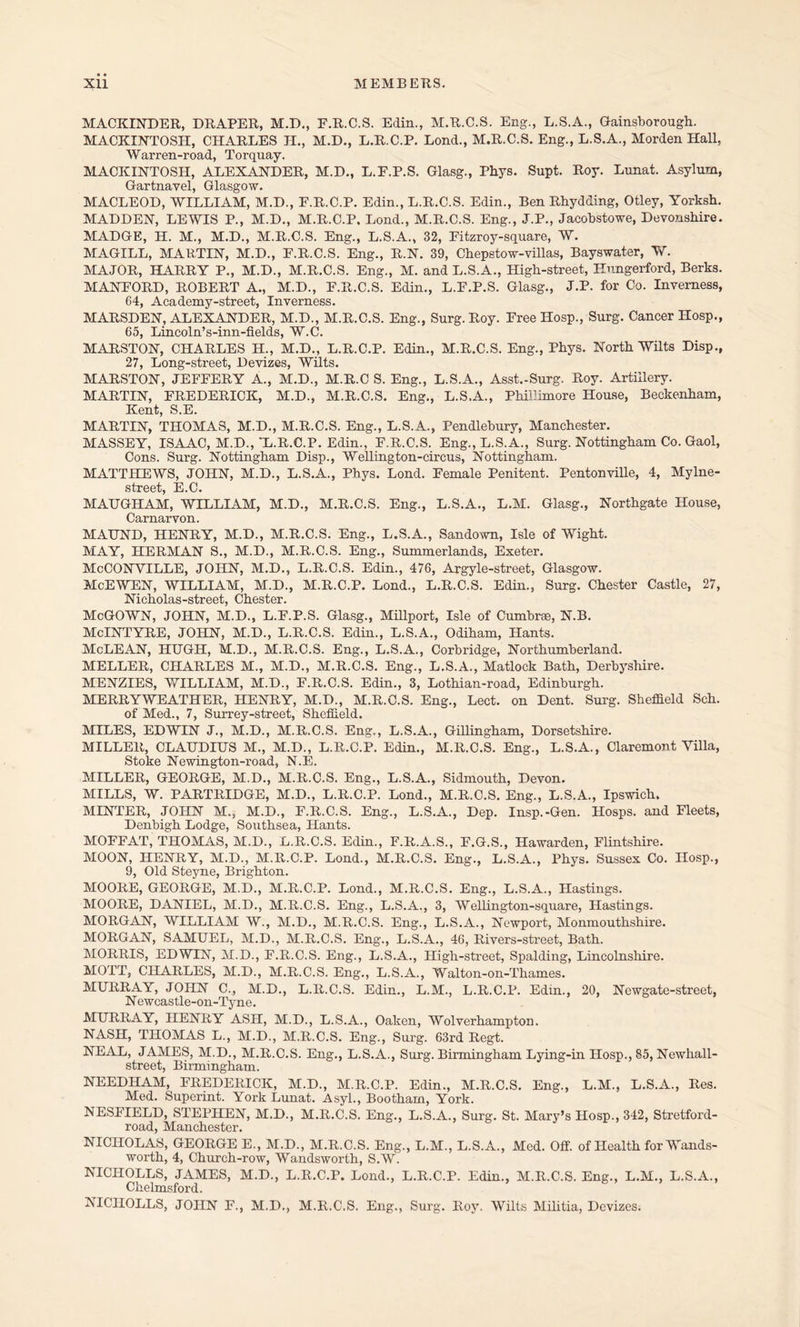 MACKINDER, DRAPER, M.D., F.R.C.S. Edin., M.R.C.S. Eng., L.S.A., Gainsborough. MACKINTOSH, CHARLES H., M.D., L.R.C.P. Lond., M.R.C.S. Eng., L.S.A., Morden Hall, Warren-road, Torquay. MACKINTOSH, ALEXANDER, M.D., L.F.P.S. Glasg., Phys. Supt. Roy. Lunat. Asylum, Gartnavel, Glasgow. MACLEOD, WILLIAM, M.D., F.R.C.P. Edin., L.R.C.S. Edin., Ben Rhydding, Otley, Yorksh. MADDEN, LEWIS P., M.D., M.R.C.P, Lond., M.R.C.S. Eng., J.P., Jacobstowe, Devonshire. MADGE, H. M., M.D., M.R.C.S. Eng., L.S.A., 32, Fitzroy-square, W. MAGILL, MARTIN, M.D., F.R.C.S. Eng., R.N. 39, Chepstow-villas, Bayswater, W. MAJOR, HARRY P., M.D., M.R.C.S. Eng., M. and L.S.A., High-street, Eungerford, Berks. MANFORD, ROBERT A., M.D., F.R.C.S. Edin., L.F.P.S. Glasg., J.P. for Co. Inverness, 64, Academy-street, Inverness. MARSDEN, ALEXANDER, M.D., M.R.C.S. Eng., Surg. Roy. FreeHosp., Surg. Cancer Hosp., 65, Lincoln’s-inn-fields, W.C. MARSTON, CHARLES H., M.D., L.R.C.P. Edin., M.R.C.S. Eng., Phys. North Wilts Disp., 27, Long-street, Devizes, Wilts. MARSTON, JEFFERY A., M.D., M.R.C S. Eng., L.S.A., Asst.-Surg. Roy. Artillery. MARTIN, FREDERICK, M.D., M.R.C.S. Eng., L.S.A., Phillimore House, Beckenham, Kent, S.E. MARTIN, THOMAS, M.D., M.R.C.S. Eng., L.S.A., Pendlebury, Manchester. MASSEY, ISAAC, M.D.,'L.R.C.P. Edin., F.R.C.S. Eng., L.S.A., Surg. Nottingham Co. Gaol, Cons. Surg. Nottingham Disp., Wellington-circus, Nottingham. MATTHEWS, JOHN, M.D., L.S.A., Phys. Lond. Female Penitent. Pentonville, 4, Mylne- street, E.C. MAUGHAM, WILLIAM, M.D., M.R.C.S. Eng., L.S.A., L.M. Glasg., Northgate House, Carnarvon. MAUND, HENRY, M.D., M.R.C.S. Eng., L.S.A., Sandown, Isle of Wight. MAY, HERMAN S., M.D., M.R.C.S. Eng., Summerlands, Exeter. McCONYILLE, JOHN, M.D., L.R.C.S. Edin., 476, Argyle-street, Glasgow. McEWEN, WILLIAM, M.D., M.R.C.P. Lond., L.R.C.S. Edin., Surg. Chester Castle, 27, Nicholas-street, Chester. McGOWN, JOHN, M.D., L.F.P.S. Glasg., Millport, Isle of Cumbree, N.B. McINTYRE, JOHN, M.D., L.R.C.S. Edin., L.S.A., Odiham, Hants. McLEAN, HUGH, M.D., M.R.C.S. Eng., L.S.A., Corbridge, Northumberland. MELLER, CHARLES M., M.D., M.R.C.S. Eng., L.S.A., Matlock Bath, Derbyshire. MENZIES, WILLIAM, M.D., F.R.C.S. Edin., 3, Lothian-road, Edinburgh. MERRYWEATHER, HENRY, M.D., M.R.C.S. Eng., Lect. on Dent. Surg. Sheffield Sch. of Med., 7, Surrey-street, Sheffield. MILES, EDWIN J., M.D., M.R.C.S. Eng., L.S.A., Gillingham, Dorsetshire. MILLER, CLAUDIUS M., M.D., L.R.C.P. Edin., M.R.C.S. Eng., L.S.A., Claremont Villa, Stoke Newington-road, N.E. MILLER, GEORGE, M.D., M.R.C.S. Eng., L.S.A., Sidmouth, Devon. MILLS, W. PARTRIDGE, M.D., L.R.C.P. Lond., M.R.C.S. Eng., L.S.A., Ipswich, MINTER, JOHN M., M.D., F.R.C.S. Eng., L.S.A., Dep. Insp.-Gen. Hosps. and Fleets, Denbigh Lodge, Southsea, Hants. MOFFAT, THOMAS, M.D., L.R.C.S. Edin., F.R.A.S., F.G.S., Hawarden, Flintshire. MOON, HENRY, M.D., M.R.C.P. Lond., M.R.C.S. Eng., L.S.A., Phys. Sussex Co. IIosp., 9, Old Steyne, Brighton. MOORE, GEORGE, M.D., M.R.C.P. Lond., M.R.C.S. Eng., L.S.A., Hastings. MOORE, DANIEL, M.D., M.R.C.S. Eng., L.S.A., 3, Wellington-square, Hastings. MORGAN, WILLIAM W., M.D., M.R.C.S. Eng., L.S.A., Newport, Monmouthshire. MORGAN, SAMUEL, M.D., M.R.C.S. Eng., L.S.A., 46, Rivers-street, Bath. MORRIS, EDWIN, M.D., F.R.C.S. Eng., L.S.A., High-street, Spalding, Lincolnshire. MOTT, CHARLES, M.D., M.R.C.S. Eng., L.S.A., Walton-on-Thames. MURRAY, JOHN C., M.D., L.R.C.S. Edin., L.M., L.R.C.P. Edin., 20, Newgate-street, N ewcas tle-on-Tyne. MURRAY, HENRY ASH, M.D., L.S.A., Oaken, Wolverhampton. NASH, THOMAS L., M.D., M.R.C.S. Eng., Surg. 63rd Regt. NEAL, JAMES, M.D., M.R.C.S. Eng., L.S.A., Surg. Birmingham Lying-in Hosp., 85, Newhall- street, Birmingham. NEEDHAM, FREDERICK, M.D., M.R.C.P. Edin., M.R.C.S. Eng., L.M., L.S.A., Res. Med. Superint. York Lunat. Asyl., Bootham, York. NESFIELD, STEPHEN, M.D., M.R.C.S. Eng., L.S.A., Surg. St. Mary’s Hosp., 342, Stretford- road, Manchester. NICHOLAS, GEORGE E., M.D., M.R.C.S. Eng., L.M., L.S.A., Med. Off. of Health for Wands- worth, 4, Church-row, Wandsworth, S.W. NICIIOLLS, JAMES, M.D., L.R.C.P. Lond., L.R.C.P. Edin., M.R.C.S. Eng., L.M., L.S.A., Chelmsford. NICIIOLLS, JOHN F., M.D., M.R.C.S. Eng., Surg. Roy. Wilts Militia, Devizes.
