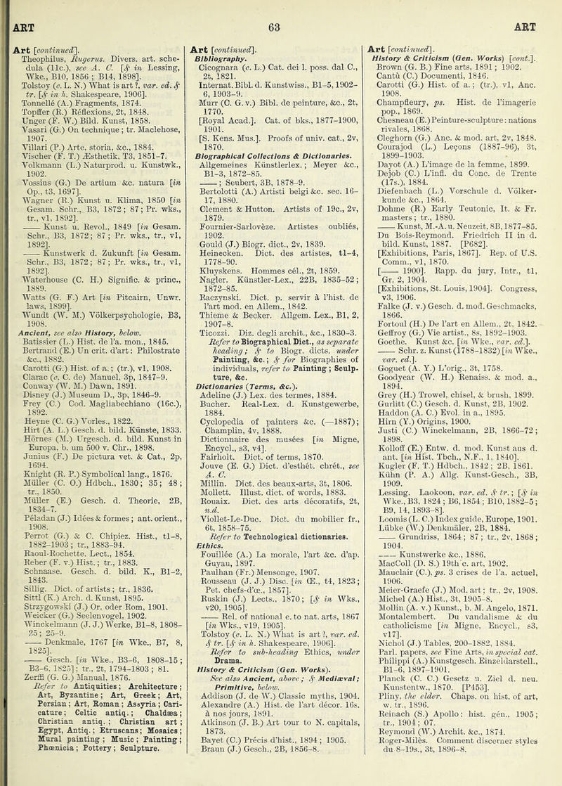 Art [pontimtedl. Theophilus, Siigerus. Divers, art. sche- dnla (11c.), see A. C. in Lessing, Wke., BIO, 1856 ; B14, 1898]. Tolstoy (o. L. N.) What is art ?, vm-. ed. # tr. [<5' in J). Sh^espeare, 1906]. Tonnellg (A.) Fragments, 1874. Topfier (K.) Keflexions, 2t, 1848. Unger (F. W.) Bild. Kunst, 1858. Vasari (G.) On technique ; tr. Maclehose, 1907. Villari (P.) Arte, storia, &o., 1884. Vischer (F. T.) ,®sthetik, T3, 1851-7. Volkmann (L.) Naturprod. u. Kunstwk., 1902. Vossius (G.) De artium &c. natura [m Op., t3, 1697], Wagner (E.) Kunst u. Klima, 1850 [in Gesam. Schr., B3, 1872; 87; Pr. wks., tr., vl, 1892]. Kunst u. EevoL, 1849 [in Gesam. Schr., B3, 1872; 87; Pr. wks., tr., vl, 1892], Kunstwerk d. Zukunft [in Gesam. Schr., B3, 1872; 87; Pr. wks., tr., vl, 1892]. Waterhouse (C. H.) Signifio. & princ., 1889. Watts (G. F.) Art [in Pitcairn, Unwr. laws, 1899]. Wundt (W. M.) Yolkerpsychologie, B3, 1908. Ancient, see also History, ielow. Batissier (L.) Hist, de I’a. mon., 1845. Bertrand (E.) Un crit. d’art: Philostrate &c., 1882. Carotti (G.) Hist, of a.; (tr.), vl, 1908. Clarac (o. C. de) Manuel, 3p, 1847-9. Conway (W. M.) Dawn, 1891. Disney (J.) Museum D., 3p, 1846-9. Frey (0.) God. Magliabechiano (16c.), 1892. Heyne (C. G.) Tories., 1822. Hirt (A. L.) Gesch. d. bild. Kiinste, 1833. Hornes (M.) Urgesch. d. bild. Kunst in Europa, b. um 500 v. Chr., 1898. Junius (F.) De pictura vet. & Cat., 2p, 1694. Knight (E. P.) Symbolical lang., 1876. Muller (C. 0.) Hdbch., 1830; 35; 48 ; tr., 1850. Muller (E.) Gesch. d. Theorie, 2B, 1834-7. Peladan (J.) Idees & formes; ant. orient., 1908. Perrot (G.) & C. Chipiez. Hist., tl-8, 1882-1903; tr., 1883-94. Eaoul-Eochette. Lect., 1854. Eeber (F. v.) Hist.; tr., 1883. Schnaase. Gesch. d. bild. K., Bl-2, 1843. SiUig. Diet, of artists; tr., 1836. Sittl (K.) Arch. d. Kunst, 1895. Str^gowski (J.) Or. Oder Eom, 1901. Weicker (G.) Seelenvogel, 1902. Winckelmann (J. J.) Werke, Bl-8, 1808- 25; 25-9. Denkmale, 1767 [in Wke., B7, 8, 1825]. Gesch. [in Wke., B3-6, 1808-15 ; B3-6, 1825]; tr., 2t, 1794-1803 ; 81. Zerffi (G. G.) Manual, 1876. Refer to Antiquities; AroMtecture ; Art, Byzantine; Art, Greek; Art, Persian ; Art, Eoman ; Assyria ; Cari- cature ; Celtic antiq.; Chaldaea; Christian antiq. ; Christian art ; Egypt, Antiq.; Etruscans; Mosaics ; Mural paiuting ; Music ; Painting ; Phoenicia; Pottery; Sculpture. Art [oontimied^. Bibliography, Cicognara (c. L.) Oat. dei 1. poss. dal 0., 2t, 1821. Internat. Bibl. d. Kunstwiss., Bl-5,1902- 6, 1903-9. Murr (0. G. v.) Bibl. de peinture, &c., 2t, 1770. [Eoyal Acad.]. Cat. of bks., 1877-1900, 1901. [S. Kens. Mus.]. Proofs of univ. cat., 2v, 1870. Biographical Collections & Dictionaries. Allgemeines Kunstlerlex.; Meyer &c., Bl-3, 1872-85. ; Seubert, 3B, 1878-9. Bertolotti (A.) Artisti belgi &c. sec. 16- 17, 1880. Clement & Hutton. Artists of 19o., 2v, 1879. Fournier-Sarloveze. Artistes oubli§s, 1902. Gould (J.) Biogx. diet., 2v, 1839. Heinecken. Diet, des artistes, tl-4, 1778-90. Kluyskens. Hommes c61., 2t, 1859. Nagler. Kunstler-Lex., 22B, 1835-52; 1872-85. Eaezynski. Diet. p. servir I’hist. de Fart mod. en Allem., 1842. Thieme & Becker. Allgem. Lex., Bl, 2, 1907-8. Ticozzi. Diz. degli arohit., &c., 1830-3. Refer to Biographical Diet., as separate Tieadmg; 4’ to Biogr. diets, vmder Painting, &e.; Sj' for Biographies of individuals, refer to Painting ; Sculp- ture, &e. Dictionaries (Terms, &c,'). Adeline (J.) Lex. des termes, 1884. Bucher. Eeal-Lex. d. Kunstgewerbe, 1884. Cyclopedia of painters &c. (—1887); Ohamplin, 4v, 1888. Dictionnaire des mus6es [in Migne, EncycL, s3, v4]. Fairholt. Diet, of terms, 1870. Jouve (E. G.) Diet. d’esth6t. chr6t., see A. C. Millin. Diet, des beaux-arts, 3t, 1806. Mollett. Hlust. diet, of words, 1883. Eouaix. Diet, des arts d6coratifs, 2t, n.d. Viollet-Le-Duc. Diet, du mobilier fr., 6t, 1858-76. Refer to Technological dictionaries. Ethics. Fouillee (A.) La morale. Fart &c. d’ap. Guyau, 1897. Pauihan (Fr.) Mensonge, 1907. Eousseau (J. J.) Disc, [in (E., t4, 1823; Pet. chefs-d’oe., 1857]. Euskin (J.) Lects., 1870; [# in Wks., v20, 1905]. Bel. of national e. to nat. arts, 1867 [in Wks., vl9, 1905]. Tolstoy (o. L. N.) What is art ?, var. ed. 4 tr. [4' in h. Shakespeare, 1906], Refer to sub-heading Ethics, under Drama. History & Criticism (Gen. Works). See also Ancient, above; 4' Mediaeval; Primitive, below. Addison (J. de W.) Classic myths, 1904. Alexandre (A.) Hist, de Fart decor. 16s. d, nos jours, 1891. Atkinson (J. B.) Art tour to N. capitals, 1873. Bayet (O.) Precis d’hist., 1894 ; 1905. Braun (J.) Gesch., 2B, 1856-8. Art [continuedt\. History & Criticism (Gen. Works) [eontt\. Brown (G. B.) Fine arts, 1891; 1902. Cantu (C.) Document!, 1846. Carotti (G.) Hist, of a.; (tr.), vl, Anc. 1908. Champfleury, ps. Hist, de I’imagerie pop., 1869. Chesneau (E.)Peinture-sculpture: nations ri vales, 1868. Cleghorn (G.) Anc. & mod. art, 2v, 1848. Courajod (L.) Le9ons (1887-96), 3t, 1899-1903. Dayot (A.) L’image de la femme, 1899. Dejob (C.) L’infl. du Cone, de Trente (17s.), 1884. Diefenbach (L.) Vorschule d. Volker- kunde &c., 1864. Dohme (E.) Early Teutonic, It. & Fr. masters; tr., 1880. Kunst, M.-A. u. Neuzeit, 8B, 1877-85. Du Bois-Eeymond. Friedrich II in d. bild. Kunst, 1887. [P682]. [Exhibitions, Paris, 1867]. Eep. of U.S. Comm., vl, 1870. [ 1900]. Eapp. du jury, Intr., tl, Gr. 2, 1904. [Exhibitions, St. Louis, 1904]. Congress, v3, 1906. Falke (J. v.) Gesch. d. mod. Gescbmacks, 1866. Fortoul (H.) De Fart en Allem., 2t, 1842. GefEroy (G.) Vie artist., 8s, 1892-1903. Goethe. Kunst &c. [m Wke., var. cd.). Schr. z. Kunst (1788-1832) [in Wke., var. ed.}. Goguet (A. Y.) L’orig., 3t, 1758. Goodyear (W. H.) Eenaiss. Sc mod. a., 1894. Grey (H.) Trowel, chisel, &: brush, 1899. Gurlitt (C.) Gesch. d. Kunst, 2B, 1902. Haddoii (A. C.) Evol. in a., 1895. Him (Y.) Origins, 1900. Justi (C.) Winckelmann, 2B, 1866-72; 1898. Kolloif (E.) Entw. d. mod. Kunst aus d. ant. [in Hist. Tbch., N.F., 1, 1840]. Kugler(F, T.) Hdbch., 1842; 2B, 1861. Kiihn (P. A.) Allg. Kunst-Gesch., 3B, 1909. Lessing. Laokoon, var. ed. 4' tr.; [4' in Wke., B3, 1824 ; B6,1854; BIO, 1882-5; B9, 14, 1893-8]. Loomis (L. C.) Index guide, Europe, 1901. Liibke (W.) Denkmaler, 2B, 1884. Grundriss, 1864 ; 87 ; tr., 2v, 1868 ; 1904. Kunstwerke &c., 1886. MacColl (D. S.) 19th c. art, 1902. Mauclair (C.),y)s. 3 crises de Fa. actuel, 1906. Meier-Graefe (J.) Mod. art; tr., 2v, 1908. Michel (A.) Hist., 3t, 1905-8. Mollin (A. V.) Kunst., b. M. Angelo, 1871. Montalembert. Du vandalisme & du catholicisme [in Migne, EncyoL, s3, vl7]. Nichol (J.) Tables, 200-1882, 1884. Pali, papers, see Fine Arts, in special cat. Philippi (A.) Kunstgesch. Einzeldarstell., Bl-6, 1897-1901. Planck (0. 0.) Gesetz u. Ziel d. neu. Kunstentw., 1870. [P453]. Pliny, the elder. Chaps, on hist, of art, w. tr., 1896. Eeinach (S.) Apollo: hist. g6n., 1905; tr., 1904; 07. Eeyraond (W.) Archit. &c., 1874. Eoger-Milhs. Comment discerner styles du 8-19s., 3t, 1896-8.