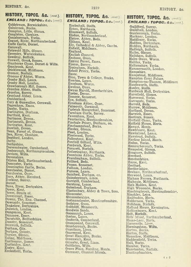 HISTORY, &c. HISTORY, TOPOG. &c. [cont.l. ENGLAND : TQPOGm [cont.]. Coldstream, Berwickshire. Colnbrook, Bucks. Compton, Little, Gloucs. Congieton, Cheshire. Conisborough, Yorks. Coquet, River, Northumberland Corfe Castle, Dorset. Cornwall. Cotswold Hills, Gloucs. Coventry, Warwickshwe. Cowdray, Suffolk. Coxwell, Grea^ Sussex. Cranborne Chase, Dorset & Wilts. Cranbrook, Kent. Cricklewood, Middlesex. Cromer, Norfolk. Croome d’Abitot, W’ores. Crosby Hall, Lancs. Crosby Hall, London. Crowborough HiU, Sussex. Croxden Abbey, Staffs. Croydon, Surrey. Croyland Abbey, Lines. Cumberland. Cury & Gunwalloe, Cornwall. Dagenham, Essex. Danby, Yorks. Darlington, Durham. Dartford, Kent. Dartmoor, Devon. Dartmouth, Devon. ' Daxnngton, Kent. Dawhsh, Devon. Dean, Forest of, Gloucs. Dee, River, Chesliire. Deptford, London. Derby. Derbyshire. Derwentwater, Cumberland. Desborough, Northamptonshire. Devizes, Wilts. i Devonshire. I Dilston Hail, Northumberland. Doncaster, Yorks. | Donnington Castle, Berks. ; Dorchester, Dorset. I Dorchester, Oxon. Dore, Abbey, Hereford. DorMng, Surrey. Dorset. Dove, River, Derbyshire. Dover, Kent. Dover, Straits of. Dovereourt, Essex. Downs, The, Eng. Channel. i Downside, Somerset. Drakelow, Derbyshire. Dulwich, London. Dungeness, Kent. ' Dunmow, Essex. : Dunstable, Bedfordshire. ; Dunster, Somerset. i Dimwich, Suffolk. Durham, City. Durham, County. Dursley, Gloucs. Ealing, Middlesex. Eastbourne, Sussex, Eastbridge, Kent. Eastry, Kent. Ecelesfield, Yorks. HISTORY, TOPOC. &o. «] ENGLAND s TOPOGm &Gm [oont.]. Eccleshall, Staffs. Eeton, Nor than ts. Elmeswell, Suffolk. Elsdon, Northumberland. Elstow, Abbey, Beds. Eltham, Kent. English Channel. Enstone, Oxon. Epping Forest, Essex. Epsom, Surrey. Erpingham, Norfolk. Esholt Priory, Yorks. Essex. Eton, Town & College, Bucks. Everton, Lancs. Evesham, Wores. Ev/elme, Oxon. Ewyas Harold, Herefordshire. Exeter, Devon. Exmoor, Somerset. Eye, Suffolk. Eynsham Abbey, Oxon. Falmouth, Cornwall. Farleigh Hungerfortl, Somerset. Farnham Castle, Surrey. Faversham, Kent. Fenstanton, Huntingdonshire. Finchale Priory, Durham, co. Finchampstead, Berks. Flaxley, Gloucs. Fleet, London. Fleetwood, Yorks. Folkestone, Kent. Fonthill Gifford, Wilts. Fordwieh, Kent. Fonieett, Norfolk. Fotheringhay, Northants. Fountains Abbey, Yorks. Framlingham, Suffolk. Frilford, Beds. Frome, Somerset. Fulham, London. Furness, Lancs. Gainford, Durham, co. Gainsborough, Lines. Garrigill, Cumberland. Garstang, Lanes. Gateshead, Durham. Glastonbury, Abbey & Town, Som. Gloucester. Gloucestershire. Godmanchester, Huntingdonshire. Godstow, Oxon. Goldcliff, Monmouth. Goodwin Sands. Goosnargh, Lancs. Gorton, Lancs. Gosforth, Cumberland. Grampound, Cornwall. Granborough, Bucks. Grantham, Lines. Gravesend, Kent. Great Hampden, Bucks. Greenwich, Kent. Grimsby, Great, Lines. Grittleton, Wilts. Grove Place, Nursling, Hants. Guernsej^ Channel Islands. HISTORY, TOPOC. &o. ,»«) CHGIAHO ! TOPOa, &o. Mk ] Guildford, Surrey. Guildhall, London. Guisborough, Yorks. Hackney, London. Haddlesey, Yorks. Haddon, Derbyshire. Haddon, Northants. Hadleigh, Suffolk. Hailes, Gloucs. Hailsham, Suffolk. Hales Owen, Worcs. Halifax, Yorks. Hallamshire, Yorks. Hammersmith, London. Hampshire. Hampstead, Middlesex. Hampton Court Palace. Hampton-on-Thames, Middlesex, Handsworth, Staffs. Hanley, Staffs. Hardwick Hall, Derbyshire. Haresfield, Gloucs. Harewood, Yorks. Harrogate, Yorks. Harrold, Beds. Harrow, Middlesex. Hartland, Devon. Harwich, Essex. Hastings, Sussex. Hatfield Chase, Yorks. Hatfield House, Herts. Havant, Hants. Hawkhurst, Kent. Hawkshead, Lancs. Hawstead, Suffolk. Hayling Island, Hants. Hedon, Yorks. Hemingborough, Yorks. Hem-psted, Gloucs. Hengrave, Suffolk. Hereford. Herefordshire. Herne, Kent. Hertford. Hertfordshire. Hexham, Northumberland. Heywood, Lanes. Higham Ferrers, Northants. Highgate, Middlesex. High Halden, Kent. High Wycombe, Bucks. Hinchingbrook, Huntingdonshire. Hinckley, Leics. Hoddesdon, Herts. Holderness, Yorks. Holkham, Norfolk. Holland House, Kensington. Hollingbourn, Kent. Holt, Norfolk. Holy Island, Northumberland. Home-Lacy, Herts. Horncastle, Lines. Horningsham, Wilts. Horton, Bucks. Horton, Staffs. Hounslow, Middlesex. Huddersfield, Yorks. Hull, Yorks. Humber, Yorks. Hunstanton, Norfolk. Huntingdonshire. 4 I 2