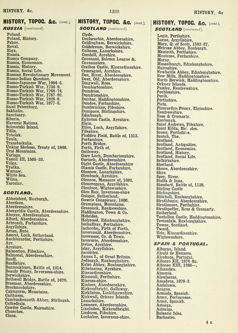 HISTORY, TOPOC. &c. RUSSIA [continved]. Poland. Poland, History. Pskov. Reval. Riga. Russia. Russia Company. Russia, Economies. Russia, History. Russia, Social Life. Russian Revolutionary Movement. Russo-Indian Question. Russo-Japanese War, 1904-5. Russo-Tiukish War, 1736-9. Russo-Turkish War, 1768-74. Russo-Turkisli War, 1787-92. Russo-Turkish War, 1828-9. Russo-Turkish War, 1877-8. Saint Petersburg. Sakhalin. Sanctuary. Siberia. Slavonic Nations. Solovetski Island. Tiflis. Tobolsk. Toula. Transbaikalia. TJnkiar Skelessi, Treaty of, 1840. Ural Mountains. Variags. Vassili m, 1505-33. vyaijsa. Warsaw. White Sea. Wilna. Yaroslav. SOOTLAND. Abbotsford, Roxburgh. Aberdeen. Aberdeenshire. Abergeldie Castle, Aberdeenshire. Aboyne, Aberdeenshire. Alford, Aberdeenshire. Arbroatl^ Forfarshire. Argyllshire. Arran, Bute. Assynt, Loch, Sutherland. Auehterarder, Perthshire. Ayr. Ayrshire. Balmerino, Fifeshire. Balmoral, Aberdeens!liire. Banff. Banffehire. Bannockburn, Battle of, 1314. Beauly Priory, Inverness-shire. Berwickshire. Bothwell Bridge, Battle of, 1679. Braemar, Aberdeenshire. Brecknockshire. Cairngorm, Mountains. Caithness. Cambuskenneth Abbey, Stirlingsh. Cathedrals. Cawdor Castle, Nairnshire. Churches. Clans. HISTORY, TOPOC. &c. Voont.']. SCOTLAND [oontinvcd]. Clyde. Coelaraehie, Aberdeenshire. Coldingham, Berwickshire. Coldstream, Berwickshire. Coltness, Lanarkshire. Corshill, Ayrshire. Covenant, Solemn League &. Covenanters. Crathes Castle, Kincardineshire. Crosraguel, Ayrshire. Dee, River, Aberdeenshire. Deer, Old, Aberdeenshire. Dingwall, Ross. Dumbartonshire. Dumfries. Dumfriesshire. Dunbar, Haddingtonshire. Dundee, Forfarshire. Dunfermline, Fifeshire. Dunipaee, Stirlingshire. Edinburgh. Eglinton Castle, Ayrshire. Elgin. Etive, Loch, Argyllshire. Fifeshire. Flodden Field, Battle of, 1613. Forfarshire. Forth Bridge. Forth, Firth of. Galloway. Gare Loch, Dumbartonshire. Garioch, Aberdeenshire. Gight Castle, Aberdeenshire Glamis Castle, Forfarshire. Glasgow, Lanarkshire. Glenbuck, Ayrshire. Glencoe, Massacre of, 1692. Glencreggan, Argyllshire. Glenluce, Wigtownshire. Glen Roy, Inverness-shire Golspie, Sutherland. Govsnrie Conspiracy, 1600. Grampians, Mountains. Greenock, Renfrewshire. Haddington, Town & Co. Hebrides. Holyrood, Edinburghshire. Inchaffray, Perthshire. Inchcolm, Firth of Forth. Invereauld, Aberdeenshire. Inverness, Co. & Town. Inverurie, Aberdeenshire. Irvine, Ayrshire. Islay, Argyllshire. Jacobites. James I., of Great Britain. Jedburgh, Roxburghshire. Kelso Abbey, Roxburghshire. Kilwinning, Ayrshire. Kincardineshire. Kinnoull, Perthshire. Kinross-shire. Kintore, Aberdeenshire, i Kirkcudbright, Galloway. Kirkliston, Linlithgowshire. Kirkwall, Orkney Islands. I Lanarkshire. I Lesmore, Aberdeenshire. • Lincluden, Kirkcudbright. Lindores, Fifeshire. Lochaber, Inverness-shire, HISTORY, TOPOC. &c. [oont.y SCOTLAND [oontinued']. Logie, Perthshire. Lome, Argyllshire. Mary, Q. of Scots, 1542-87. Melrose Abbey, Roxburgh. Menteith, Perthshire. Montrose, Forfarshire. Moray. Musselburgh, Edinburghshire. Nairnshire. Newbattle Abbey, Edinburghshire. New Mills, Haddingtonshire. North Berwick, Haddingtonshire. Orkney Islands. Paisley, Renfrewshire. Peeblesshire. Perth. Perthshire. Piets. Pluscardyn Priory, Elginshire. Renfrewshire. Ross & Cromarty. Roxburgh. Saint Andrews, Fifeshire. Saint Kilda, HeL ides. Scone, Perthshire. Scotch, The. Scotland. Scotland, Antiquities. Scotland, Economics. Scotland, History. Scotland, Social Life. Selkirkshire. Shetland. Skene, Aberdeenshire. Skye. Spey, River. Staffa & Iona. Standard, Battle of, 1138. Stirling Castle Stirlingshire. Stitchell, Roxburghshire. Strathbogie, Aberdeenshire. Strathmore, Perthshire. Strathpeffer, Ross & Cromarty. Sutherland. Tantallon Castle, Haddingtonshire. Teviotdale, Roxburghshire. Towns, Scotland. Tweed. Urie, Kincardineshire. Wigtownshire. SPAIN & PORTUGAL. Alboran, Island. Alcala de Henares. Alcobaga, Portugal Alfonso XII, 1874-85. Alfonso XIII, 1886—. Alhambra. Almeria. Alpujarras. Amadeus, 1870-3, Andalusia. Aragon. Armada, Spanish. Army, Portuguese. Army, Spanish. Astorga. Asturias. Balearic Isles. Barbastro.