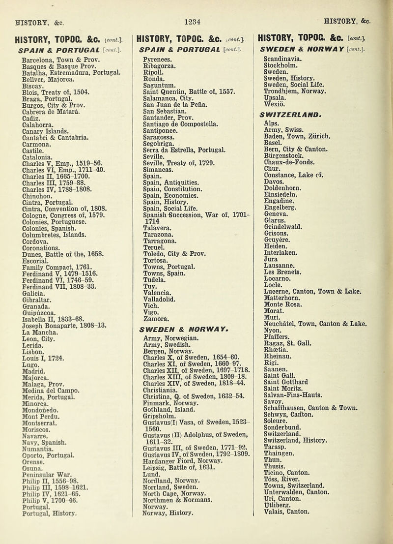 HISTORY, TOPOC. &C. SPAIN & PORTUGAL {cont.l. HISTORY, TOPOC. &C. SPAIN & PORTUGAL ioont.l HISTORY, TOPOC. &c. SWEDEN & NORWAY [oont.l Barcelona, Town & Prov. Basques & Bs^que Prov. Batalha, Estremadura, Portugal. BeUver, Majorca. Biscay. Blois, Treaty of, 1504. Braga, Portugal. Burgos, City & Prov. Cabrera de Matara. Cadiz. Calahorra. Canary Islands. Cantabri & Cantabria. Carmona. Castile. Catalonia. Charles V, Emp., 1519-56. Charles VI, Emp., 1711-10. Charles H, 1665-1700. Charles HI, 1759-88. Charles IV, 1788-1808. Chinchon. Cintra, Portugal. Cintra, Convention of, 1808. Cologne, Congress of, 1579. Colonies, Portuguese. Colonies, Spanish. Columbretes, Islands. Cordova. Coronations. Dunes, Battle of the, 1658. Escorial. Family Compact, 1761. Ferdinand V, 1479-1516. Ferdinand VI, 1746-59. Ferdinand VH, 1808-33. Gahcia. Gibraltar. Granada. Guipuzcoa. Isabella H, 1833-68. Joseph Bonaparte, 1808-13. La Mancha. Leon, City. Lerida. Lisbon. Louis I, 1724. Lugo. Madrid. Majorca. Malaga, Prov. Medina del Campo. Merida, Portugal. Minorca. Mondohedo. Mont Perdu. Montserrat. Moriscos. Navarre. Navy, Spanish. Numantia. Oporto, Portugal. Orense. Osuna. Peninsular War. Philip n, 1556-98. Philip III, 1598-1621. Philip IV, 1621-65. Philip V, 1700 46. PortugaL Portugal, History. Pyrenees. Eibagorza. Ripoll. Ronda. Saguntum. Saint Quentin, Battle of, 1557. Salamanca, City. San Juan de la Pena. San Sebastian. Santander, Prov. Santiago de Compostella. Santiponce. Saragossa. Segobriga. Serra da Estrella, Portugal. Seville. Seville, Treaty of, 1729. Simancas. Spain. Spain, Antiquities. Spain, Constitution. Spain, Economics. Spain, History. Spain, Social Life. Spanish Buceession, War of, 1701- 1714 Talavera. Tarazona. Tarragona. Teruel. Toledo, City & Prov. Tortosa. Towns, Portugal. Towns, Spain. Tudela. Tuy. Valencia. Valladolid. Vich. Vigo. Zamora. SWEDEN & NORWAY, Army, Norwegian. Army, Swedish. Bergen, Norway. Charles X, of Sweden, 1654-60. Charles XI, of Sweden, 1660-97. Charles XII, of Sweden, 1697-1718. Charles XIII, of Sweden, 1809-18. Charles XIV, of Sweden, 1818-44. Christiania. Christina, Q. of Sweden, 1632-54. Finmark, Norway. Gothland, Island. Gripsholm. Gustavus(I) Vasa, of Sweden, 1523- 1560. Gustavus (II) Adolphus, of Sweden, 1611-32. Gustavus III, of Sweden, 1771-92. Gustavus IV, of Sweden, 1792-1809. Hardanger Fiord, Norway. Leipzig, Battle of, 1631. Lund. Nordland, Norway. Norrland, Sweden. North Cape, Norway. Northmen & Normans. Norway. Norway, History. Scandinavia. Stockholm. Sweden. Sweden, History. Sweden, Social Life. Trondhjem, Norway. Upsala. Wexio. SWITZERLAND. Alps. Army, Swiss. Baden, Town, Zurich. Basel. Bern, City & Canton. Biirgenstock. Chaux-de-Fonds. Chur. Constance, Lake cf. Davos. Doldenhorn. Einsiedeln. Engadine. Engelberg. Geneva. Glarus. Grindelwald. Grisons. Gruyere. Heiden. Interlaken. Jura Lausanne. Les Brenets. Locarno. Lode. Lucerne, Canton, Town & Lake. Matterhorn. Monte Rosa. Morat. Muri. Neuchatel, Town, Canton & Lake. riaiiers. Ragaz, St. Gall. Rhsetia. Rheinau. Rigi. Saanen. Saint Gall. Saint Gotthard Saint Moritz. Salvan-Fins-Hauts. Savoy. Schaffhausen, Canton & Town. Schwyz, Cailton. Soleure. Sonderbund. Switzerland. Switzerland, History. Tarasp. Thaingen. Thun. Thusis. Ticino, Canton. Toss, River. Towns, Switzerland. Unterwalden, Canton. Uri, Canton, titliberg. Valais, Canton.