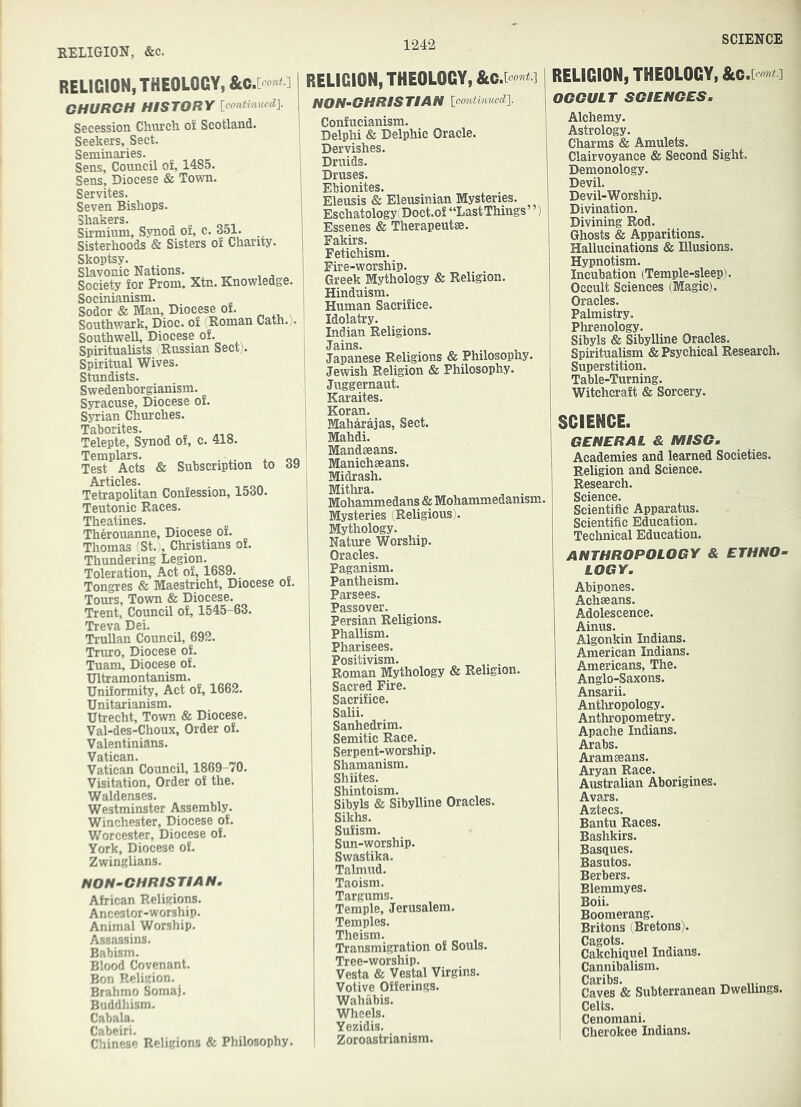 RELIGION, THEOLOGY, &C j CHURCH HISTORY Iccmtimied], Secession Church o£ Scotland. Seekers, Sect. Seminaries. Sens, Council of, 1485. Sens, Diocese & Town. Servites. Seven Bishops. Shakers. Sirmium, Synod of, c. 3ol. Sisterhoods & Sisters of Charity. Skoptsy. Slavonic Nations. Socie^ for Prom. Xtn. Knowledge. Socinianism. Sodor & Man, Diocese of. Southwark, Dioc. of (Roman Caiih.,. Southwell, Diocese of. Spiritualists Russian Sect). Spiritual Wives. Stundists. Swedenhorgianism. Syracuse, Diocese of. Syrian Churches. Taborites. Telepte, Synod of, c. 418. Templars. ,00 Test Acts & Subscription to da Articles. Tetrapolitan Confession, 15d0. Teutonic Races. Theatines. Therouanne, Diocese of. Thomas ^St., Christians of. Thundering Legion. Toleration, Act of, 1689. Tongres & Maestricht, Diocese of. Tours, Town & Diocese. Trent, Council of, 1545-63. Treva Dei. Trullan Council, 692. Truro, Diocese of. Tuam, Diocese of. Ultramontanism. Uniformity, Act of, 1662. Unitarianism. Utrecht, Town & Diocese. Val-des-Choux, Order of. Valentinians. Vatican. Vatican Council, 1869-70. Visitation, Order of the. Waldenses. Westminster Assembly. Winchester, Diocese of. Worcester, Diocese of. York, Diocese of. Zwinglians. NON-CHRISTIAN. African Religions. Ancestor-worship. Animal Worship. Assassins. Babism. Blood Covenant. Bon Religion. Brahmo Somaj. Buddhism. Cabala. Cabeiri. Chinese Religions & Philosophy. RELIGION, THE0L0CY,&c 1 NON-CHRISTIAN loontimiedl Confucianism. Delphi & Delphic Oracle. Dervishes. Druids. Druses. Ebionites. . Eleusis & Eleusinian Mysteries. Eschatology vDoct.of “Last Things”) Essenes & Therapeutse. Fakirs. Fetichism. Fire-worship. Greek Mythology & Religion. Hinduism. Human Sacrifice. ' Idolatry. Indian Religions. 1 Jains. Japanese Religions & Philosophy. I Jewish Religion & Philosophy. Juggernaut. Karaites, i Koran. 1 Maharajas, Sect. 1 Mahdi. I Mandseans. Manichaeans. Midrash. Mithra. , . Mohammedans & Mohammedanism. Mysteries (Religious). Mythology. Nature Worship. Oracles. Paganism. Pantheism. Parsees. Passover. Persian Religions. Phallism. Pharisees. Positivism. . Roman Mythology & Religion. Sacred Fire. Sacrifice. Salii. Sanhedrim. Semitic Race. Serpent-worship. Shamanism. Shiites. Shintoism. Sibyls & Sibylline Oracles. Sikhs. Sufism. Sun-worship. Swastika. Talmud. Taoism. Targums. Temple, Jerusalem. Temples. Theism. Transmigration of Souls. Tree-worship. I Vesta & Vestal Virgins, i Votive Offerings. Wahabis. Wheels. Yezidis. I Zoroastrianism. RELIGION, THEOLOGY, &c OCCULT SCIENCES. Alchemy. Astrology. Charms & Amulets. Clairvoyance & Second Sight. Demonology. Devil. Devil-Worship. Divination. Divining Rod. Ghosts & Apparitions. Hallucinations & Illusions. Hypnotism. Incubation (Temple-sleep). Occult Sciences (Magic). Oracles. Palmistry. Phrenology. Sibyls & Sibylline Oracles. Spiritualism & Psychical Research. Superstition. Table-Turning. Witchcraft & Sorcery. SGIENCE. GENERAL & MISC. Academies and learned Societies. Religion and Science. Research. Science. Scientific Apparatus. Scientific Education. Technical Education. anthropology & ETHNO- LOGY. Abipones. Achseans. Adolescence. Ainus. Algonkin Indians. American Indians. Americans, The. Anglo-Saxons. Ansarii. Antliropology. Anthropometry. Apache Indians. Arabs. Aramaeans. Aryan Race. Australian Aborigines. Avars. Aztecs. Bantu Races. Bashkirs. Basques. Basutos. Berbers. Blemmyes. Boii. Boomerang. Britons (Bretons). Cagots. Cakchiquel Indians. Cannibalism. Caves *& Subterranean Dwellings. Celts. Cenomani. Cherokee Indians.