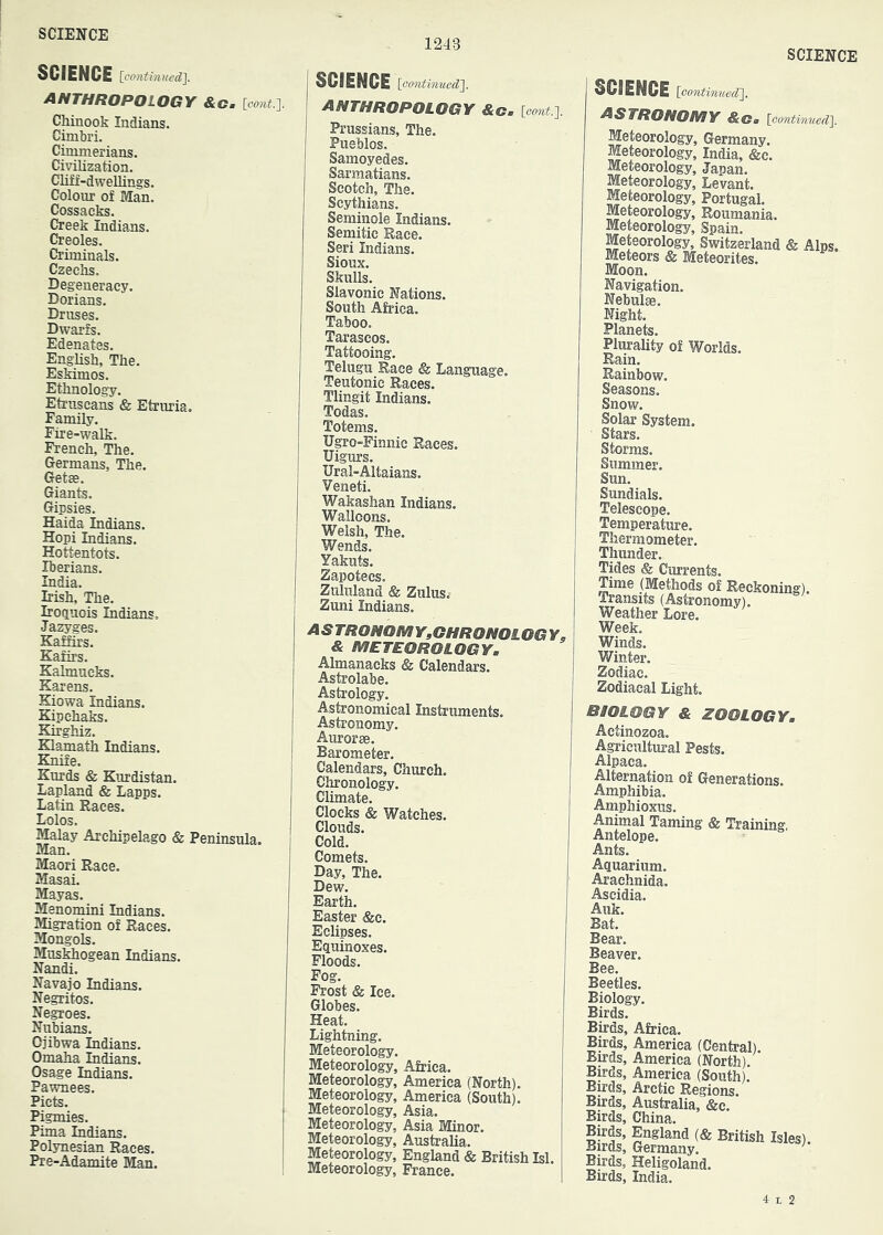 SCIENCE [contimied}. anthropology &Cm Chinook Indians. Cimbri. Cimmerians. Civilization. Cliff-dwellings. Colour of Man. Cossacks. Creek Indians. Creoles. Criminals. Czeelis. Degeneracy. Dorians. Druses. Dwarfs. English, The. Eskimos. Ethnology. Etruscans & Etriu’ia, Family. Fire-walk. French, The. Germans, The. Getae. Giants. Gipsies. Haida Indians. Hopi Indians. Hottentots. Iberians. India. Irish, The. Iroquois Indians. Jazyges. Kaffirs. Kafirs. Kalmucks. Karens. Kiowa Indians. Kipchaks. Kirghiz. Klamath Indians. Knife. Kurds & Kurdistan. Lapland & Lapps. Latin Races. Lolos. Malay Archipelago & Peninsula. Man. Maori Race. Masai. Mayas. Menomini Indians. Migration of Races. Mongols. Muskhogean Indians. Nandi. Navajo Indians. Negritos. Nubians. Ojibwa Indians. Omaha Indians. Osage Indians. Piets. Pigmies. Pima Indians. Polynesian Races. Pre-Adamite Man. 1243 SCIENCE [oontin'ued']. anthropology &c. lcont.-\. Prussians, The. Pueblos. Samoyedes. Sarmatians. Scotch, The. Scythians. Seminole Indians. Semitic Race. Seri Indians. Sioux. Skulls. Slavonic Nations. South Africa. Taboo. Taraseos. Tattooing. Telugu Race & Language. Teutonic Races. Tlingit Indians. Todas. Totems. Ugro-Finnic Races. Uigurs. Ural-Altaians. Veneti. Wakashan Indians. Walloons. Welsh, The. Wends. Yakuts. Zapotees. Zululand & Zulus. Zuni Indians. A S TRONOM YfOHRONOL OG Y. & METEOROLOGY, Almanacks & Calendars. Astrolabe. Astrology. Astronomical Instruments. Astronomy. Aurorae. Barometer. Calendars, Church. Chronology. Climate. Clocks & Watches. Clouds. Cold. Comets. Day, The. Dew. Earth. Easter &c. Eclipses. Equinoxes. Floods. Fog. Frost & Ice. Globes. Heat. Lightning. Meteorology. Meteorology, Africa. Meteorology, America (North). Meteorology, America (South). Meteorology, Asia. Meteorology, Asia Minor. Meteorology, Australia. Meteorology, England & British Isl. Meteorology, France. SCIENCE SCIENCE {oontinued}. astronomy &c. loontimiedl Meteorology, Germany. Meteorology, India, &e. Meteorology, Japan. Meteorology, Levant. Meteorology, Portugal. Meteorology, Roumania. Meteorology, Spain. Meteorology, Switzerland & Alps. Meteors & Meteorites. Moon. Navigation. Nebulae. Night. Planets. Plurality of Worlds. Rain. Rainbow. Seasons. Snow. Solar System. Stars. Storms. Summer. Sun. Sundials. Telescope. Temperature. Thermometer. Thunder. Tides & Currents. Time (Methods of Reckoning). Transits (Astronomy). Weather Lore. Week Winds. Winter. Zodiac. Zodiacal Light. BIOLOGY & ZOOLOGY, Actinozoa. Agricultural Pests. Alpaca. Alternation of Generations. Amphibia. Amphioxiis. Animal Taming & Training, Antelope. Ants. Aquarium. Arachnida. Ascidia. Auk. Bat. Bear. Beaver. Bee. Beetles. Biology. Birds. Birds, Africa. Birds, America (Central). Buds, America (North). Birds, America (South). Birds, Arctic Regions, Buds, Australia, &c. Birds, China. Buds, England {& British Isles). Buds, Germany. Birds, Heligoland. Birds, India. 4 t 2