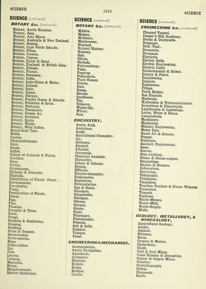 1245 SCIENCE SCrENCE [Gontinued']. botany &Cm {contimied']. Botany, Arctic Regions Botany, Asia, Botany, Asia Minor. Botany, Australia & New Zealand. Botany, Bosnia. Botany, Cape Verde Islands. Botany, China. Botany, Corsica, Botany, Cyprus. Botany, Egypt & Sinai. Botany, England (& British Isles.) Botany, Europe. Botany, France. Botany, Germany. Botany, India. Botany, Indo-China & Malay. Botany, Ireland. Botany, Italy. Botany, Japan. Botany, Norway. Botany, Pacific Ocean & Islands. Botany, Palestine & Syria. Botany, Portugal. Botany, Roumania. Botany, Russia &e. Botany, Scotland. Botany, Spain. Botany, Wales. Botany, West Indies. Bread-fruit Tree. Bulbs. Cactus. Chrysanthemum. Coca. Cocoa. Coffee. Colour of Animals & Plants. Conifers. Corn. Cotton. Cryptogams. Diatoms & Desmids. Digitalis, Distribution of Plants (Geogr. Environment. Eucalyptus. Ferns. Fertilization of Plants. Fibres. Figs. Flax. Flowers. Forestry & Trees. Fruit. Fungi. Gardens & Gardening. Ginseng. Graftog. Grass & Grasses. Greenhouses. Gutta-percha. Hops. India-rubber. Iris. Jute. Leaves. Lichens. Magnolia. Maize. Mangel-wurzel. Market Gardeniug. SCIENCE [pontinuedl. BOTANY &c Mildew. Mosses. Mulberry. Mushrooms. Mustard. Natural History. Nutmeg. Oak. Olives. Orchids. Palaeontology. Palm. Papyrus. Pedicularis. Plant Names. Potato. Rice. Shrubs. Sunflower. Tea. Tobacco. Water-lily. Wheat. Yew. GHENNSTRY. Acetic Acid. Acetylene. Acids. Agricultural Chemistry. Air. Alchemy. Alcohol. Alkalies. Ammonia, Chemical Analysis. Chemistry. Colour & Colours. Dyeing. Effluvia. Electro-chemistry. Eudiometry. Explosives. Fermentation. Gas & Gases. Glycogen. Gunpowder. Nitrogen. Odours, Oxygen. . Paint. Pharmacy. Photography. Poisons. Salt & Salts. Sulphur. Vinegar. ENGINEERING&MEGHANIGi Accumulators. Aerial Navigation. Aqueducts. Automata. Blasting. Boilers. Brake. Bridges. I SCIENCE \_onntinned']. engineering &Cm [continvedi Channel Tunnel. Cooper’s Hill Academy. Docks & Dockyards. Drainage. Drill (Tool). Dynamics. Dynamos. Elasticity. Electric Bells. Electric Engineering. Electric Light. Embankments & Dykes. Energy & Force. Engineering. Engines. Explosions. Filters. Forth Bridge. Gas Engines. Harbours, Hydraulics & Hydromechanics. Inventions & Discoveries. Lighthouses & Lightships. Locks, Weirs & Dams. Locomotives. Machinery. Mechanics. Military Engineering. Motor Cars. Naval Art & Science. Pumps, Railways. Sanitary Engineering. Saws, Screws, Ship-building, Steam & Steam-engine. Steamships. Strains & Stresses. Submarines. Surveying. Telegraphy. Telephone. Torpedoes. Traction Engines & Steam Wagons Tramways. Tunnels, Turbines. Water-Meters. Water-Mills. Water-Supply. Wells. GEOLOGYf METALLURGY, & mineralogy. Agricultural Geology. Amber. Asphalt. Bitumen. Brass, Cement & Mortar, Chalcedony. Chalk. Coal & Coal Mines. Coast Erosion & Deposition Copper & Copper Mines. Creation. Crystallography . Deltas. ' Diamonds. I Earth.