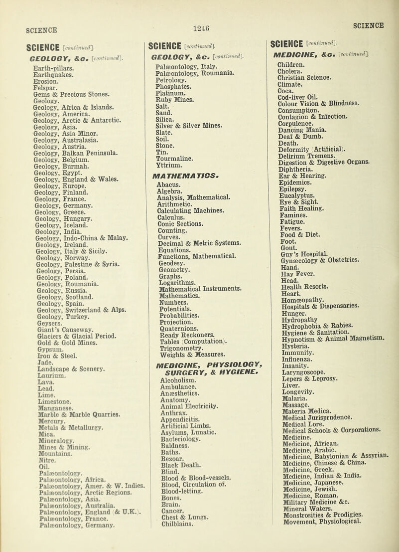 SCIENCE [contimtedl. I GEOLOGY, &Cm [contimied']. Earth-piUars. Earthquakes. Erosion. Felspar. Gems & Precious Stones. Geology. Geology, Africa & Islands. Geology, America. Geology, Arctic & Antarctic. Geology, Asia. Geology, Asia Minor. Geology, Australasia. Geology, Austria. Geology, Balkan Peninsula. Geology, Belgium. Geology, Burmah. Geology, Egypt. Geology, England & Wales. Geology, Europe. Geology, Finland. Geology, France. Geology, Germany. Geology, Greece. Geology, Hungary. ] Geology, Iceland. Geology, India. Geology, Indo-China & Malay. Geology, Ireland. Geology, Italy & Sicily. Geology, Norway. Geology, Palestine & Syria. Geology, Persia. Geology, Poland. Geology, Roumania. Geology, Russia. Geology, Scotland. Geology, Spain. Geology, Switzerland & Alps. Geology, Turkey. Geysers. Giant’s Causeway. Glaciers & Glacial Period. Gold & Gold Mines. Gypsum. Iron & Steel. Jade. Landscape & Scenery. Laurium. Lava. Lead. Lime. Limestone. Manganese. Marble & Marble Quarries. Mercury. Metals & Metallurgy. Mica. Mineralogy. Mines & Mining. Mountains. Nitre. Oil. Palaeontology. Palaeontology, Africa. Palaeontology, Amer. & W. Indies. Palaeontology, Arctic Regions. Palaeontology, Asia. Palaeontology, Australia. Palaeontology, England '& U.K. . Palaeontology, France. Palaeontology, Germany. SCIENCE Icontinuedl. GEOLOGY, &G. [eontimied]. Palaeontology, Italy. Palaeontology, Roumania. Petrology. Phosphates. Platinum. Ruby Mines. Salt. Sand. Silica. Silver & Silver Mines. Slate. Soil. Stone. Tin. Tourmaline. Yttrium. MATHEMATICS. Abacus. Algebra. Analysis, Mathematical. Arithmetic. Calculating Machines, j Calculus. Conic Sections. Counting. Curves. Decimal & Metric Systems. Equations. Functions, Mathematical. Geodesy. Geometry. Graphs. Logarithms. Mathematical Instruments. Mathematics. Numbers. Potentials. Probabilities. Projection. Quaternions. Ready Reckoners. Tables (Computation). Trigonometry. Weights & Measures. MEDICINE, PHYSIOLOGY, SURGERY, & HYGIENE. Alcoholism. Ambulance. Anaesthetics. Anatomy. Animal Electricity. Anthrax. Appendicitis. Artificial Limbs. Asylums, Lunatic. Bacteriology. Baldness. Baths. Bezoar. I Black Death. I Blind. Blood & Blood-vessels. ' Blood, Circulation of. ' Blood-letting. I Bones. Brain. Cancer. Chest & Lungs. Chilblains. SCIENCE \po7itinued]. MEDICINE, &C. [continued}. Children. Cholera. Christian Science. Climate. Coca. Cod-liver Oil. Colour Vision & BUndness. Consumption. Contagion & Infection. Corpulence. Dancing Mania. Deaf & Dumb. Death. Deformity (Artificial). Delirium Tremens. Digestion & Digestive Organs. Diphtheria. Ear & Hearing. Epidemics. Epilepsy. Eucalyptus. Eye & Sight. Faith Healing. Famines. Fatigue. Fevers. Food & Diet. Foot. Gout. Guy’s Hospital. Gynsecology & Obstetrics. Hand. Hay Fever. Head. Health Resorts. Heart. Homoeopathy. Hospitals & Dispensaries. Hunger. Hydropathy Hydrophobia & Rabies. Hygiene & Sanitation. Hypnotism & Animal Magnetism. Hysteria. Immunity. Influenza. Insanity. Laryngoscope. Lepers & Leprosy. Liver. Longevity. Malaria. Massage. Materia Medica. Medical Jurisprudence. Medical Lore. Medical Schools & Corporations. Medicine. Medicine, African. Medicine, Arabic. Medicine, Babylonian & Assyrian. Medicine, Chinese & China. Medicine, Greek. Medicine, Indian & India. Medicine, Japanese. Medicine, Jewish. I Medicine, Roman. Military Medicine &c. Mineral Waters. Monstrosities & Prodigies. Movement, Physiological.