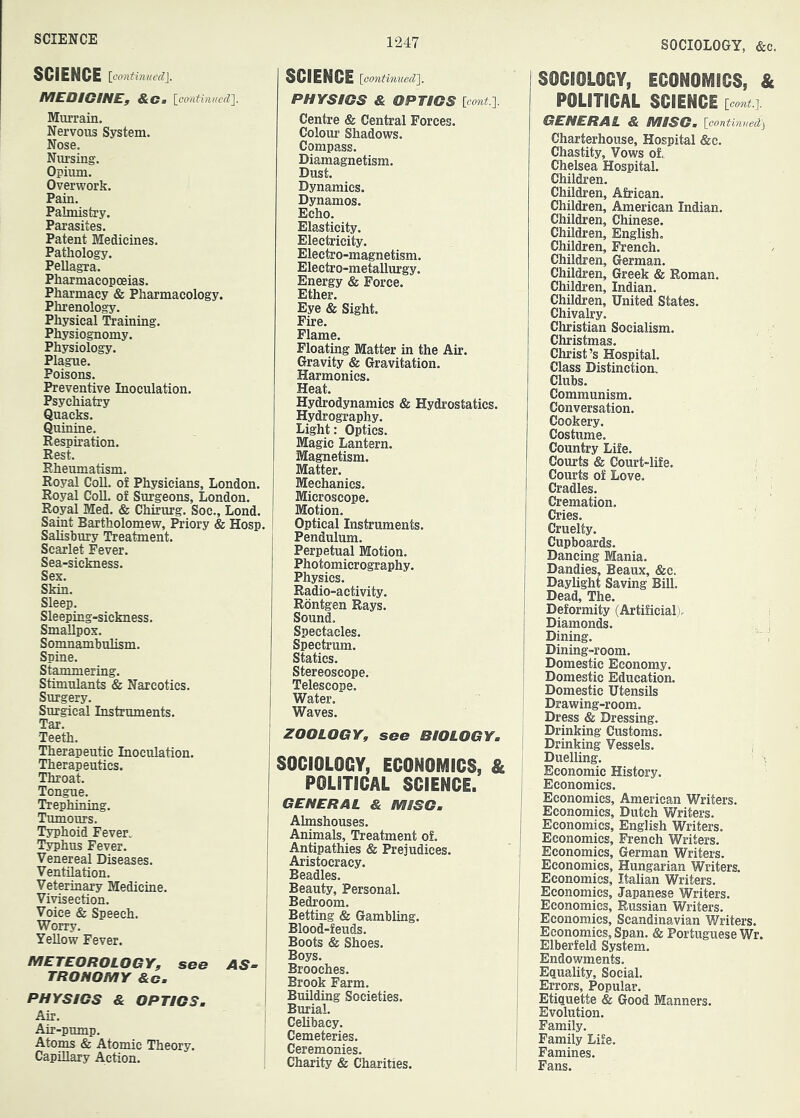 SOCIOLOGY, &c. SCIENCE {continued]. MEDICINE, &Cm {ca'fitinued]. Murrain. Nervous System. Nose. Nursing'. Opium. Overwork. Pain. Palmistry. Parasites. Patent Medicines. Pathology. PellagTa. Pharmacopoeias. Pharmacy & Pharmacology. Phrenology. Physical Training. Physiognomy. Physiology. Plag'ue. Poisons. Preventive Inoculation. Psychiatry Quacks. Quinine. Respiration. Rest. Rheumatism. Royal Coll, of Physicians, London. Royal Coll, of Surgeons, London. Royal Med. & Chirurg. Soc., Lond. Saint Bartholomew, Priory & Hosp. Salisbury Treatment. Scarlet Fever. Sea-sickness. Sex. Skin. Sleep. Sleeping-sickness. Smallpox. Somnambulism. Spine. Stammering. Stimulants & Narcotics. Surgery. Surgical Instruments. j-eein. Therapeutic Inoculation. Therapeutics. Throat. Tongue. Trephining. Tumours. Typhoid Fever. Typhus Fever. Venereal Diseases. Ventilation. Veterinary Medicine. Vivisection. Voice & Speech. Worry. Yellow Fever. METEOROLOGY, see AS- TRONOMY &Cm PHYSICS & OPTICS, Air. Air-pump. Atoms & Atomic Theory. Capillary Action. SCIENCE ntinued], PHYSIOS & OPTICS [cont.]. Centre & Central Forces. Colour Shadows. Compass. Diamagnetism. Dust. Dynamics. Dynamos. Echo. Elasticity. Electricity. Electro-magnetism. Electro-metallurgy. Energy & Force. Ether. Eye & Sight. Fire. Flame. Floating Matter in the Air. Gravity & Gravitation. Harmonics. Heat. Hydrodynamics & Hydrostatics. Hydrography. Light: Optics. Magic Lantern. Magnetism. Matter. Mechanics. Microscope. Motion. Optical Instruments. Pendulum. Perpetual Motion. Photomicrography. Physics. Radio-activity. Rontgen Rays. Sound. Spectacles. Spectrum. Statics. Stereoscope. Telescope. Water. Waves. ZOOLOGY, see BIOLOGY. SOCIOLOGY, ECONOMICS, & POLITICAL SCIENCE. GENERAL & MISG, Almshouses. Animals, Treatment of. , Antipathies & Prejudices, j Aristocracy. Beadles. Beauty, Personal. Bedroom. Betting & Gambling. I Blood-feuds. ! Boots & Shoes, i Boys. Brooches. I Brook Farm. 1 Building Societies. J Burial. Celibacy. Cemeteries. Ceremonies. Charity & Charities. SOCIOLOGY, ECONOMICS, & POLITICAL SCIENCE {cont.}. GENERAL & MISG, {continued] Charterhouse, Hospital «&c. Chastity, Vows of, Chelsea Hospital. Children. Children, African. Children, American Indian. Children, Chinese. Children, English, Children, French. Children, German. Children, Greek & Roman. Children, Indian. Children, United States. Chivalry. Christian Socialism. Christmas. Christ’s Hospital. Class Distinction. Clubs. Communism. Conversation. Cookery. Costume. Country Life. Courts & Court-life. Courts of Love. Cradles. Cremation. Cries. Cruelty. Cupboards. Dancing Mania. Dandies, Beaux, &e. Daylight Saving Bill. Dead, The. Deformity (Artificial). Diamonds. Dining. Dining-room. Domestic Economy. Domestic Education. Domestic Utensils Drawing-room. [ Dress & Dressing. Drinking Customs. I Drinking Vessels. Duelling. ; Economic History. Economies. Economics, American Writers. Economics, Dutch Writers. Economics, English Writers, Economics, French Writers. Economics, German Writers. Economics, Hungarian Writers. Economics, Italian Writers. Economics, Japanese Writers. Economics, Russian Writers. Economics, Scandinavian Writers. Economics, Span. & Portuguese Wr. Elberfeld System. Endowments. Equality, Social. Errors, Popular. Etiquette & Good Manners. Evolution. Family. Family Life. Famines. Fans.