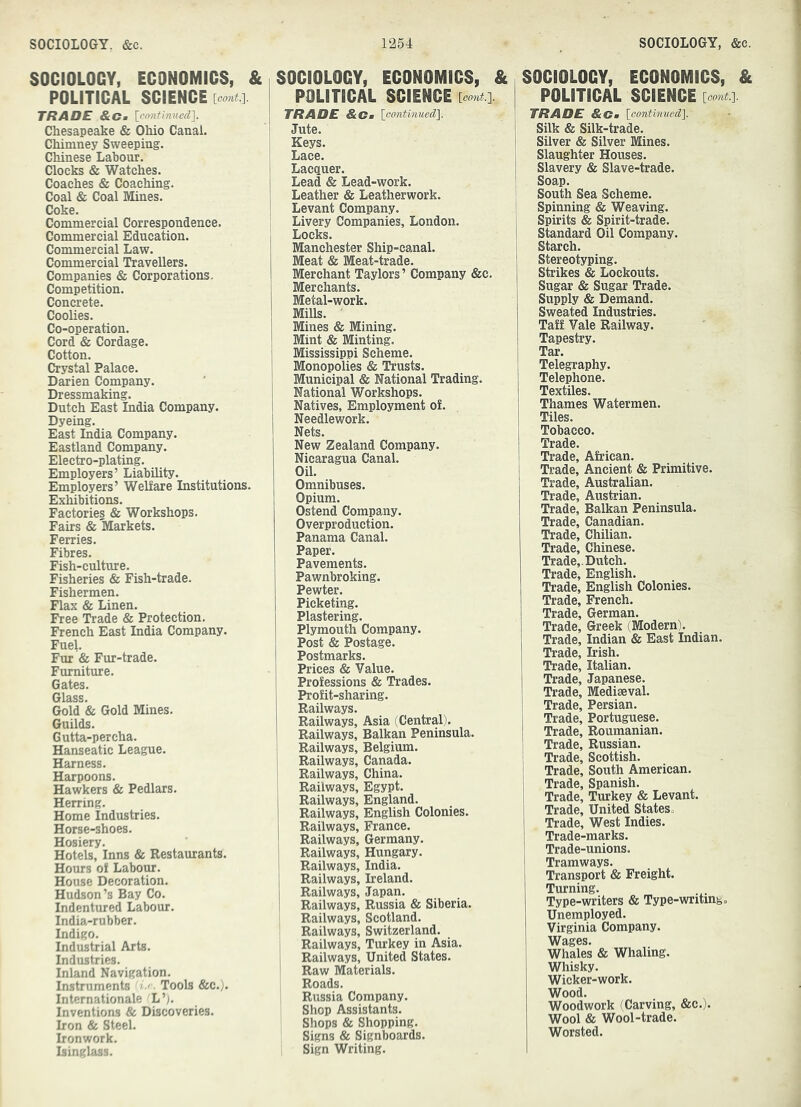 SOCIOLOGY, ECONOMICS, & POLITICAL SCIENCE {Gonti\. TRADE &Cm {^cantinued']. Chesapeake & Ohio Canal. Chimney Sweeping. Chinese Labour. Clocks & Watches. Coaches & Coaching. Coal & Coal Mines. Coke. Commercial Correspondence. Commercial Education. Commercial Law. Commercial Travellers. Companies & Corporations. Competition. Concrete. Coolies. Co-operation. Cord & Cordage. Cotton. Crystal Palace. Darien Company. Dressmaking. Dutch East India Company. Dyeing. East India Company. Eastland Company. Electro-plating. Employers’ Liability. Employers’ Welfare Institutions. Exhibitions. Factories & Workshops. Fairs & Markets. Ferries. Fibres. Fish-culture. Fisheries & Fish-trade. Fishermen. Flax & Linen. Free Trade & Protection. French East India Company. Fuel. Fur & Fur-trade. Furniture. Gates. Glass. Gold & Gold Mines. Guilds. Gutta-percha. Hanseatic League. Harness. Harpoons. Hawkers & Pedlars. Herring. Home Industries. Horse-shoes. Hosiery. Hotels, Inns & Restaurants. Hours of Labour. House Decoration. Hudson’s Bay Co. Indentured Labour. India-rubber. Indigo. Industrial Arts. Industries. Inland Navigation. Instruments Tools &c.). Internationale L’j. Inventions & Discoveries. Iron & Steel. Ironwork. Isinglass. SOCIOLOGY, ECONOMICS, & POLITICAL SCIENCE TRADE &Cm \Gontinued\ Jute. Keys. Lace. Lacquer. Lead & Lead-work. Leather & Leatherwork. Levant Company. Livery Companies, London. Locks. Manchester Ship-canal. Meat & Meat-trade. Merchant Taylors ’ Company &c. Merchants. Metal-work. Mills. Mines & Mining. Mint & Minting. Mississippi Scheme. Monopolies & Trusts. Municipal & National Trading. National Workshops. Natives, Employment of. Needlework. Nets. New Zealand Company. Nicaragua Canal. Oil. Omnibuses. Opium. Ostend Company. Overproduction. Panama Canal. Paper. Pavements. Pawnbroking. Pewter. Picketing. Plastering. Plymouth Company. Post & Postage. Postmarks. Prices & Value. Professions & Trades. Profit-sharing. Railways. Railways, Asia (Central). Railways, Balkan Peninsula. Railways, Belgium. Railways, Canada. Railways, China. Railways, Egypt. Railways, England. Railways, English Colonies. Railways, France. Railways, Germany. Railways, Hungary. Railways, India. Railways, Ireland. Railways, Japan. Railways, Russia & Siberia. Railways, Scotland. Railways, Switzerland. Railways, Turkey in Asia. Railways, United States. Raw Materials. Roads. Russia Company. Shop Assistants. Shops & Shopping. Signs & Signboards. Sign Writing. SOCIOLOGY, ECONOMICS, & POLITICAL SCIENCE [oont.]. TRADE &Cm \eontinued\ Silk & Silk-trade. Silver & Silver Mines. Slaughter Houses. Slavery & Slave-trade. Soap. South Sea Scheme. Spinning & Weaving. Spirits & Spirit-trade. Standard Oil Company. Starch. Stereotyping. Strikes & Lockouts. Sugar & Sugar Trade. Supply & Demand. Sweated Industries. Taff Vale Railway. Tapestry. Tar. Telegraphy. Telephone. Textiles. Thames Watermen. Tiles. Tobacco. Trade. Trade, African. Trade, Ancient & Primitive. Trade, Australian. Trade, Austrian. Trade, Balkan Peninsula. Trade, Canadian. Trade, Chilian. Trade, Chinese. Trade,. Dutch. Trade, English. Trade, English Colonies. Trade, French. Trade, German. Trade, Greek (Modern). Trade, Indian & East Indian. Trade, Irish. Trade, Italian. Trade, Japanese. Trade, Mediaeval. Trade, Persian. Trade, Portuguese. Trade, Roumanian. Trade, Russian. Trade, Scottish. Trade, South American. Trade, Spanish. Trade, Turkey & Levant. Trade, United States. Trade, West Indies. Trade-marks. Trade-unions. Tramways. Transport & Freight. Turning. Type-writers & Type-writing. Unemployed. Virginia Company. Wages. Whales & Whaling. Whisky. Wicker-work. Wood. Woodwork fCarving, &c.). Wool & Wool-trade. Worsted.