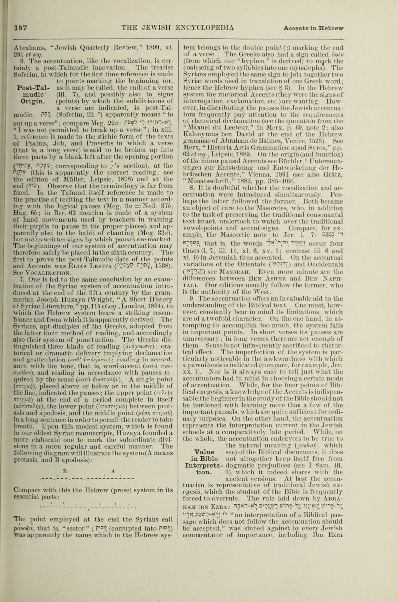 I Abrahams, “Jewish Quarterly Review,” 1899, xi. 291 et seq. ' G. Tlie accentuation, like the vocalization, is cer- I tainly a post-Talmudic innovation. The treatise I Soferim, in which for the first time reference is made ; to points marking the beginning (or, ' Post-Tal- as it may be called, the end) of a verse ' mudic' (iii. 7), and possibly also to signs Origin. (points) by which the subdivisions of a verse are indicated, is post-Tal- mudic. PP? (Soferim, iii. 7) apparently means “ to cut up a verse”; compare Meg. 22«: pPp'p ''i' “I was not permitted to break up a verse”: in xiii. 1, reference is made to the stichic form of the texts of Psalms, Job, and Proverbs in which a verse (that is, a long verse) is said to be broken up into three parts by a blank left after the opening portion (nn'.T's, corresponding to y’s section), at the (this is apparently the correct reading; see the edition of Muller, Leipsic, 1878) and at tlie I end ('T'°). Observe that the terminology is far from ‘ fixed. In the Talmud itself reference is made to ' the practise of reciting the text in a manner accord- ing with the logical pauses (Meg. 3rt = Ned. 376; i Hag. 66 ; in Ber. 62 mention is made of a system of hand movements used by teachers in training their pupils to pause in the proper places), and ap- parently also to the habit of chanting (Meg. 32«), but not to written signs by which pauses are marked. The beginnings of our system of accentuation may therefore safely be placed in the sixth century. The first to prove the post-Talmudic date of the points and Accents was Elias Levita '^•7°?, 1538). See VocAi.izATioN. 7. One is led to the same conclusion by an exam- ination of the Syriac system of accentuation intro- duced at the end of the fifth century by the gram- marian Joseph Huzaya (Wright, “A Short History ! of Syriac Literature,” pp. 115 London, 1894), to j which the Hebrew system bears a striking resem- ' blance and from which it is apparently derived. The Syrians, apt disciples of the Greeks, adopted from the latter their method of reading, and accordingly I also their system of punctuation. Tlie Greeks dis- I tinguished three kinds of reading {avayvuai^); ora- ' torical or dramatic delivery implying declamation and gesticulation {nad' v-rroKpiatv); reading in accord- ance with the tone, that is, word-accent {Kara irpo- i audlav), and reading in accordance with pauses re- I quired by the sense (Kara SiaaToXijv). A single point (ariypr/), placed above or below or in the middle of the line, indicated the pauses; the upper point {relda 1 OTiy/itj) at the end of a period complete in itself j (avToreX^g), the lower point {vTzooTiyprj) between prot- ' asis and apodosis, and the middle point (iienn aTiyfiij) in a long sentence in order to iiermit the reader to take breath. Upon this modest system, which is found in our oldest Syriac manuscripts, Huzaya founded a more elaborate one to mark the subordinate divi- sions in a more regular and careful manner. The following diagram will illustrate the system (A means protasis, and B apodosis): B A Compare with this the Hebrew (prose) system in its essential parts; The point employed at the end the Syrians call pasoka, that is, “sector” ; P''f3 (corrupted into piD-) was apparently the name which in the Hebrew sys- tem belongs to the double point (;) marking the end of a verse. The Greeks also had a sign called vepiv (from which our “hyphen” is derived) to mark the coalescing of two syllables into one (synalephap The Syrians employed the same sign to join together two Syriac words used in translation of one Greek word; hence the Hebrew hyphen (see § 3). In the Hebrew system the rhetorical Accents (they were the signs of interrogation, exclamation, etc.)are wanting. How- ever, in distributing the pausesthe Jewish accentua- tors frequently pay attention to the requirements of rhetorical declamation (see the quotation from the “Manuel du Lectcur,” in ^lerx, j). 69, note 2; also Kalonymus ben David at the end of the Hebrew grammar of Abraham de Balnies, Venice, 1523). See Merx, “ Hi.storia Artis Grammaticic a])ud Sj’ros,” pp. 62e<«cy., Leipsic, 1889. On tlie origin (and function) of the minor pausal Accents see Buchler, “ Untersuch- ungen zur Entstehung und Entwickelung der He- briiischen Accente,” Vienna, 1891 (see also Griitz, “Monatsschrift,” 1882, jip. 38.5-409). 8. It is doubtful whether the vocalization and ac- centuation were introduced simultaneously. Per- haps the latter followed the former. Both became an object of care to the Masoretes, who, in addition to the task of preserving the traditional consonantal text intact, undertook to W'atch over the traditional vowel-points and accent-signs. Conqiare, for ex- ample, the Masoretic note to Jer. i. 7; that is, the words '*r8. 'P.Nl occur four times (i. 7, iii. 11, xi. 6, xv. 1; contrast iii. 6 and xi. 9) in Jeremiah thus accented. On tlie accentual variations of the Orientals (''8'7U'-) and Occidentals ('?‘?7>7p_) see jVIasokaii. Even more minute are the dill'erences between Ben Asiiek and Ben Napii- TALi. Our editions usually follow the former, Avho is the authority of the West. 9. The accentuation ofi'ers an invaluable aid to the understanding of the Biblical text. One must, how- ever, constantly bear in mind its limitations, which are of a twofold character. On the one hand, in at- tempting to accomplish too much, the sj'stcm fails in important points. In short verses its pauses are unnecessary; in long verses there are not enough of them. Sense is not infreiiuently sacrificed to rhetor- ical effect. The imperfection of the R3’steni is ]iar- ticularly noticeable in the awkwardness Avith which a parenthesis is indicated (compare, forexanijile, Jer. XX. 1). Nor is it always easy to tell just Avliat the accentuators had in mind in choosing a certain mode of accentuation. While, for the finer points of Bib- lical exegesis, a knoAvlcdge of the Accents is indisjien- sable, the beginner in the stud j' of the Bible should not be burdened Avith learning more than a fcAv of the important pausals, Avhich are quite sullicient for ordi- nary purposes. On the other hand, the accentuation represents the interpretation current in the JcAvish schools at a comparativelj^ late period. While, on the Avhole, the accentuation endeavors to be true to the natural meaning {peshat-, Avhich Value sec) of the Biblical documents, it does in Bible not altogether keep itself free from Interpreta- dogmatic prejudices (see I Sam. iii. tion. 3), Avhich it indeed shares Avith the ancient versions. At best the accen- tuation is representative of traditional JeAvish ex- egesis, Avhich the student of the Bible is frequently forced to overrule. The rule laid doAvn by Abra- ham iBN Ezra: nisn-s*? D'c;;on rns-Sj; vSn iS “ no interpretation of a Biblical pas- sage which does not folloAv the accentuation should be accepted,” Avas sinned against by every JeAvish commentator of importance, including Ibn Ezra