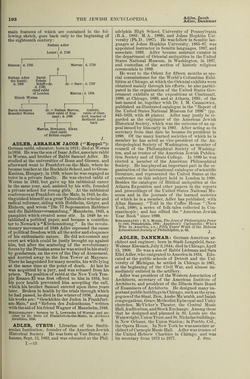 Adibe, Jacob Adler, Dankmar main features of which are contained in the fol- lowing sketch, goes back only to the beginning of the eighteenth century: Nathan Adler I Leizer; d. 1746 Simeon d. 1765 X Marcus; d. 1758 Nathan Adler David | the Hasid; Tebele | | d. 1800 Schifl=dr. dr. = Baer; d. 1767 d. 1792, I chief rabbi I of London Marcus; d. 1834 Hirsch Worms Baron Solomon dr. = Nathan Marcus, Gabriel, Benedict Worms chief rabhl of Eng- rabbi of Ober- land; d. 1890 dorf, teacher of I Berthold Auer- 1 1 bach Marcus, Hermann, Elkan chief rabbi of British empire ADLER, ABRAHAM JACOB (“Koppel”): German rabbi, educator; born in 1813; died at Worms in 1856. He was the son of Isaac Adler, associate rabbi in Worms, and brother of Rabbi Samuel Adler. He studied at the universities of Bonn and Giessen, and afterward went to Frankfort-on-the-Main, where he became teacher at the Buchholz School, and to Gross- Kanizsa, Hungary, in 1839, where he was engaged as tutor in a private family. He was elected rabhi of Worms in 1842, but gave up his rabbinical career in the same year, and, assisted by his wife, founded a private school for young girls. At the rabbinical conferences at Frankfort-on-the-Main, in 1845, he dis- tinguished himself as a great Talmudical scholar and radical reformer, siding with Holdheim, Geiger, and Einhom, and wrote “ Die 77 Sogenannten Rabbiner und die Rabbinesversammlung,” Mannheim, 1845, a pamphlet which created some stir. In 1848 he es- tablished a political paper, and became a contribu- tor to Nowack’s “ Kirchenzeitung. ” In the revolu- tionary movement of 1848 Adler espoused the cause of political freedom with all the ardor and eloquence of his enthusiastic nature. He did not commit any overt act which could be justly brought up against him, but after the scattering of the revolutionary forces by the Prussian arms he was seized in his study by gendarnies, on the eve of the Day of Atonement, and hurried away to the Iron Tower at Mayence. There he languished for many months, his wife lying at the same time at the point of death. At last he was acquitted by a jury, and was released from his prison. The position of rabbi at the New York Tem- ple Emanu-El was first offered to him in 1854, but his poor health prevented him accepting the call, which his brother Samuel entered upon three years later. Broken in health by the trials through which he had passed, he died in the winter of 1856. Among his works are: “Geschichte der Juden in Frankfurt- am-Main,” and “Reform des Judenthums,” written with the aid of his friend Wagner of Mannheim, 1846. Bibliography : Sermon by L. Lewysohn (of Worms) and an- other by Dr. Stein (of Frankfort-on-the-Main), in Archives Israelites, 1856. g ADLER, CYRUS : Librarian of the Smith- sonian Institution; founder of the American Jewish Historical Society. He was born at Van Buren, Ar- kansas, Sept. 13,1863, and was educated at the Phil- I.—13 adelphia High School, University of Pennsylvania (B.A., 1883; M.A., 1886), and Johns Hopkins Uni- versity (Ph.D., 1887). He was fellow in Semitic lan- guages at Johns Hopkins University, 1885-87, was appointed instructor in Semitic languages, 1887, and associate, 1892. Adler became assistant curator in the department of Oriental antiquities in the United States National Museum, in Washington, in 1887, and custodian of the section of historic religious ceremonials in 1889. He went to the Orient for fifteen months as spe- cial commissioner for the World’s Columbian Exhi- bition at Chicago, at which the Oriental exhibits were obtained mainly through his efforts; he also partici- pated in the organization of the United States Gov- ernment exhibits at the expositions at Cincinnati, 1888, at Chicago, 1893, and at Atlanta, 1895; of the last-named he, together with Dr. 1. M. Casanowuez, published an illustrated catalogue in the “ Report of the United States National Museum for 1896 ” (pp. 943-1023, with 46 plates). Adler may justly be re- garded as the originator of the American Jewish Historical Society, which was the outcome of an aj)- peal issued by him early in 1892. After acting as its secretary from that date he became its president in 1898. Of the many learned societies of which he is member he has acted as vice-president of the An- thropological Society of Washington, as member of council of the Philosophical Society of Washing- ton, and as trustee of the American Jewi.sli Publica- tion Society and of Gratz College. In 1899 he was elected a member of the American Philosophical Society. He has played an important part in the or- ganization of the international catalogue of scientific literature, and represented the United States at the conference on this subject held in London in 1898. Besides the catalogue of Biblical antiquities at the Atlanta Exposition and otlier papers in the reports and proceedings of the United States National Mu- seum and in the journals of the learned societies of which he is a member, Adler has published, with Allan Ramsay, “ Told in the Coffee House ” (New York, 1898), a series of folk-tales collected in Con- stantinople ; and has edited the “ American Jewish Year Book” since 1899. Bibliography : H. S. Morals, The Jews of Philadelphia Prior to 7SOO, Philadelphia, 1883: Appleton’s Cyclopedia-, Who's Who in America, s.v.; Fifty Years' Work of the Hebrew Educational Society of Philadelphia, p. 62. j ADLER, DAHKMAR: German-American ar- chitect and engineer; born in Stadt-Lengsfeld, Saxe- Weimar-Eisenach, July 3,1844; died in Chicago, April 15, 1900. He was a son of Rabbi Liebman and Sara Eliel Adler, who emigrated to America in 1854. Edu- cated at the public schools of Detroit and the Uni- versity of Michigan, he settled in Chicago in 1861, at the beginning of the Civil War, and almost im- mediately enlisted in the artillery. Adler was president of the Western Association of Architects, secretary of the American Institute of Architects, and president of the Illinois State Board of Examiners of Architects. He designed many im- portant public buildings in Chicago, such as the syna- gogues of the Sinai, Zion, Anshe Ma'arabh, and Isaiah congregations, Grace Methodist Episcopal and Unity churches, McVicker’s Theater, the Central Music Hall, Auditorium, and Stock Exchange, Among those that he designed and planned in St. Louis are the Wainwright, Union Trust, and St. Nicholas buildings; in New Orleans, the Union Station; in Pueblo, Col., the Opera House. In New York he was associate ar- chitect of Carnegie Music Hall. Adler was trustee of the United Hebrew’ Charities in Chicago, and was its secretary from 1873 to 1877. J. Sto.