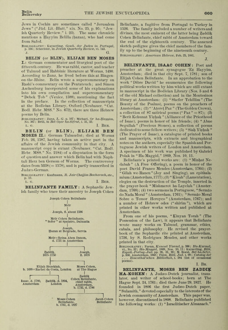 Belin Belkovsky THE JEWISH ENCYCLOPEDIA 660 Jews in Cochin are sometimes called “Jerusalem Jews” (“Jud. Lit.-Blatt,” xix. No. 25, p. 95; “Jew- ish Quarterly Review,” i. 23). The same chronicle mentions a Hayyim Belilla (hazan), who had come from Safed. Bibliography: Kayserling. Gesch. der Juden in Portugal, p. lots; Schechter, in Jewish Quarterly Review,\i. U3. j. G. BELIN (or BLIN), ELIJAH BEN MOSES I.: German commentator and liturgical poet of the fifteenth century. He was rabbi, cantor, and teacher of Talmud and Rabbinic literature at Worms, 1490. According to Zunz, he lived before this at Bingen- on-the-Rhine. Belin wrote a supercommentary on Rashi’s commentary on the Pentateuch; and Simon Asclienburg incorporated some of his explanations into his own compilation and supercommentary “ Debek Tob ” (Venice, 1588), mentioning the fact in the preface. In the collection of manuscripts at the Bodleian Library, Oxford (Neubauer, “Cat. Bodl. Hebr. MSS.” No. 672), there are three Hebrew poems by Belin. Bibliography: Zunz, L. G. p. 107: Michael, Or ha-Haggim, No. 367: Brill, in Bet Ozar ha-Si/nit, i. 31, 32. l. g. I. Bek. BELIN (or BLIN), ELIJAH BEN MOSES II.; German Talmudist; died at Worms Feb. 26, 1587, having taken an active part in the affairs of the Jewish community in that city. A manuscript copy is extant (Neubauer, “Cat. Bodl. Hebr. MSS.” No. 2184) of a disputation in the form of question and answer which Belin had with Napli- tali Herz ben Gersom of Worms. The controversy dates from 5338 (= 1578), and is partly transcribed in Judseo-German. Bibliography : Kaufmann, R. Jair Chajjim Bacharach, etc., p. 12. L. G. I. BER. BELINFANTE FAMILY : A Sephardic Jew- ish family who trace their ancestry to Joseph Cohen Joseph Cohen Belinfante I Me'ir Joseph, fl. about 1596 I Me'ir Cohen Belinfante, Sofer ” at Spalatro, Dalmatia Joseph, Hazan at Belgrade, Servia Me'ir=Reina Aben Danon, d. 1721 in Amsterdam Belinfante, a fugitive from Portugal to Turkey in 1526. The family included a number of writersand divines, the most eminent of the latter being Zaddik Cohen Belinfante, chief rabbi of Amsterdam toward the end of the eighteenth century. The annexed sketch-pedigree gives the chief members of the fam- ily up to the beginning of the nineteenth century. Bibliography : American Hebrew, Feb. 25, 1881. J. BELINFANTE, ISAAC COHEN: Poet and preacher at the great synagogue ‘Ez Hayyim, Amsterdam; died in that city Sept. 7, 1781; son of Elijah Cohen Belinfante. In an approbation to the work “ Dibre David ” he enumerates the following political works written by him which are still extant in manuscript in the Bodleiau Library (Nos. 5 and 6 of the old Michael collection) and in the Montesinos library at Amsterdam; (1) “Shefer Tehillim ” (The Beauty of the Psalms), poems on the preachers of Amsterdam ; (2) “ ‘ Ateret Paz ” (The Golden Crown), a collection of 87 satirical poems (“ Paz ” = 87); (3) “ Berit Kehunat Yizliak ” (Alliance of the Priesthood of Isaac), poems in honor of his friends; (4) “ Abne Segullah ” (Precious Stones), a collection of poems dedicated to some fellow-writers; (5) “ Siah Yizliak ” (The Prayer of Isaac), a catalogue of printed books and manuscripts, with extracts and biographical notes on the authors, especially the Spanish and Por- tuguese Jewish writers of London and Amsterdam. A specimen of his work was published by Gabriel Polak in “Ha-Maggid,” 1869, Nos. 10, 11. Beliufante’s printed works are: (1) “MinliatNe- dabah ” (A Free Offering), a poem in honor of the poet David Franco Mendes (Amsterdam, 1764); (2) “Gilali we-Ranen ” (Joy and Singing), an epithala- mium (Amsterdam, 1777); (3) “ Kinah” (Lamentation), elegies on the destruction of the Temple, inserted in the prayer-book “Mislimerot ha-Layelali” (Amster- dam, 1768); (4) two sermons in Portuguese, “Sermilo do Nada Moral” (Amsterdam, 1761); “Sermilo Moral Sobre o Temor Heroyco ” (Amsterdam, 1767); and a number of Hebrew odes (“shirim”), which are printed in other works written and published at Amsterdam. From one of his poems, “Iyinyan Torah” (The Possession of the Law), it appears that Belinfante wrote many works on Talmud, grammar, ethics, cabala, and philosophy. He revised the prayer- book of the Sephardic rite printed at Amsterdam, 1726, by S. Rodrigues Mendes, and other works printed in that city. Zaddik, 1675-1750 Joseph, fl. 1678 Elijah Hezeklah, b. 1699=Rachel da Costa, London Moses Cohen, at The Hague Isaac, d. 1780, Amsterdam Zaddik, d. 1804, London Zaddik Cohen Belinfante, chief rabbi, Amsterdam, b. 1732, d. 1786 Moses Cohen Jacob Cohen Belinfante, Belinfante b. 1761, d. 1827 Bibliography : Fuenn, Keneset YIsrael, p. 596; Ha-Karmcl, vi.. No. 32; Ha-Maggid, 1869, Nos. 10, 11: Kayserling, Bihl. Espan.-Pnrtug.-Jud. pp. 26, 31, 90; M. Roest, Bet ha-Sefcr, p. 350, Amsterdam, 1868; Fiirst. Bihl. Jud. i. 99; Catalog der . . . Rosenthal'schen Bibliotheh, i. 284 (list of occasional poems). I. Br. BELINFANTE, MOSES BEN ?ADDI£ HA-KOHEN: A Judoeo-Dutch journalist, trans- lator, and writer of school-books; born at The Hague Sept. 24, 1761; died there June 29, 1827. He founded in 1806 the first Judieo-Dutch paper, “ Sulamith, ” devoted especially to the interests of the Jewish community of Amsterdam. This paper was, however, discontinued in 1808. Belinfante published the following works: (1) “Israelitischer Almanack.”