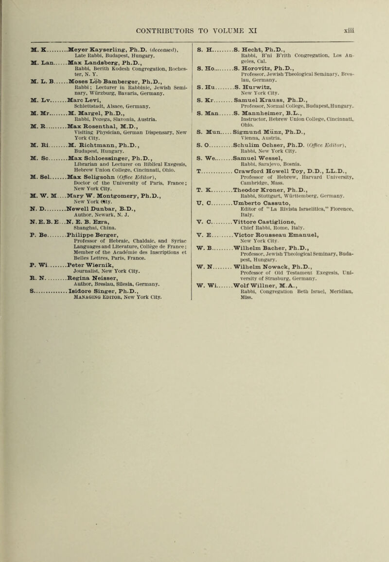 M. K ...Meyer Kayserling-, Ph.D. {deceased). Late Rabbi, Budapest, Hungary. S. H ...S. Hecht, Ph.D., Rabbi, B’ni B’rith Congregation, Los An- M. lian... ..Max Landsberg, Ph.D., geles. Cal. Rabbi, Berith Kodesh Congregation, Roches- ter, N. Y. S. Ho ...S. Horovitz, Ph.D., Professor, Jewish Theological Seminary, Bres- M. L.B... . .Moses Dob Bamberger, Ph.D., lau, Germany. Rabbi; Lecturer in Rabbinic, Jewish Semi- nary, Wurzburg, Bavaria, Germany. S. Hu.... .. .S. Hurwitz, New York City. M. Lv ..Marc Levi, Schlettstadt, Alsace, Germany. S. Kr .. Samuel Krauss, Ph.D., Professor, Normal College, Budapest, Hungary- M. Mr ..M. Margel, Ph.D., Rabbi, Pozega, Slavonia, Austria. S. Man... ...S. Mannheimer, B.L., Instructor, Hebrew Union College, Cincinnati, M. R . .Max Rosenthal, M.D., Ohio. Visiting Physician, German Dispensary, New York City. S. Mun... .. Sigmund Miinz, Ph.D., Vienna, Austria. M. Ri ..M. Richtmann, Ph.D., Budapest, Hungary. S. O ...Schulim Ochser, Ph.D. {Office Editor), Rabbi, New York City. M. Sc ..Max Schloeseinger, Ph.D., Librarian and Lecturer on Biblical Exegesis, S. We ..Samuel Wessel, Rabbi, Sarajevo, Bosnia. Hebrew Union College, Cincinnati, Ohio. T .. Crawford Howell Toy, D.D., LL.D., M. Sel ..Max Seligsohn {Office Editor), Doctor of the University of Paris, France; Professor of Hebrew, Harvard University, Cambridge, Mass. New York City. T. K ..Theodor Kroner, Ph.D., M. W. M.. . .Mary W. Montgomery, Ph.D., Rabbi, Stuttgart, Wurttemberg, Germany. New York 0ity. U. C ..Umberto Cassuto, N. D ..Newell Dunbar, B.D., Author, Newark, N. J. Editor of “ La Rivista Israelitlca,” Florence, Italy. N.E.B.E. . .N. E. B. Ezra, Shanghai, China. V. C ..Vittore Castiglione, Chief Rabbi, Rome, Italy. P. Be . .Philippe Berger, Professor of Hebraic, Chaldaic, and Syriac V. E .. .Victor Rousseau Emanuel, New York City. Languages and Literature, College de France; Member of the Acad^mie des inscriptions et Belles Lettres, Paris, France. W. B .. .Wilhelm Bacher, Ph.D., Professor, Jewish Theological Seminary, Buda- pest, Hungary. P. Wi . .Peter Wiernik, Journalist, New York City. W. N .. Wilhelm Nowack, Ph.D., Professor of Old Testament Exegesis. Uni- R. N ..Regina Neisser, versity of Strasburg, (iermany. Author, Breslau, Silesia, Germany. W, Wi.... ...Wolf Winner, M.A., S ..Isidore Singer, Ph.D., Managing editor. New York City. Rabbi, Congregation Beth Israel, Meridian, Miss.