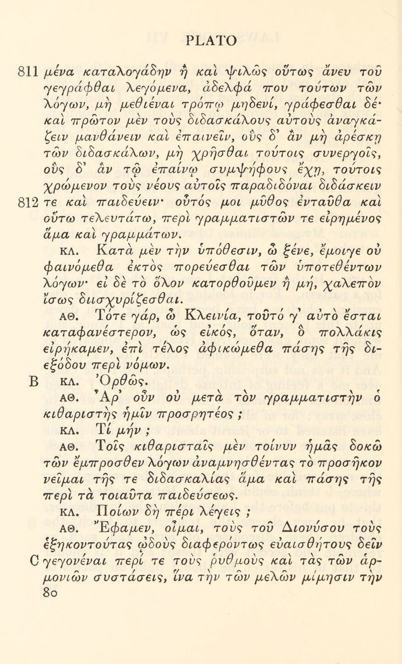 811 μ,ίνα καταΧο^άΒην ή καΐ ψίΧώς οΰτω'ς άνβυ του ^β^ράώθαυ XeyopLeva, άΒβΧφά ττον τούτων των Χό'γων, μη μεθιβναί τρόιτω μηΒενί, Ύράφεσθαι, δε* /cal ττρώτον μεν τούς οώασκάΧους αυτούς avay/cd- ζειν μανθάνειν /cal ετταινεΐν, ούς δ’ άν μη αρεσκη των 8ίΒασ/€άΧων, μη 'χ^ρησθαι τούτοις συvεpyoΐς, ούς δ’ άν τω ετταίνω συμφη^φους ε')(τρ, τούτοις 'χ^ρώμενον τούς νέους αύτοΐς τταραάίάόναι άίάάσκειν 812 Τ6 καΐ τταιΒεύειν' ουτός μοι μύθος ενταύθα /cal ούτω τεΧευτάτω, ττερί ypaμμaτLστώv τ€ εΙρημενος άμα /cal yραμμάτων. ΚΛ. Κατα μεν την υττόθεσιν, ω ξενε, εμoίyε ου φαινόμεθα ε/cτoς ττορεύεσθαι των ύττοτεθεντων Xόyωv· el δε το οΧον κατορθούμ^εν ή μη, 'χαΧεττον ϊσως ύασ'χυρίζεσθαι. ΑΘ. Τότε ydp, ω ΥίΧεινία, τούτο y αυτό εσται καταφανεστερον, ώ? ε^ύς, όταν, ο ττοΧΧάκις elpr]/caμεv, εττί τελο? άφικώμεθα Ίτάσης της Si- εξόύου ιτερί νόμων. Β ΚΛ. ^Ορθως. ΑΘ. ’Ajo’ ούν ου μετά τον ypaμμaτιστηv ό κιθαριστής ημιν ττροσρητέος; ΚΛ. Ιί μην ; ΑΘ. Tot? κιθαρισταΐς μεν τοίνυν ημάς ύοκώ των εμττροσθεν Xoycov άναμνησθεντας το ιτροσηκον νεΐμαι τής τε ΒιύασκαΧίας άμα καΐ ττάσης τής ττερΙ τά τοιαύτα τταιύεύσεως. ΚΛ. Π οίων 8ή ττερι Xεyεις ; ΑΘ. ''Έίφαμεν, οίμαι, τούς τού Αιονύσου τούς εζηκοντούτας ωύούς ύιαφερόντως ευαίσθητους 8εΐν C yεyovεvaι ττερι τε τούς ρυθμούς καΐ τάς των αρ- μονιών συστάσεις, ϊνα τήν των μεΧών μίμησιν την 8ο