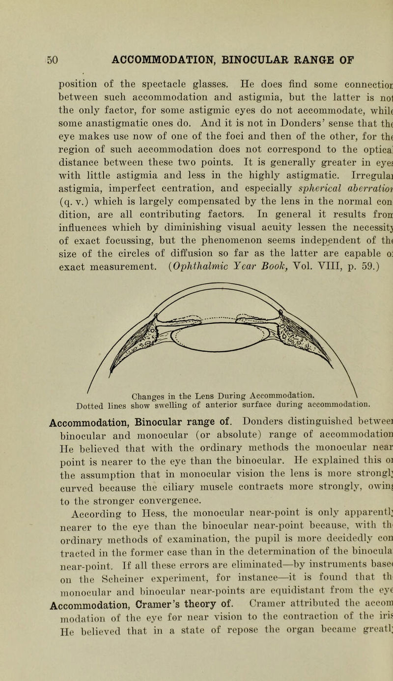 position of the spectacle glasses. He does find some connectior between such accommodation and astigmia, but the latter is no1 the only factor, for some astigmie eyes do not accommodate, whih some anastigmatic ones do. And it is not in Bonders’ sense that the eye makes use now of one of the foci and then of the other, for the region of such accommodation does not correspond to the optica! distance between these two points. It is generally greater in eyes with little astigmia and less in the highly astigmatic. Irregulai astigmia, imperfect centration, and especially spherical aberratior. (cpv.) which is largely compensated by the lens in the normal eon dition, are all contributing factors. In general it results fron influences which by diminishing visual acuity lessen the necessitj of exact focussing, but the phenomenon seems independent of th( size of the circles of diffusion so far as the latter are capable oj exact measurement. {Ophthalmic Year Booh, Vol. VIII, p. 59.) Accommodation, Binocular range of. Bonders distinguished betweei binocular and monocular (or absolute) range of aceommodatiou lie believed that with the ordinary methods the monocular near point is nearer to the eye than the binocular. He explained this oi the assumption that in monocular vision the lens is more strongb curved because the ciliary muscle contracts more strongly, OAviip to the stronger convergence. According to Hess, the monocular near-point is only apparentb nearer to the eye than the binocular near-point because, with tlr ordinary methods of examination, the pupil is more decidedly con tracted in the former case than in the determination of the binocula near-point. If all these errors are eliminated—by instruments basei on tlie Scheiner experimeiit, for instance—it is found that th monocnlar and binocular near-points are equidistant from the eye Accommodation, Cramer’s theory of. Cramer attributed the aceom modation of the eye foi- near vision to the contraction of the iris He believed that in a state of repose the organ became great!;