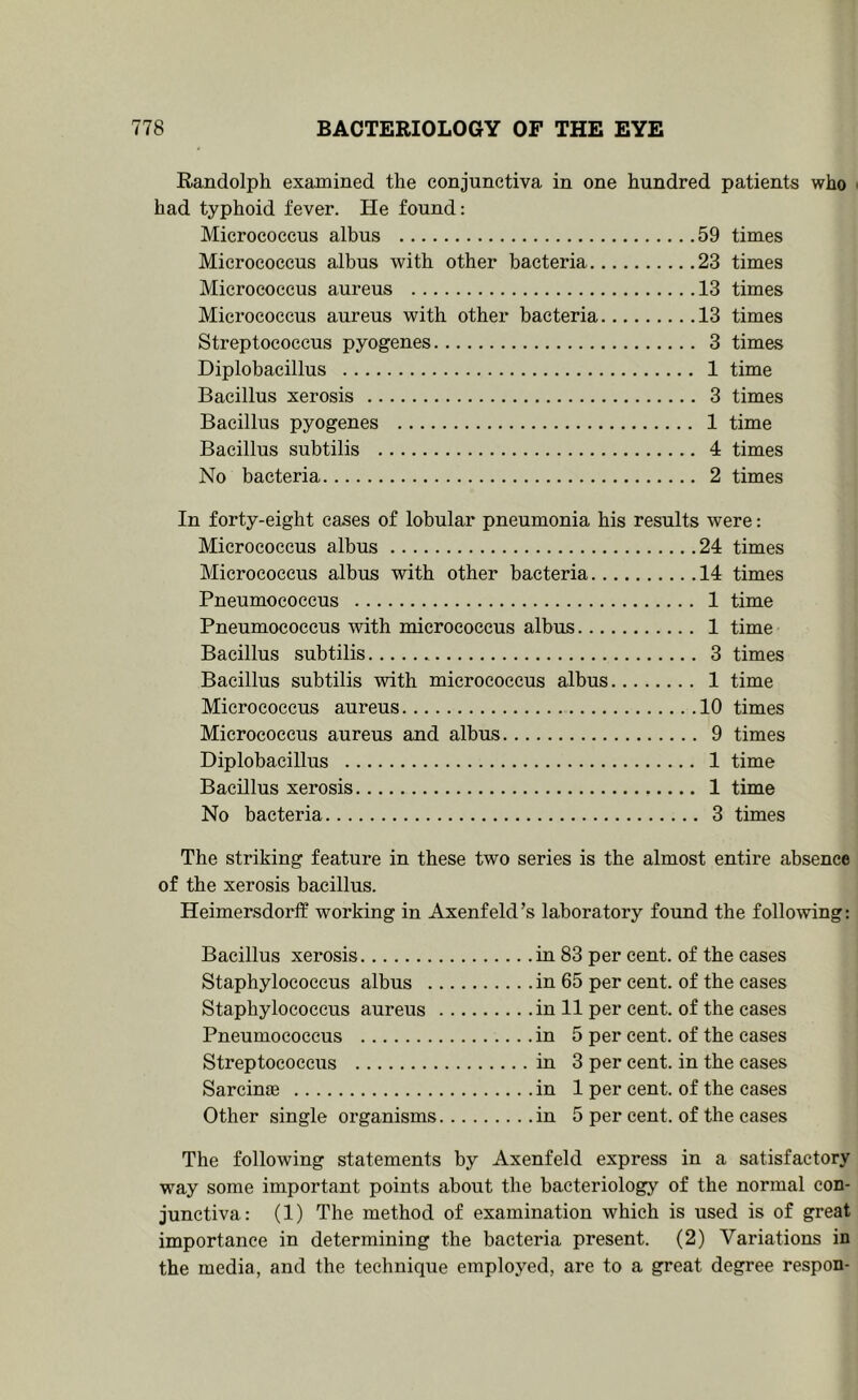 Randolph examined the conjunctiva in one hundred patients who ' had typhoid fever. He found: Micrococcus albus 59 times Micrococcus albus with other bacteria 23 times Micrococcus aureus 13 times Micrococcus aureus with other bacteria 13 times Streptococcus pyogenes 3 times Diplobacillus 1 time Bacillus xerosis 3 times Bacillus pyogenes 1 time Bacillus subtilis 4 times No bacteria 2 times In forty-eight cases of lobular pneumonia his results were: Micrococcus albus 24 times Micrococcus albus with other bacteria 14 times Pneumococcus 1 time Pneumococcus with micrococcus albus 1 time Bacillus subtilis 3 times Bacillus subtilis with micrococcus albus 1 time Micrococcus aureus 10 times Micrococcus aureus and albus 9 times Diplobacillus 1 time Bacillus xerosis 1 time No bacteria 3 times The striking feature in these two series is the almost entire absence of the xerosis bacillus. Heimersdorff working in Axenfeld’s laboratory found the following: Bacillus xerosis in 83 per cent, of the cases Staphylococcus albus in 65 per cent, of the cases Staphylococcus aureus in 11 per cent, of the eases Pneumococcus in 5 per cent, of the cases Streptococcus in 3 per cent, in the cases Sarcinae in 1 per cent, of the cases Other single organisms in 5 per cent, of the eases The following statements by Axenfeld express in a satisfactory way some important points about the bacteriology of the normal con- junctiva: (1) The method of examination which is used is of great importance in determining the bacteria present. (2) Variations in the media, and the technique employed, are to a great degree respon-