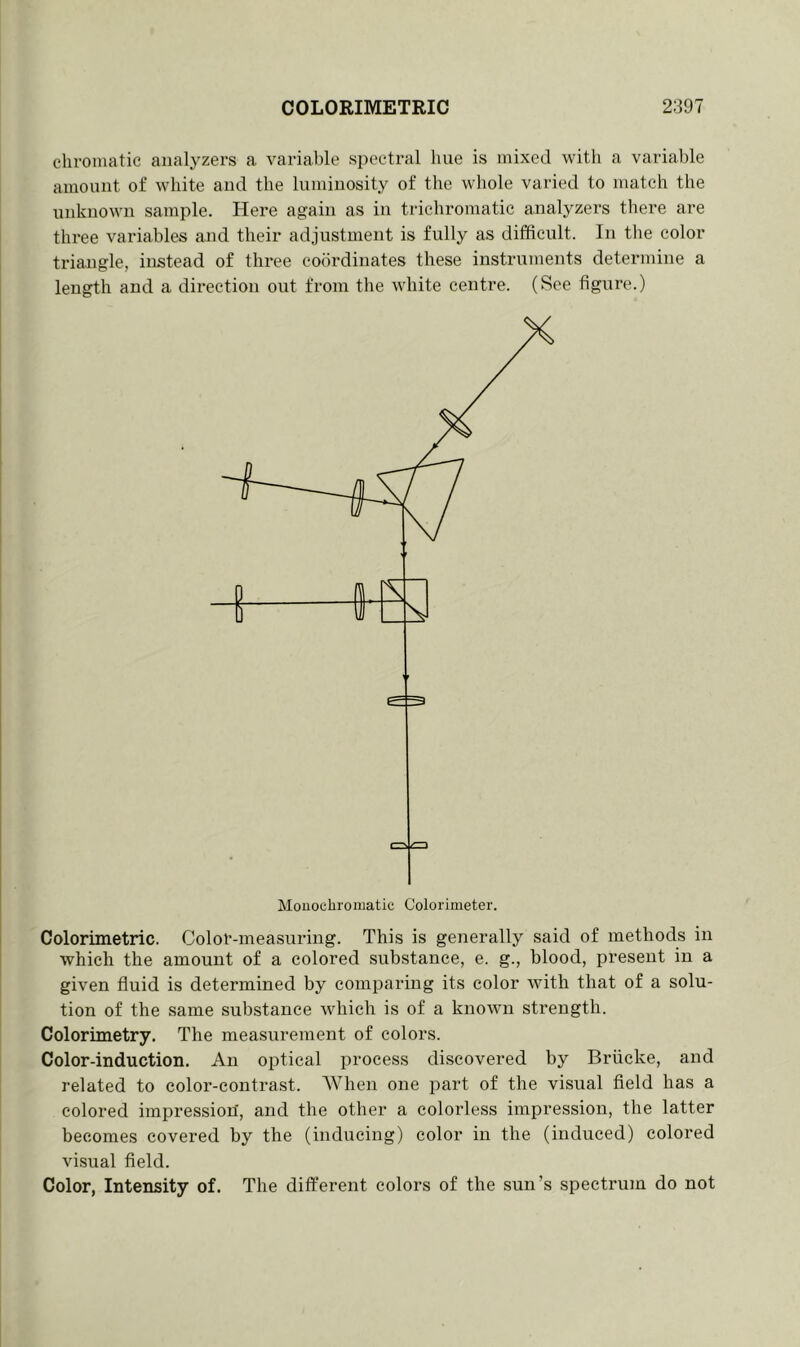 chromatic analyzers a variable spectral hue is mixed with a variable amount of white and the luminosity of the whole varied to match the unknown sample. Here again as in trichromatic analyzers there are three variables and their adjustment is fully as difficult. In the color triangle, instead of three coordinates these instruments determine a length and a direction out from the white centre. (See figure.) Colorimetric. Color-measuring. This is generally said of methods in which the amount of a colored substance, e. g., blood, present in a given fluid is determined by comparing its color with that of a solu- tion of the same substance which is of a known strength. Colorimetry. The measurement of colors. Color-induction. An optical process discovered by Briicke, and related to color-contrast. When one part of the visual field has a colored impression, and the other a colorless impression, the latter becomes covered by the (inducing) color in the (induced) colored visual field. Color, Intensity of. The different colors of the sun’s spectrum do not