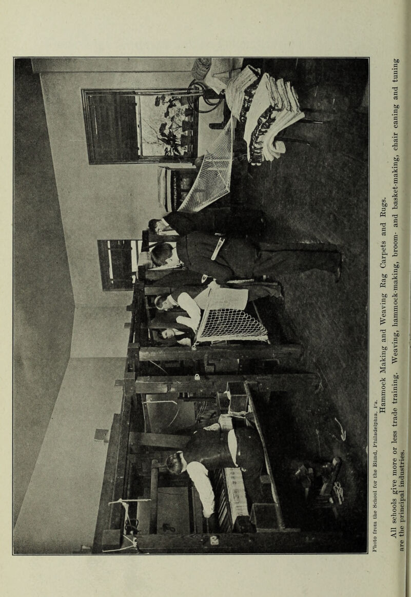 J'lujto from the yeliool for the Blind, I'iiiladelphia, I'a. Hammock Making and Weaving Rag Carpets and Rugs. All schools give more or less trade training. Weaving, hammock-making, broom- and basket-making, chair caning and tuning are the principal industries.