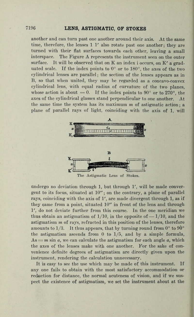 LENS, ASTIGMATIC, OF STOKES another and can turn past one another around their axis. At the same time, therefore, the lenses 1 1' also rotate past one another; they are turned with their flat surfaces towards each other, leaving a small interspace. The Figure A represents the instrument seen on the outer surface. It will be observed that on K an index i occurs, on K' a grad- uated scale. If the index points to 0° or to 180°, the axes of the two cylindrical lenses are parallel; the section of the lenses appears as in B, so that when united, they may be regarded as a concavo-convex cylindrical lens, with equal radius of curvature of the two planes, whose action is about = 0. If the index points to 90° or to 270°, the axes of the cylindrical glasses stand perpendicular to one another. At the same time the system has its maximum m of astigmatic action; a plane of parallel rays of light, coinciding with the axis of 1, will A The Astigmatic Lens of Stokes. undergo no deviation through 1, but through 1', will be made conver- gent to its focus, situated at 10; on the contrary, a plane of parallel rays, coinciding with the axis of 1', are made divergent through 1, as if they came from a point, situated 10 in front of the lens and through 1', do not deviate further from this course. In the one meridian we thus obtain an astigmatism of 1/10, in the opposite of —1/10, and the astigmatism m of rays, refracted in this position of the lenses, therefore amounts to 1/3. It thus appears, that by turning romid from 0° to 90° the astigmatism ascends from 0 to 1/5, and by a simple formula. As = m sin a, we can calculate the astigmatism for each angle a, which the axes of the lenses make with one another. For the sake of con- venience definite degrees of astigmatism are directly given upon the instrument, rendering the calculation unnecessary. It is easy to see the use which may be made of this instrument. If any one fails to obtain with the most satisfactory accommodation or reduction for distance, the normal acuteness of vision, and if we sus- pect the existence of astigmatism, we set the instrument about at the