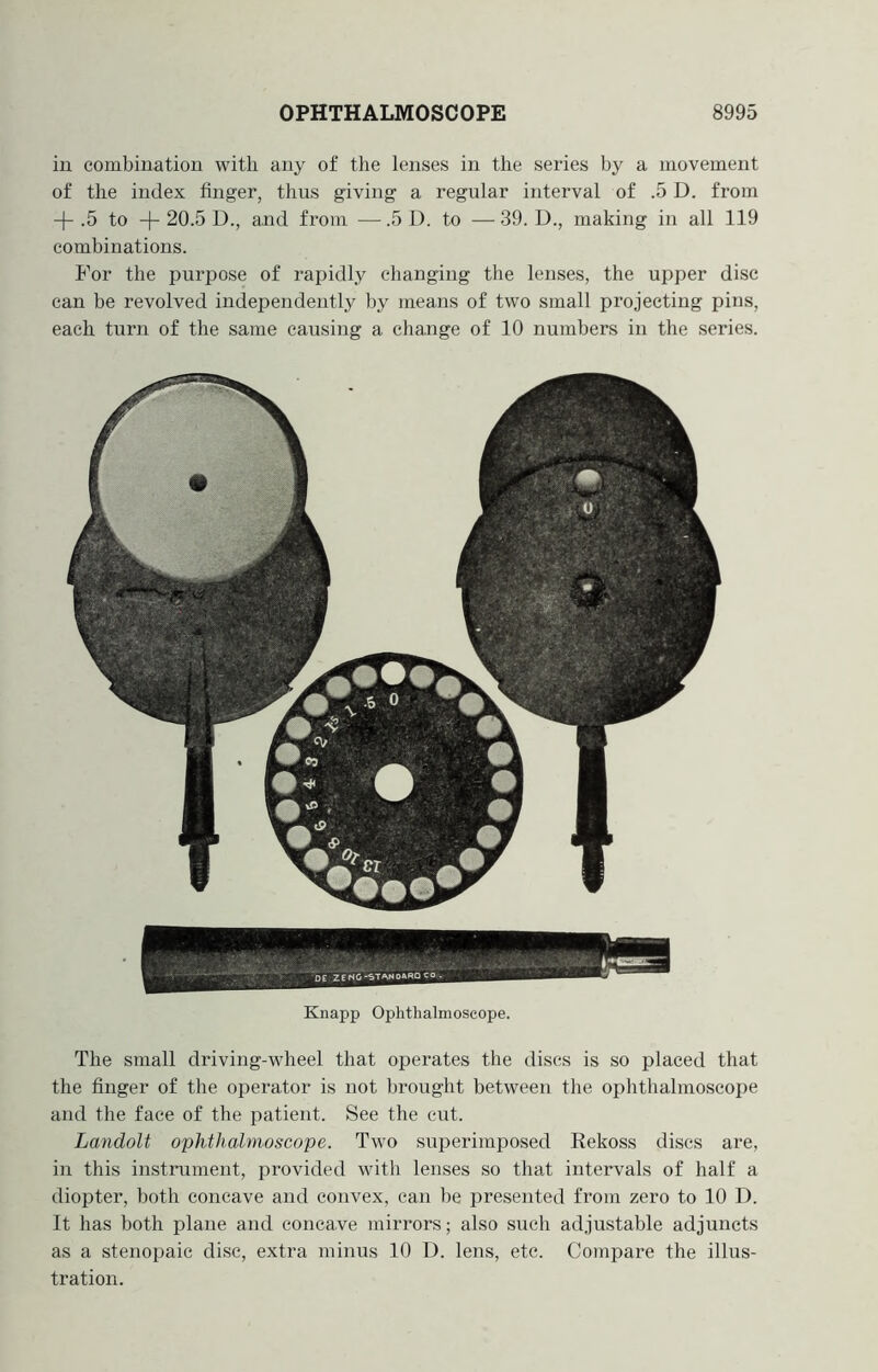 in combination with any of the lenses in the series by a movement of the index huger, thus giving a regular interval of .5 D. from + .5 to + 20.5 D., and from — .5 D. to — 39. D., making in all 119 combinations. For the purpose of rapidly changing the lenses, the upper disc can be revolved independently by means of two small projecting pins, each turn of the same causing a change of 10 numbers in the series. Knapp Ophthalmoscope. The small driving-wheel that operates the discs is so placed that the huger of the operator is not brought between the ophthalmoscope and the face of the patient. See the cut. Landolt ophthalmoscope. Two superimposed Rekoss discs are, in this instrument, provided with lenses so that intervals of half a diopter, both concave and convex, can be presented from zero to 10 D. It has both plane and concave mirrors; also such adjustable adjuncts as a stenopaic disc, extra minus 10 D. lens, etc. Compare the illus- tration.