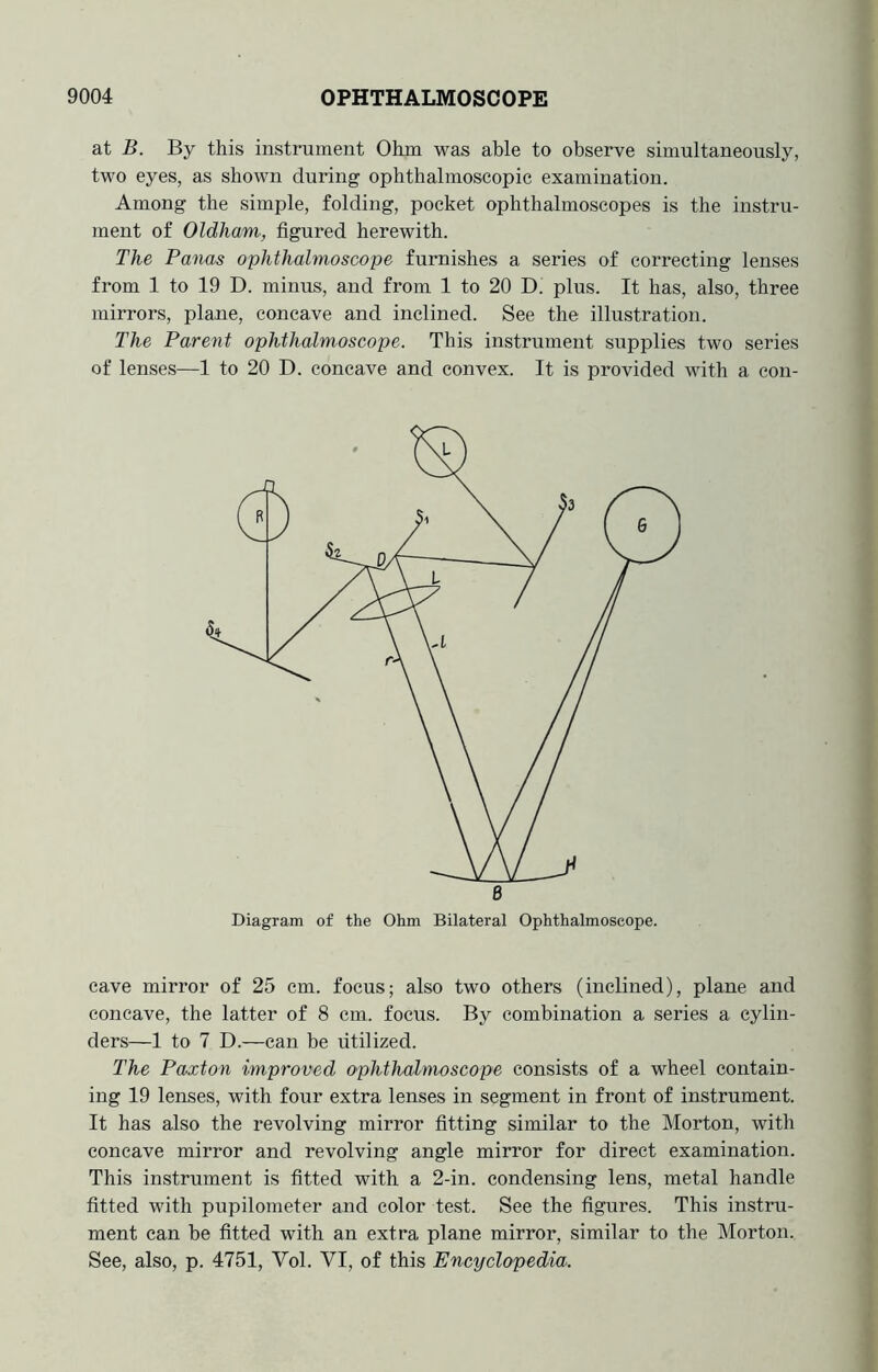 at B. By this instrument Ohm was able to observe simultaneously, two eyes, as shown during ophthalmoscopic examination. Among the simple, folding, pocket ophthalmoscopes is the instru- ment of Oldham, figured herewith. The Panes ophthalmoscope furnishes a series of correcting lenses from 1 to 19 D. minus, and from 1 to 20 D. plus. It has, also, three mirrors, plane, concave and inclined. See the illustration. The Parent ophthalmoscope. This instrument supplies two series of lenses—1 to 20 D. concave and convex. It is provided with a con- Diagram of the Ohm Bilateral Ophthalmoscope. cave mirror of 25 cm. focus; also two others (inclined), plane and concave, the latter of 8 cm. focus. By combination a series a cylin- ders—1 to 7 D.—can be utilized. The Paxton improved ophthalmoscope consists of a wheel contain- ing 19 lenses, with four extra lenses in segment in front of instrument. It has also the revolving mirror fitting similar to the Morton, with concave mirror and revolving angle mirror for direct examination. This instrument is fitted with a 2-in. condensing lens, metal handle fitted with pupilometer and color test. See the figures. This instru- ment can he fitted with an extra plane mirror, similar to the Morton. See, also, p. 4751, Vol. VI, of this Encyclopedia.