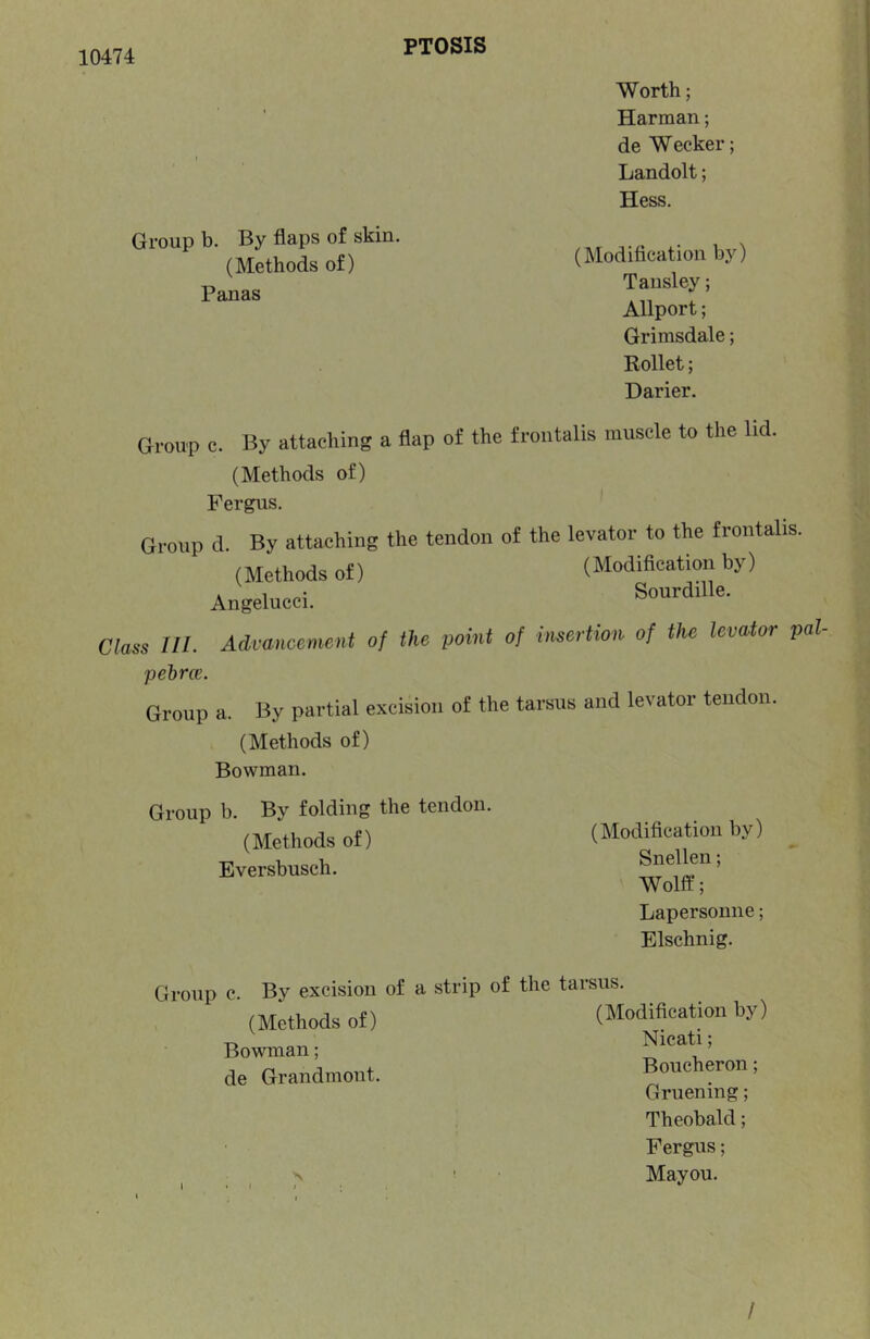 Group b. By flaps of skin. (Methods of) Panas Worth; Harman; de Wecker; Landolt; Hess. (Modification by) Tansley; Allport; Grimsdale; Rollet; Darier. Group c. By attaching a flap of the frontalis muscle to the lid. (Methods of) Fergus. ’ Group d. By attaching (Methods of) Angelucci. the tendon of the levator to the frontalis. (Modification by) Sourdille. Class III. Advancement of the point of insertion of the levator pal pehrce. Group a. By partial excision of the tarsus and levator tendon. (Methods of) Bowman. Group b. By folding the tendon. (Methods of) Eversbusch. (Modification by) Snellen; Wolff; Lapersoune; Elschnig. Group c. By excision of a strip (Methods of) Bowman; de Grandmont. I <1 / of the tarsus. (Modification by) Nicati; Boucher on; Gruening; Theobald; Fergus; Mayou. /