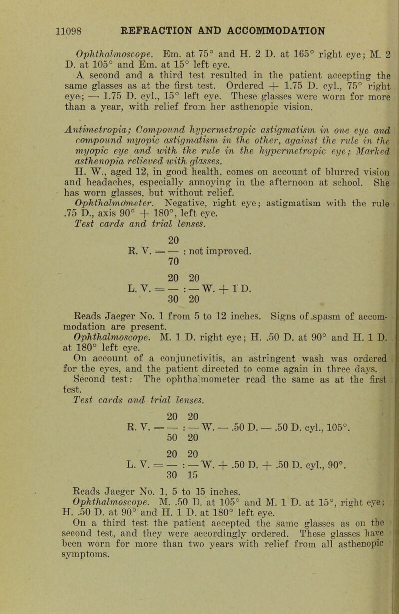 Ophthalmoscope. Em. at 75° and H. 2 D. at 165° right eye; M. 2 D. at 105° and Em. at 15° left eye. A second and a third test resulted in the patient accepting the same glasses as at the first test. Ordered + 1.75 D. cyl., 75° right eye; — 1.75 D. cyl., 15° left eye. These glasses were worn for more than a year, with relief from her asthenopic vision. Antimietropia; Compound hypermetropic astigmatism in one eye and com-poxind myopic astigmatism in the other, against the rxde in the myopic eye amd ivith the rule in the hypermetropic eye; Marked asthenopia relieved with glasses. H. W., aged 12, in good health, comes on account of blurred vision and headaches, especially annoying in the afternoon at school. She has worn glasses, but without relief. Ophthalmdmeter. Negative, right eye; astigmatism with the rule i .75 D., axis 90° + 180°, left eye. Test cards and trial lenses. 20 R. V. = — : not improved. 70 20 20 L. V. = — : — W. + 1 D. 30 20 Reads Jaeger No. 1 from 5 to 12 inches. Signs of .spasm of accom- modation are present. Ophthalmoscope. M. 1 D. right eye; H. .50 D. at 90° and H. 1 D. at 180° left eye. On account of a conjunctivitis, an astringent wash was ordered for the eyes, and the patient directed to come again in three days. Second test: The ophthalmometer read the same as at the first test. 1 Test cards and trial lenses. ^ 20 20 ■ \ R. V. = — : — W. — .50 D. — .50 D. cyl., 105°. 50 20 20 20 1 L. V. = — : — W. .50 D. .50 D. cyl., 90°. i 30 15 Reads Jaeger No. 1, 5 to 15 inches. | Ophthalmoscope. M. .50 D. at 105° and M. 1 D. at 15°, right eve; II. .50 D. at 90° and H. 1 D. at 180° left eye. On a third test the patient accepted the same glasses as on the J second test, and they were accordingly ordered. These glasses have ^ been worn for more than two years with relief from all asthenopic ^ symptoms.