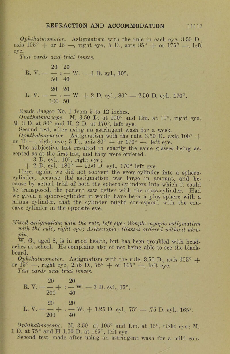 Ophthalmometer. Astigmatism with the rule in each eye, 3.50 D., axis 105° + or 15 —, right eye; 5 D., axis 85° + or 175° —, left eye. Test cards and trial lenses. 20 20 R. V. = — : _ W. — 3 D. cyl., 10°. 50 40 20 20 L. V. = — : — W. 4- 2 D. cyl., 80° — 2.50 D. cyl., 170°. 100 50 Reads Jaeger No. 1 from 5 to 12 inches. Ophthalmoscope. M. 3.50 D. at 100° and Em. at 10°, right eye; M. 3 D. at 80° and H. 2 D. at 170°, left eye. Second test, after using an astringent wash for a week. Ophthalmdmeter. Astigmatism with the rule, 3.50 D., axis 100° -f- or 10 —, right eye; 5 D., axis 80° + or 170° —, left eye. The subjective test resulted in exactly the same glasses being ac- cepted as at the first test, and they were ordered: — 3D. cyl., 10°, right eye; + 2 D. cyl., 180° — 2.50 D. cyl., 170° left eye. Here, again, we did not convert the cross-cylinder into a sphero- cylinder, because the( astigmatism was large in amount, and be- cause by actual trial of both the sphero-cylinders into which it could be transposed, the patient saw better with the cross-cylinder. Had we given a sphero-cylinder it would have been a plus .sphere with a minus cylinder, that the cylinder might correspond with the con- cave cylinder in the opposite eye. Mixed astigmatism anth the ride, left eye; Simple myopic astigmatism with the rule, right eye; Asthenopia; Glasses ordered without atro- pin. W. G., aged 8, is in good health, but has been troubled with head- aches at school. He complains also of not being able to see the black- board. Ophthalmometer. Astigmatism with the rule, 3.50 D., axis 105° 4- or 15° —, right eye; 2.75 D., 75° -f or 165° —, left eye. Test cards and trial lenses. 20 20 R. V. == — + : _ W. — 3 D. cyl., 15°. 200 40 20 20 L. V. f- : — W. + 1.25 D. cyl., 75° — .75 D. cyl., 165°. 200 40 Ophthalmoscope. M. 3.50 at 105° and Em. at 15°, right eye - M 1 D. at 75° and H 1.50 D. at 165°, left eye Second test, made after using an astringent wash for a mild con-