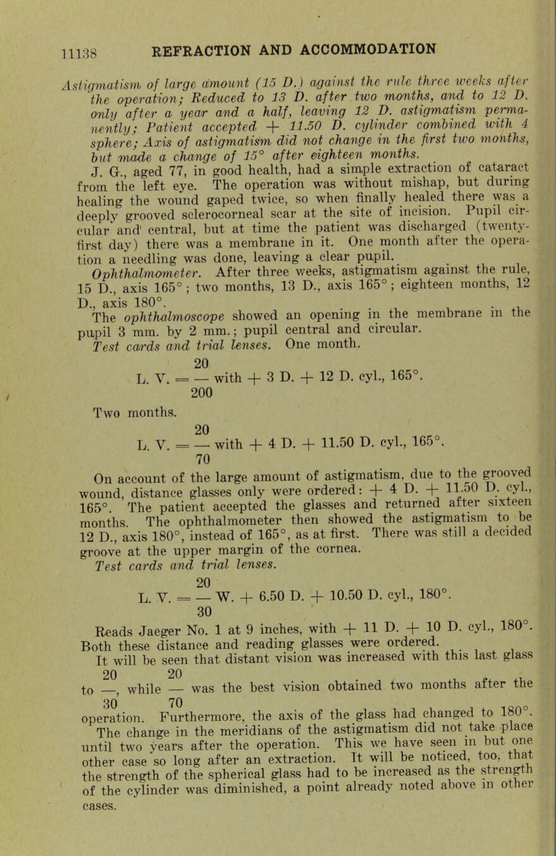 Astigmatism of large amount (15 D.) against the rule three weeks after the operation; Reduced to 13 D. after two months, and to 12 D. only aft67' a year a7\d a half, leav7ng 12 D. astigmatism peimia- nently; Patient accepted + 11.50 D. C7jlinder combined with 4 sphere; Axis of astigmatism did not change in the first two months, hut made a change of 15° after eighteen months. J. G., aged 77, in good health, had a simple extraction of cataract from the left eye. The operation was without mishap, but during healing the wound gaped twice, so when finally healed there was a deeply grooved sclerocorneal scar at the site of incision. Pupil cir- cular* and central, but at time the patient was discharged (twenty- first day) there was a membrane in it. One month alter the opera- tion a needling was done, leaving a clear pupil. Ophthahnometer. After three weeks, astigmatism against the rule, 15 D., axis 165° ; two months, 13 D., axis 165°; eighteen months, 12 D., axis 180°. ... , . The ophthahnoscope showed an opening in the membrane in the pupil 3 mm. by 2 mm.; pupil central and circular. Test cai'ds and ti'ial lenses. One month. 20 L. V. = — with -f 3 D. -f- 12 D. cyl., 165°. 200 Two months. 20 L V. = — with -f 4 D. + 11.50 D. cyl., 165°. 70 On account of the large amount of astigmatism, due to the ^ooved wound, distance glasses only were ordered: -f 4 D. + 11.50 U. cyl., 165°. The patient accepted the glasses and returned alter sixteen months. The ophthalmometer then showed the astigmatism to be 12 D., axis 180°, instead of 165°, as at first. There was still a decided groove at the upper margin of the cornea. Test cards and trial lenses. 20 L V = — W. + 6.50 D. + 10.50 D. cyl., 180°. 30 Reads Jaeger No. 1 at 9 inches, with + 11 D. + 10 D. cyl., 180°. Both these distance and reading glasses were ordered. It will be seen that distant vision was increased with this last glass 20 20 to ^ while — was the best vision obtained two months after the 3o' 70 o operation. Furthermore, the axis of the glass had changed to 180 . The change in the meridians of the astigmatism did not take place until two years after the operation. This we have semi in but one other case so long after an extraction. It will be noticed, too, that the strength of the spherical glass had to be increased as the strength ' of the cylinder was diminished, a point already noted above in other cases.