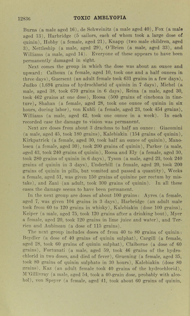 Burns (a male aged 16), de Schweinitz (a male aged 40), Fox (a male aged 13), Ilarbridge (5 sailors, each of whom took a large dose of qninin). Hobby (a female, aged 21), Knapp (two male children, aged 3), Nettleship (a male, aged 29), O’Brien (a male, aged 33), and Williams (a male, aged 14). Everyone of these appears to have been permanently damaged in sight. Next comes the group in which the dose was about an ounce and upward: Calhoun (a female, aged 10, took one and a half ounces in three days), Guersent (an adult female took 631 grains in a few days), Judko (1,694 grains of hydroehlorid of quinin in 7 days), Michel (a male, aged 38, took 670 grains in 6 days), Reina (a male, aged 30, took 462 grains at one dose)-, Roosa (500 grains of cinchona in tinc- ture)* Shahan (a female, aged 28, took one ounce of quinin in six hours, during labor), von Kubli (a female, aged 23, took 454 grains), Williams (a inale, aged 42, took one ounce in a week). In each recorded case the damage to vision was permanent. Next are doses from about 3 drachms to half an ounce: Giacomini (a male, aged 45, took 180 grains), Kalebiakin (154 grains of quinin), Kirkpatrick (a female, aged 30, took half an ounce of quinin), Mano- lescu (a female, aged 30), took 200 grains of quinin), Parker (a male, aged 43, took 240 grains of quinin), Roosa and Ely (a female, aged 30, took 280 grains of quinin in 6 days), Tyson (a male, aged 23, took 240 grains of quinin in 3 days), Underhill (a female, aged 20, took 200 grains of quinin in pills, but vomited and passed a quantity). Weeks a female, aged 51, was given 150 grains of quinine per rectum by mis- take), and Zani (an adult, took 300 grains of quinin). In all these cases the damage seems to have been permanent. In the next group are doses of about 100 grains: Ayres, (a female, aged 7, was given 104 grains in 3 days), Ilarbridge (an adult male took from 60 to 120 grains in whisky), Kalebiakin (dose 100 grains), Keiper (a male, aged 75, took 120 grains after a drinking bout), Myer a female, aged 20, took 120 grains in lime juice and water), and Ter- rien and Aubineau (a dose of 115 grains). The next group includes doses of from 40 to 80 grains of quinin: Beydler (a dose of 40 grains of quinin sulphat), Cargill (a female, aged 28, took 60 grains of quinin sulphat), Claiborne (a dose of 60 grains), Fortunati (a male, aged 59, took 46 grains of the hydro- ehlorid in two doses, and died of fever), Gruening (a female, aged 35, took 80 grains of quinin sulphato in 30 hours), Kalebiakin (dose 80 grains), Kaz (an adult female took 40 grains of the hydroehlorid), M’Gillivray (a male, aged 54, took a 40-grain dose, probably with alco- hol), von Speyer (a female, aged 41, took about 60 grains of quinin,