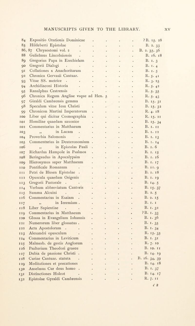 84 Expositio Orationis Dominicae 85 Hildeberti Epistolae 86, 87 Chrysostomi vol. 2 88 Gulielmus Lincolniensis 89 Gregorius Papa in Ezechielem 90 Gregorii Dialogi 91 Collationes x Anachoritarum 92 Chronica Gervasii Cantuar. 93 Vitae SS. metrice 94 Archidiaconi Historia 95 Ranulphus Cestrensis 96 Chronica Regum Angliae vsque ac 97 Giraldi Cambrensis gemma 98 Speculum vitae lesu Christi 99 Chronicon Martini Imperatorum 100 Liber qui dicitur Cosmographia 101 Ilomiliae quaedam saxonice 102 Commentarius in Matthaeum 103 ,, in Lucam 104 Proverbia Salomonis 105 Commentarius in Deuteronomium 106 ,, in Epistolas Pauli 107 Richardus Hampole in Psalmos 108 Beringaudus in Apocalypsim 109 Hieronymus super Matthaeum no Pontificale Romanum 111 Petri de Blesen Epistolae . 112 Opuscula quaedam Origenis 113 Gregorii Pastorale . 114 Verbum abbreviatum Cantoris 115 Summa Alcuini 116 Commentarius in Esaiam 117 ,, in leremiam . 118 Liber Sapientiae 119 Commentarius in Matthaeum 120 Glossa in Evangelium lohannis 121 Numerorum liber glossatus . 122 Acta Apostolorum . 123 Alexandri opusculum 124 Commentarius in Leviticum 125 Malmesb. de gestis Anglorum 126 Psalterium Theodori graece 127 Dubia de passione Christi . 128 Curiae Cantuar. statuta 129 Meditationes et precationes 130 Anselmus Cur deus homo . 131 Distinctiones Holcot 132 Epistolae Gyraldi Cambrensis . . . ? B. 15. 28 B. 2. 33 . B. 2. 35, 36 . . . B. 16. 18 B. I. 3 . . . B. 1. 4 B. I. 5 R. 5. 41 R. 3. 25 R. 5. 42 R. 5. 35 Hen. 5 . . R- 5- 43 B. 15. 31 B. 15. 32 R. 4. 18 . . . R. 15. 21 B. 15. 34 . . . B. I. II . . . B. i. 12 B. I. 13 . . . B. I. 14 B. I. 6 B. I. 15 B. I. 16 B. I. 17 B. I r. 9 . . . B. I. 18 B. I. 19 B. 14. 5 B. 15. 37 B. 2. 5 . . . B. 2. 15 . . . B. I. I B. I. 32 ?B. I. 33 B. 1. 36 B. I. 35 B. I. 34 R. 15. 35 B. I. 31 R. 7. 10 . . . B. 10. II . . . B. 14. 19 . B. 16. 34, 39 . . . B. 14. 18 B. I. 37 B. 14. 17 . . . R. 7. II C 2