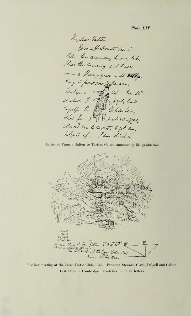 Letter of Francis Galtoii to Tertius Galton announcing liis graduation. The last meeting of the Caseo-Tostic Club, 1843. Present: Stewart, Clark, Dalyell and Galton. Last Days in Cambridge. Sketches found in letters.
