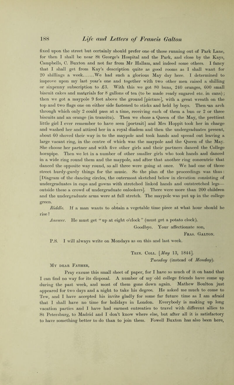 fixed upon the street but certainly should prefer one of those running out of Park Lane, for then 1 shall be near St George’s Hospital and the Park, and close by the Kays, Campbells, C. Buxton and not far from Mr Hallam, and indeed some others. I fancy that I shall get from Kay’s description quite as good rooms as I shall want for 20 shillings a week We had such a glorious May day here. I determined to improve upon my last year’s one and together with two other men raised a shilling or sixpenny subscription to £3. With this we got 80 buns, 240 oranges, 600 small biscuit cakes and materials for 8 gallons of tea (to be made ready sugared etc. in cans); then we got a maypole 9 feet above the ground [picture], with a great wreath on the top and two flags one on either side fastened to sticks and held by boys. Then *an arch through which only 2 could pass at a time, receiving each of them a bun or 2 or three biscuits and an orange (in transitu). Then we chose a Queen of the May, the prettiest little girl I ever remember to have seen [portrait] and Mrs Hoppit took her in charge and washed her and attired her in a royal diadem and then the undergraduates present, about 60 shoved their way in to the maypole and took hands and spread out leaving a large vacant ring, in the centre of which was the maypole and the Queen of the May. She choose her partner and with five other girls and their partners danced the College hornpipe. Then we let in a number of other smaller girls who took hands and danced in a wide ring round them and the maypole, and after that another ring concentric that danced the opposite way round, so all three were going at once. We had one of those street hurdy-gurdy things for the music. So the plan of the proceedings was thus: [Diagram of the dancing circles, the outermost sketched below in elevation consisting of undergraduates in caps and gowns with stretched linked hands and outstretched legs— outside these a crowd of undergraduate onlookers]. There were more than 200 children and the undergraduate arms were at full stretch. The maypole was put up in the college green. Riddle. If a man wants to obtain a vegetable time piece at what hour should he rise 1 Answer. He must get “up at eight o’clock ” (must get a potato clock). Goodbye. Your affectionate son, Fras. Galton. P.S. I will always write on Mondays as on this and last week. Trin. Coll. [May 13, 1844]. Tuesday (instead of Monday). My dear Father, Pray excuse this small sheet of paper, for I have so much of it on hand that I can find no way for its disposal. A number of my old college friends have come up during the past week, and most of them gone down again. Mathew Boulton just appeared for two days and a night to take his degree. He asked me much to come to Tew, and I have accepted his invite gladly for some far future time as I am afraid that I shall have no time for holidays in London. Everybody is making up long vacation parties and I have had earnest entreaties to travel with different allies to St Petersburg, to Madrid and I don’t know where else, but after all it is satisfactory to have something better to do than to join them. Fowell Buxton has also been here,