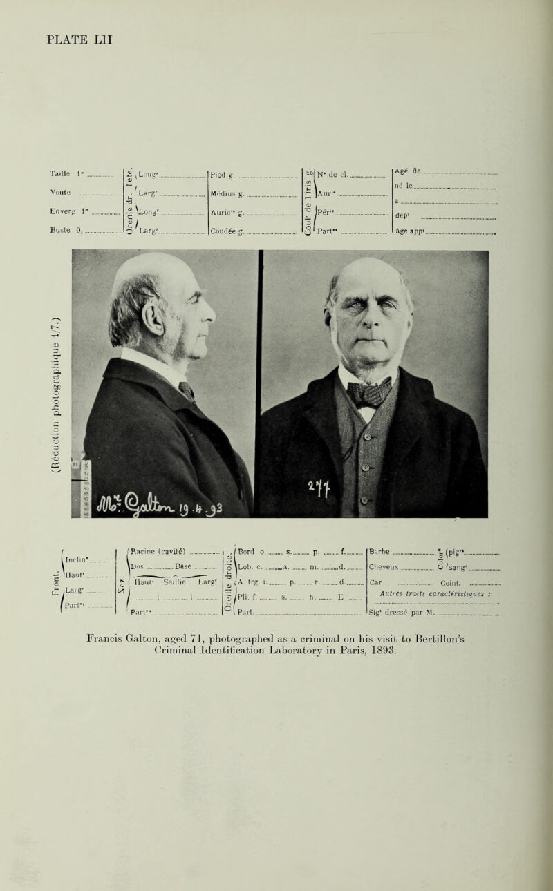 PLATE L1I Taille 1-... Vuute Enverg lm Buste 0,.... i . Longr ^ Largr. ~ ^Longr 5 i O Largr. Pied g. M&dius Auric Couctee I1 N* do cl lAui'1* 0) -o Per1” i Part*’ Age 6e .. ne le.. a dep1 2Lge app1 D 3 0* f3 3? a. C •c CC l Inclin* ■g 'Hautf.. c cl (Lai'S’ I Part” /Racine (cavitd) . / Bord o s p f lDns Base .. ...... 2 o \Lob. c „a m d -a 1 £ Haur Saillie Larg' -,<A. trg. i p r d M i = / 1 1 r /Pli. f s h E 1 Part1 ^ ( Part Barbe „ V [pigM. Cheveux tj Lang Car Ceint Antres tra/its caracWristiques : Sig‘ dresse par M. Francis Galton, aged 71, photographed as a criminal on his visit to Bertillon’s