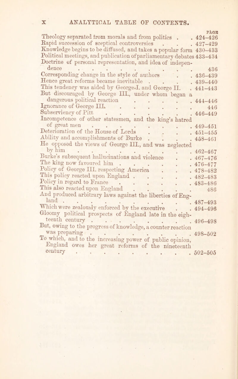 Theology separated from morals and from politics . Rapid succession of sceptical controversies Knowledge begins to be diffused, and takes a popular form Political meetings, and publication of parliamentary debates Doctrine of personal representation, and idea of indepen- dence Corresponding change in the style of authors Hence great reforms became inevitable . . . . This tendency was aided by George J. and George II. Hut discouraged by George III., under whom began a dangerous political reaction ..... Ignorance of George IIL Subserviency of Pitt Incompetence of other statesmen, and the king’s hatred of great men Deterioration of the House of Lords .... Ability and accomplishments of Burke .... He opposed the views of George III., and was neglected hy him Burke’s subsequent hallucinations and violence The king now favoured him ...... Policy of George III. respecting America This policy reacted upon England . . . . . Policy in regard to Prance This also reacted upon England . . . . . And produced arbitrary laws against the liberties of Eng- land Which were zealously enforced by the executive Gloomy political prospects of England late in the eigh- teenth century ........ But, owing to the progrcssof knowledge, a counter reaction was preparing To which, and to the increasing power of public opinion, England owes her great reforms of the nineteenth century PlGB 424-426 427-429 430-433 1433-434 436 436-439 439-440 441-443 444-446 446 446-449 449-451 451-455 458-46] 462-467 467-476 476-477 478-482 482- 483 483- 486 486 487-493 494-496 496-498 498-502 502-505