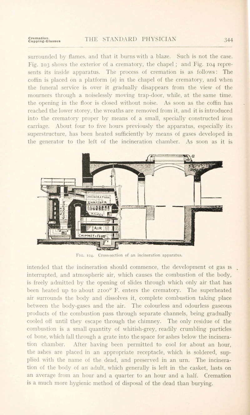 Cremation Cupping-Glasses THE STANDARD PHYSICIAN 344 surrounded by dames, and that it burns with a blaze. Such is not the case. Fig. 103 shows the exterior of a crematory, tlie chapel ; and Fig. 104 rej)re- sents its inside apparatus. The process of cremation is as follows: The coffin is placed on a platform (a) in the chapel of the crematory, and when the funeral service is over it gradually disappears from the view of the mourners through a noiselessly moving trap-door, while, at the same time, the opening in the floor is closed without noise. As soon as the coffin has reached the lower storey, the wreaths are removed from it, and it is introduced into the crematory proper by means of a small, specially constructed iron carriage. About four to five hours previously the apparatus, especially its superstructure, has been heated sufficiently by means of gases developed in the generator to the left of the incineration chamber. As soon as it is Fig. 104. Cross-section of an incineration apparatus. intended that the incineration should commence, the development ot gas is interrupted, and atmospheric air, which causes the combustion of the body, is freely admitted by the opening of slides through which only air that has been heated up to about 2100° F. enters the crematory. The superheated air surrounds the body and dissolves it, complete combustion taking place between the body-gases and the air. The colourless and odourless gaseous products of the combustion pass through separate channels, being gradually cooled off until they escape through the chimney. The only residue of the combustion is a small quantity of whitish-grey, readily crumbling particles of bone, which fall through a grate into the space for ashes below the incinera- tion chamber. After having been permitted to cool for about an hour, the ashes are placed in an appropriate receptacle, which is soldered, sup- plied with the name of the dead, and preserved in an urn. The incinera- tion of the body of an adult, which generally is left in the casket, lasts on an average from an hour and a quarter to an hour and a half. Cremation is a much more hygienic method of disposal of the dead than burying.