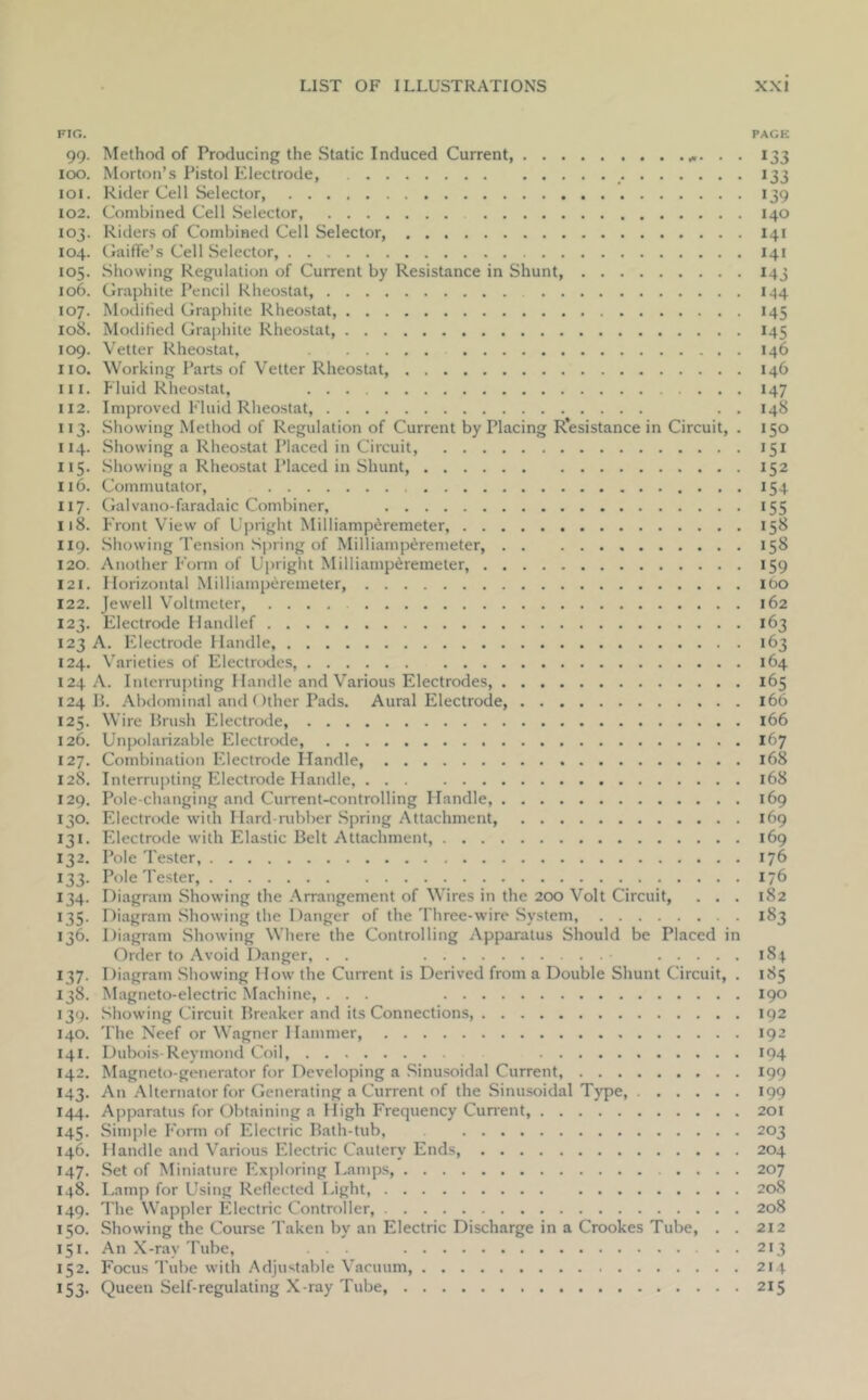 FIO. PAGE 99. Method of Producing the Static Induced Current, . . 133 100. Morton’s Pistol Klectrode, 133 101. Rider Cell Selector, 139 102. Combined Cell Selector, 140 103. Riders of Combined Cell Selector, 141 104. GaifTe’s Cell Selector, 141 105. Showing Regulation of Current by Resistance in Shunt, 143 106. Graphite Pencil Rheostat, 144 107. Modified Graphite Rheostat, 145 108. Modified Grai)hite Rheostat, 145 109. Vetter Rheostat, 146 no. Working Parts of Vetter Rheostat, 146 111. Fluid Rheostat, 147 112. Improved Fluid Rheostat, . . 148 113. Showing Method of Regulation of Current by Placing Resistance in Circuit, . 150 114. Showing a Rheostat Placed in Circuit, 151 115. Showing a Rheostat Placed in Shunt, 152 116. Commutator, 154 117. Galvano-faradaic Combiner, 155 118. F'ront View of Upright Milliamp^remeter, 158 119. Showing Tension Si)ring of Milliamperemeter, 158 120. Another F'onn of Upright Milliamperemeter, 159 121. Horizontal Milliamperemeter, ibo 122. Jewell Voltmeter, .... 162 123. Electrode Ilandlef 163 123 A. Electrode Handle, 163 124. Varieties of Electrodes, 164 124 A. Intenn|)ting Handle and Various Electrodes, 165 124 IL Abdominal and ()ther Pads. Aural Electrode, 166 125. Wire Brush FZlectrode, l66 126. Unpolarizable Electrode, 167 127. Combination F'lectrode Handle, 168 128. Interrupting Electroile Handle, 168 129. Pole-changing and Current-controlling Handle, 169 130. Electrode with Hard-rubber Spring Attachment, 169 131. Electrode with Elastic Belt Attachment, 169 132. Pole Tester, 176 133. Pole Tester, 176 134. Diagram Showing the Arrangement of Wires in the 200 Volt Circuit, ... 182 135. Diagram Showing the Danger of the Three-wire System, 183 136. Diagram Showing Where the Controlling Apparatus Should be Placed in Order to Avoid Danger, . . 184^ 137. Diagram Showing How the Current is Derived from a Double Shunt Circuit, . 185 138. Magneto-electric Machine, ... 190 139. .Showing Circuit Breaker and its Connections, 192 140. The Neef or W’agner Hammer, 192 141. Dubois Reymond Coil, 104 142. Magneto-generator for Developing a Sinusoidal Current, 199 143. An Alternator for Generating a Current of the Sinusoidal Type, 199 144. Apparatus for Obtaining a High Frequency Cun’ent, 201 145. Simple F'orm of Electric Bath-tub, 203 146. Handle and Various Electric Cautery Ends, 204 147. Set of Miniature Ex|5loring Damps, .... 207 148. Lamp for Using Rellected I.ight, 208 149. The Wappler Electric Controller, 208 150. Showing the Course Taken by an Electric Discharge in a Crookes Tube, . . 212 151. An X-ray Tube, . . . 213 152. Focus Tube with Adjustable Vacuum, 214 153. Queen Self-regulating X-ray Tube, 215