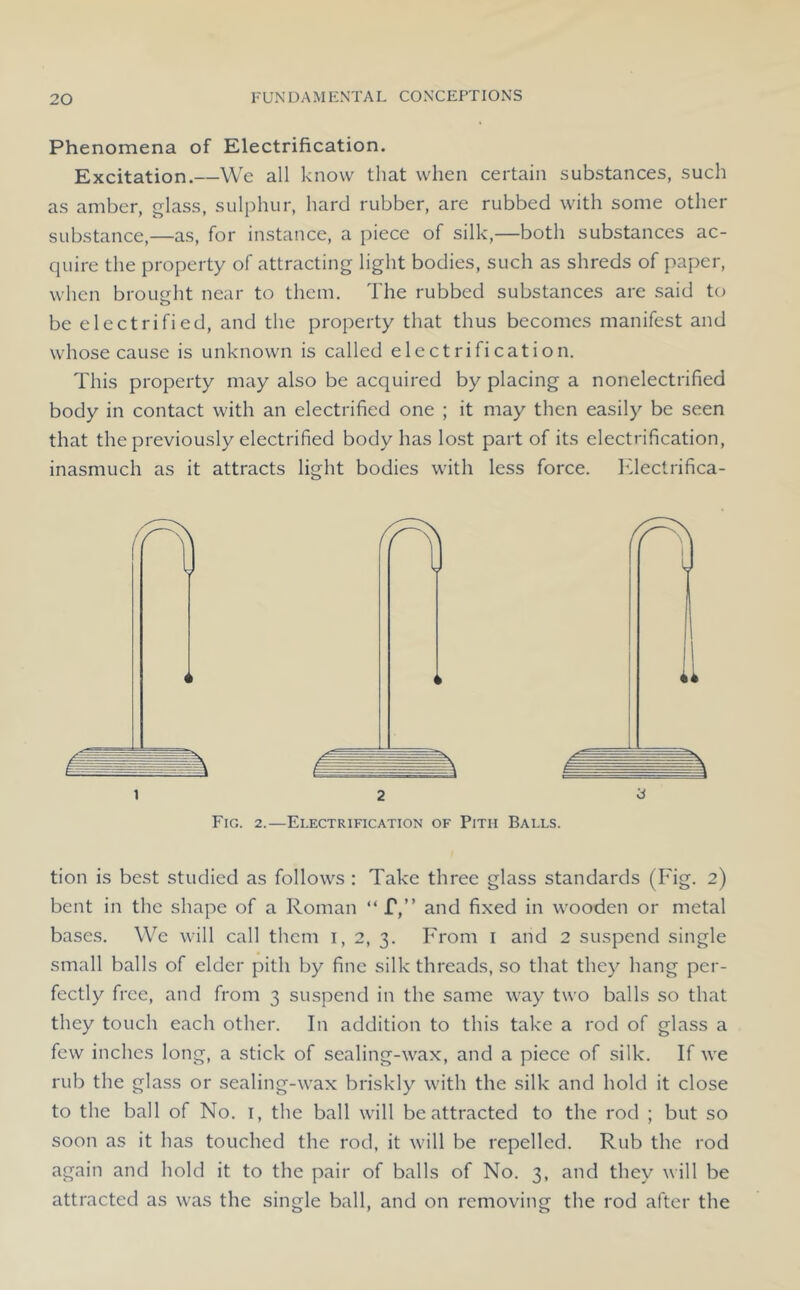 Phenomena of Electrification. Excitation.—We all know that when certain substances, such as amber, glass, sulphur, hard rubber, are rubbed with some other substance,—as, for instance, a piece of silk,—both substances ac- quire the property of attracting light bodies, such as shreds of paper, when brought near to them. The rubbed substances are said to be electrified, and the property that thus becomes manifest and whose cause is unknown is called electrification. This property may also be acquired by placing a nonelectrified body in contact with an electrified one ; it may then easily be seen that the previously electrified body has lost part of its electrification, inasmuch as it attracts light bodies with less force. Idectrifica- Fig. 2.—Electrification of Pith Balls. tion is best studied as follows ; Take three glass standards (Fig. 2) bent in the shape of a Roman “ f,” and fixed in wooden or metal bases. We will call them i, 2, 3. From i and 2 suspend single small balls of elder pith by fine silk threads, so that they hang per- fectly free, and from 3 suspend in the same way two balls so that they touch each other. In addition to this take a rod of glass a few inches long, a stick of sealing-wax, and a piece of silk. If we rub the glass or sealing-wax briskly with the silk and hold it close to the ball of No. i, the ball will be attracted to the rod ; but so soon as it has touched the rod, it will be repelled. Rub the rod again and hold it to the pair of balls of No. 3, and they will be attracted as was the single ball, and on removing the rod after the