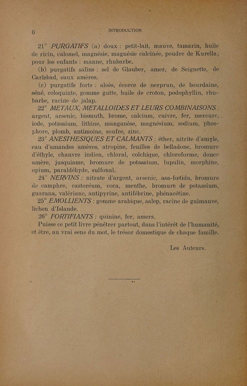 1% TA PURGATIFS (a) doux : petit-lait, mauve, te à de ricin, calomel, magnésie, magnésie calcinée, nue de Kur pour les enfants : manne, rhubarbe. Le | à (b) purgatifs salins : sel de Glauber, amer, ‘de Seignette, de : Carlsbad, eaux amères. FRE , RE _ (c) purgatifs forts : aloès, écorce de nerprun, de bourdaines ce d k séné, coloquinte, gomme gutte, huile de croton, podophyllin, rhu / Le 4 barbe, racine de jalap. je LAS 22° METAUX, METALLOIDES E ET LEURS COMBINAISONS : argent, arsenic, bismuth, brome, calcium, cuivre, fer, mercure, “. : beta 1e € iode, potassium, lithine, manganèse, magnésium, sodium, phos- LP phore, plomb, antimoine, soufre, zinc. | F SERER +4 23° ANESTHESIQUES ET CALMANTS : éther, nitrite d'amyle, M | eau d'amandes amères, atropine, feuilles de belladone, bromure d’éthyle, chanvre indien, chloral, colchique, chloroforme, douce amère, jusquiame, bromure de potassium, lupulin, morphine, opium, paraldéhyde, sulfonal. | 24° NERVINS : nitrate d'argent, arsenic, asa-fœtida, ES de camphre, castoréum, coca, menthe, bromure de potassium, guarana, valériane, antipyrine, antifébrine, phénacétine. PT. xt 25° EMOLLIENTS : gomme arabique, salep, racine de guimauve, A | lichen d'Islande. sis | 26° FORTIFIANTS : quinine, fer,