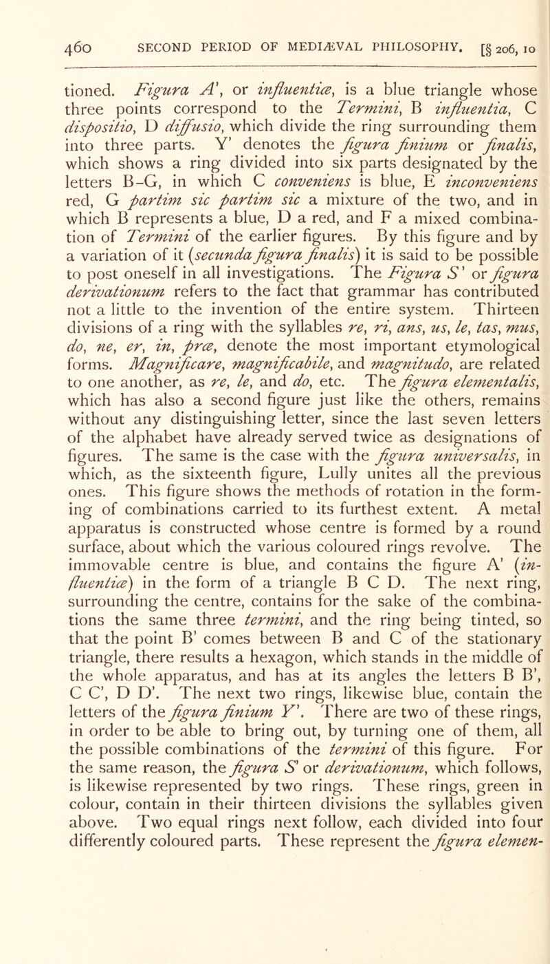 tioned. Figura A\ or influentice^ is a blue triangle whose three points correspond to the Termini, B influentia, C dispositio, D difftisio, which divide the ring surrounding them into three parts. Y’ denotes the figura finmm or finalis, which shows a ring divided into six parts designated by the letters B-G, in which C conveniens is blue, E inconveniens red, G partim sic partim sic a mixture of the two, and in which B represents a blue, D a red, and F a mixed combina- tion of Termini of the earlier figures. By this figure and by a variation of it {secunda figura finalis) it is said to be possible to post oneself in all investigations. The Figtira S ’ or figura derivationum refers to the fact that grammar has contributed not a little to the invention of the entire system. Thirteen divisions of a ring with the syllables re, ri, ans, us, le, tas, mus, do, ne, er, in, prce, denote the most important etymological forms. Magnificare, magnificabile, and magnitudo, are related to one another, as re, le, and do, etc. figura elementalis, which has also a second figure just like the others, remains without any distinguishing letter, since the last seven letters of the alphabet have already served twice as designations of figures. The same is the case with the figura universalis, in which, as the sixteenth figure, Lully unites all the previous ones. This figure shows the methods of rotation in the form- ing of combinations carried to its furthest extent. A metal apparatus is constructed whose centre is formed by a round surface, about which the various coloured rings revolve. The immovable centre is blue, and contains the figure A’ (in- fitienticd) in the form of a triangle BCD. The next ring, surrounding the centre, contains for the sake of the combina- tions the same three termini, and the ring being tinted, so that the point B’ comes between B and C of the stationary triangle, there results a hexagon, which stands in the middle of the whole apparatus, and has at its angles the letters B B’, C C’, D D’. The next two rings, likewise blue, contain the letters of xki^figtira finium Y\ There are two of these rings, in order to be able to bring out, by turning one of them, all the possible combinations of the termini of this figure. For the same reason, the figura S or derivatiomim, which follows, is likewise represented by two rings. These rings, green in colour, contain in their thirteen divisions the syllables given above. Two equal rings next follow, each divided into four differently coloured parts. These represent the figura elemen-