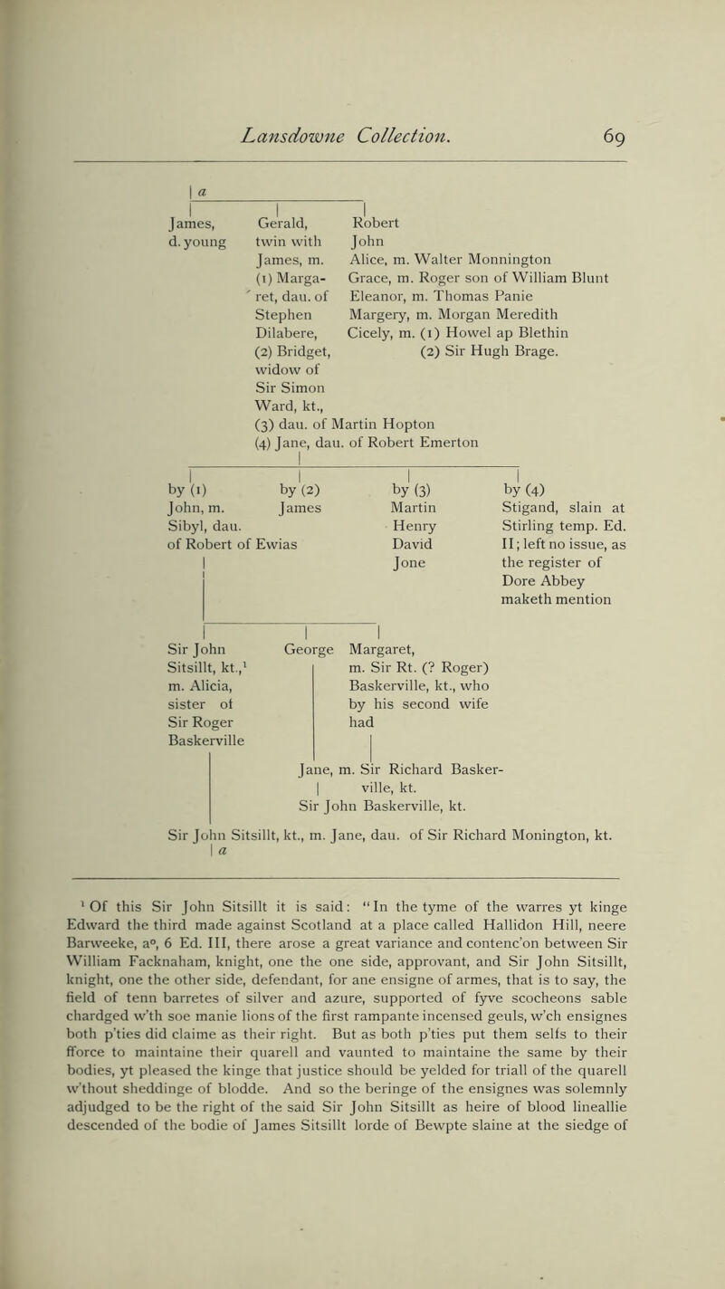 [£ I I James, Gerald, d. young twin with James, m. (1) Marga- ' ret, dau. of Stephen Dilabere, (2) Bridget, widow of Sir Simon Ward, kt., (3) dau. of Martin Hopton (4) Jane, dau. of Robert Emerton by (1) by (2) by (3) by (4) John, m. James Martin Stigand, slain at Sibyl, dau. Henry Stirling temp. Ed. of Robert of Ewias David II; left no issue, as Jone the register of Dore Abbey maketh mention 1 1 Robert John Alice, m. Walter Monnington Grace, m. Roger son of William Blunt Eleanor, m. Thomas Panie Margery, m. Morgan Meredith Cicely, m. (1) Howel ap Blethin (2) Sir Hugh Brage. Sir John Sitsillt, kt.,1 m. Alicia, sister ot Sir Roger Baskerville George Margaret, m. Sir Rt. (? Roger) Baskerville, kt., who by his second wife had Jane, m. Sir Richard Basker- | ville, kt. Sir John Baskerville, kt. Sir John Sitsillt, kt., in. Jane, dau. of Sir Richard Monington, kt. I a 1 Of this Sir John Sitsillt it is said: “In the tyme of the warres yt kinge Edward the third made against Scotland at a place called Hallidon Hill, neere Barweeke, a°, 6 Ed. Ill, there arose a great variance and contenc’on between Sir William Facknaham, knight, one the one side, approvant, and Sir John Sitsillt, knight, one the other side, defendant, for ane ensigne of armes, that is to say, the field of tenn barretes of silver and azure, supported of fyve scocheons sable chardged w’th soe manie lions of the first rampante incensed geuls, w’ch ensignes both p’ties did claime as their right. But as both p’ties put them seifs to their fforce to maintaine their quarell and vaunted to maintaine the same by their bodies, yt pleased the kinge that justice should be yelded for triall of the quarell w’thout sheddinge of blodde. And so the beringe of the ensignes was solemnly adjudged to be the right of the said Sir John Sitsillt as heire of blood lineallie descended of the bodie of James Sitsillt lorde of Bewpte slaine at the siedge of