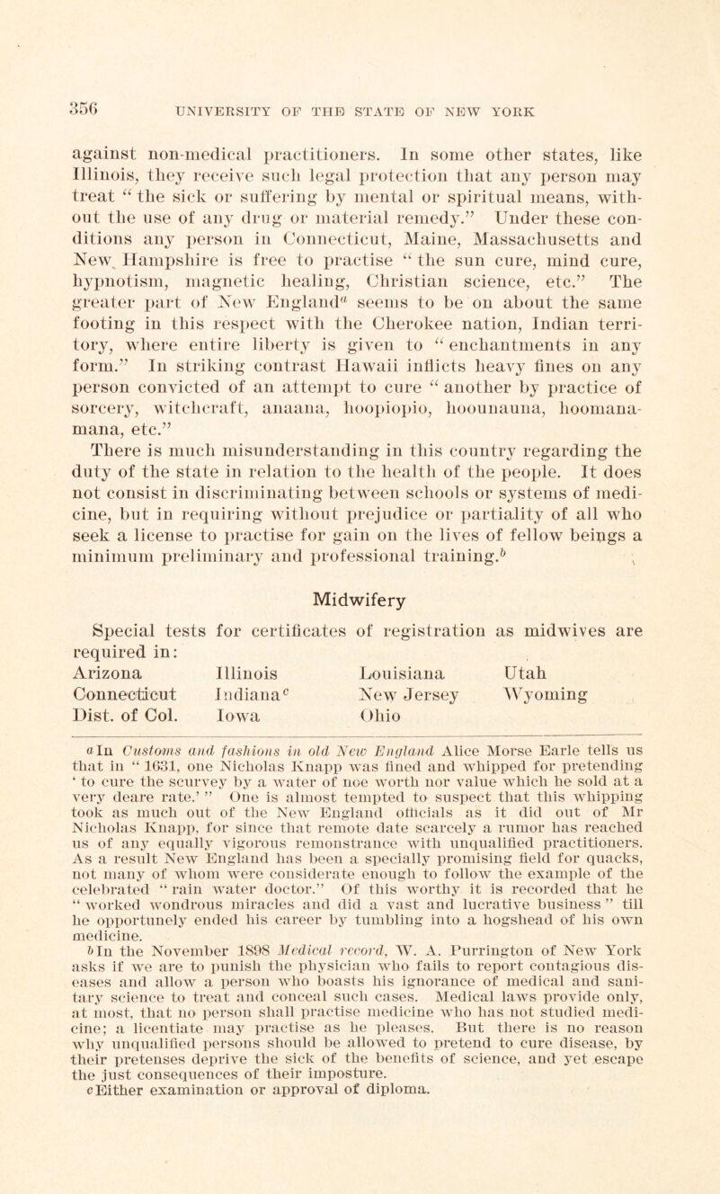 against non-medical practitioners. In some other states, like Illinois, they receive such legal protection that any person may treat “ the sick or suffering by mental or spiritual means, with- out the use of any drug or material remedy.” Under these con- ditions any person in Connecticut, Maine, Massachusetts and New Hampshire is free to practise “ the sun cure, mind cure, hypnotism, magnetic healing, Christian science, etc.” The greater part of New England* seems to be on about the same footing in this respect with the Cherokee nation, Indian terri- tory, where entire liberty is given to “ enchantments in any form.” In striking contrast Hawaii inflicts heavy fines on any person convicted of an attempt to cure “ another by practice of sorcery, witchcraft, anaana, hoopiopio, hoounauna, hoomana- mana, etc.” There is much misunderstanding in this country regarding the duty of the state in relation to the health of the people. It does not consist in discriminating between schools or systems of medi- cine, but in requiring without prejudice or partiality of all who seek a license to practise for gain on the lives of fellow beings a minimum preliminary and professional training.^ v Midwifery Special tests for certificates of registration as midwives are required in: Arizona Illinois Louisiana Utah Connecticut Indiana0 New Jersey Wyoming Hist, of Col. Iowa Ohio a In Customs ancl fashions in old New England Alice Morse Earle tells us that in “ 1631, one Nicholas Knapp was fined and w7hipped for pretending ‘ to cure the scurvey by a water of noe worth nor value which he sold at a very deare rate.’ ” One is almost tempted to suspect that this whipping took as much out of the New England officials as it did out of Mr Nicholas Knapp, for since that remote date scarcely a rumor has reached us of any equally vigorous remonstrance with unqualified practitioners. As a result New England has been a specially promising field for quacks, not many of whom were considerate enough to follow the example of the celebrated “ rain water doctor.” Of this worthy it is recorded that he “ worked wondrous miracles and did a vast and lucrative business ” till he opportunely ended his career by tumbling into a hogshead of his own medicine. l>ln the November 1898 Medical record, W. A. Pnrrington of New York asks if we are to punish the physician who fails to report contagious dis- eases and allow a person who boasts his ignorance of medical and sani- tary science to treat and conceal such cases. Medical laws provide only, at most, that no< person shall practise medicine Avho has not studied medi- cine; a licentiate may practise as he pleases. But there is no reason why unqualified persons should be allowed to pretend to cure disease, by their pretenses deprive the sick of the benefits of science, and yet escape the just consequences of their imposture. c Either examination or approval of diploma.