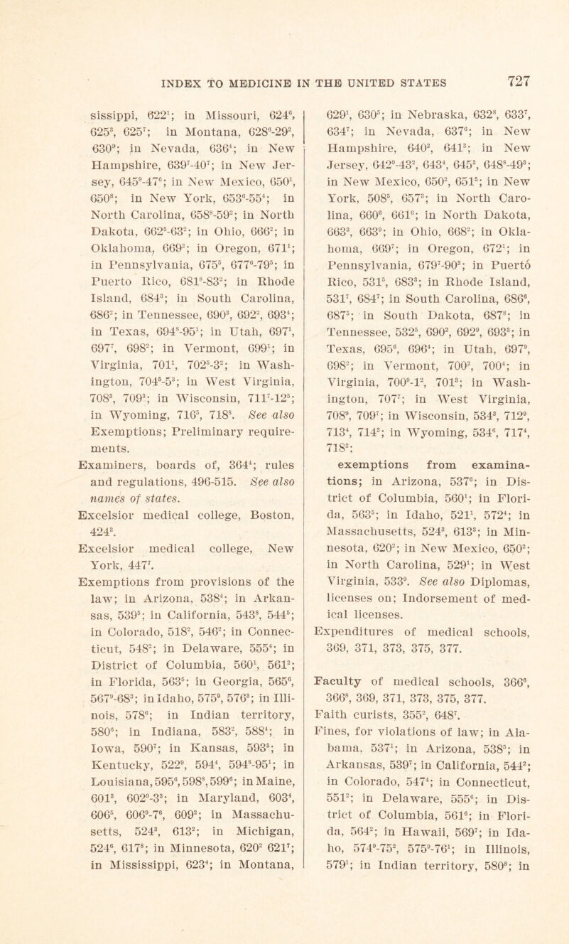 sissippi, 6221; in Missouri, 624°, 6253, 6257; in Montana, 6286-292, 6309; in Nevada, 6364; in New Hampshire, 6397-407; in New Jer- sey, 645°-476; in New Mexico, 6501, 650s; in New York, 6536-554; in North Carolina, 6588-592; in North Dakota, 6623-632; in Ohio, 6662; in Oklahoma, 6692; in Oregon, 6711; in Pennsylvania, 6755, 677G-795; in Puerto Rico, 681S-S32; in Rhode Island, 6843; in South Carolina, 0862; in Tennessee, 690s, 6922, 6934; in Texas, 694s-954; in Utah, 6971, 6977, 6982; in Vermont, 6991; in Virginia, 7011, 7025-32; in Wash- ington, 7045-53; in West Virginia, 7083, 709s; in Wisconsin, 7117-125; in Wyoming, 7163, 718s. See also Exemptions; Preliminary require- ments. Examiners, boards of, 3644; rules and regulations, 496-515. See also names of states. Excelsior medical college, Boston, 4243. Excelsior medical college, New York, 4477. Exemptions from provisions of the law; in Arizona, 5384; in Arkan- sas, 5395; in California, 5438, 5445; in Colorado, 5182, 5462; in Connec- ticut, 5482; in Delaware, 5554; in District of Columbia, 5601, 5612; in Florida, 5635; in Georgia, 565°, 5679-683; in Idaho, 5759, 5763; in Illi- nois, 578s; in Indian territory, 5806; in Indiana, 5832, 5884; in Iowa, 5907; in Kansas, 5933; in Kentucky, 5229, 5944, 594s-954; in Louisiana, 5956,598s, 5996; in Maine, 6013, 602°-33; in Maryland, 6034, 6065, 6069-76, 6092; in Massachu- setts, 5243, 6132; in Michigan, 524°, 617s; in Minnesota, 6202 6217; in Mississippi, 6234; in Montana, 6291, 6305; in Nebraska, 632s, 6337, 6347; in Nevada, 6376; in New Hampshire, 6402, 6413; in New Jersey, 6429-432, 6434, 6453, 6488-493; in New Mexico, 6502, 6515; in New York, 5085, 6573; in North Caro- lina, 6606, 6616; in North Dakota, 6633, 663°; in Ohio, 6682; in Okla- homa, 6697; in Oregon, 6721; in Pennsylvania, 6797-903; in Puerto Rico, 5315, 6833; in Rhode Island, 5317, 6847; in South Carolina, 6868, 6873; in South Dakota, 687s; in Tennessee, 5323, 6902, 6929, 6933; in Texas, 6956, 6964; in Utah, 6979, 6982; in Vermont, 7002, 7004; in Virginia, 700°-l2, 7013; in Wash- ington, 7077; in West Virginia, 7089, 7097; in Wisconsin, 5343, 7129, 7134, 714s; in Wyoming, 534°, 7174, 7183; exemptions from examina- tions; in Arizona, 5376; in Dis- trict of Columbia, 5601; in Flori- da, 5635; in Idaho, 5211, 5724; in Massachusetts, 5243, 6133; in Min- nesota, 6202; in New Mexico, 6502; in North Carolina, 5291; in West Virginia, 5339. See also Diplomas, licenses on; Indorsement of med- ical licenses. Expenditures of medical schools, 369, 371, 373, 375, 377. Faculty of medical schools, 3663, 366s, 369, 371, 373, 375, 377. Faith curists, 3552, 6487. Fines, for violations of law; in Ala- bama, 5371; in Arizona, 5385; in Arkansas, 5397; in California, 5442; in Colorado, 5474; in Connecticut, 5512; in Delaware, 555°; in Dis- trict of Columbia, 5616; in Flori- da, 5642; in Hawaii, 5697; in Ida- ho, 5749-752, 5759-764; in Illinois, 5791; in Indian territory, 580s; in