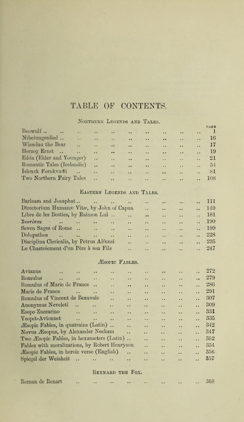 TABLE OF CONTENTS. Nokthern Legends and Tales. PAGE Heowulf.. .. .. .. .. .. .. .. .. .. 1 Nibelungenlieil .. .. .. .. .. .. .. .. .. 16 WLssdau the Bear .. .. .. .. .. .. .. .. 17 Herzog Ernst .. .. .. .. .. .. .. .. 19 E(l(la (Elder and Younger) .. .. .. .. .. .. .. 21 Boniantic Tales (Icclandie) .. .. .. .. 5-i islcnzk Kornkva'Si .. .. .. .. .. .. .. Hi Two Northern Fairy Tales .. .. .. .. .. .. .. 108 Eastern Legends and Tales. Barlaam and Josaphat.. Hirectorium Humanai Vita3, by John of Capua Libre de les Besties, by Kaimon Lul .. SwTiVar Seven Sages of Rome .. Dolopathos Disciplina Clericali.s, by Petrus Alfunsi Le Chastoiement d’un Pere a son Fils 111 149 181 190 199 228 235 247 iEsopic Fables. Avianus 272 Romulus .. 279 Romulus of Marie de France .. .. 286 Marie de France .. 291 Romulus of Vincent de Beauvais .. 307 Anonymus Nevcleti .. 309 Esoix) Zuccarino .. 331 Yso^iet-Avionnet .. 335 iEsopic Fables, in quatrains (Latin) .. .. 342 Novus .®sopus, by Alexander Ncckam .. 347 Two jEsopic Fables, in hexameters (Latin) .. .. 352 Fables with moralizations, by Robert Henryson .. 354 yEsopic Fables, in heroic verse (English) .. 356 Spiegel dcr Weisheit .. .. 357 Reynard the Fox. Roman dc Renart 368