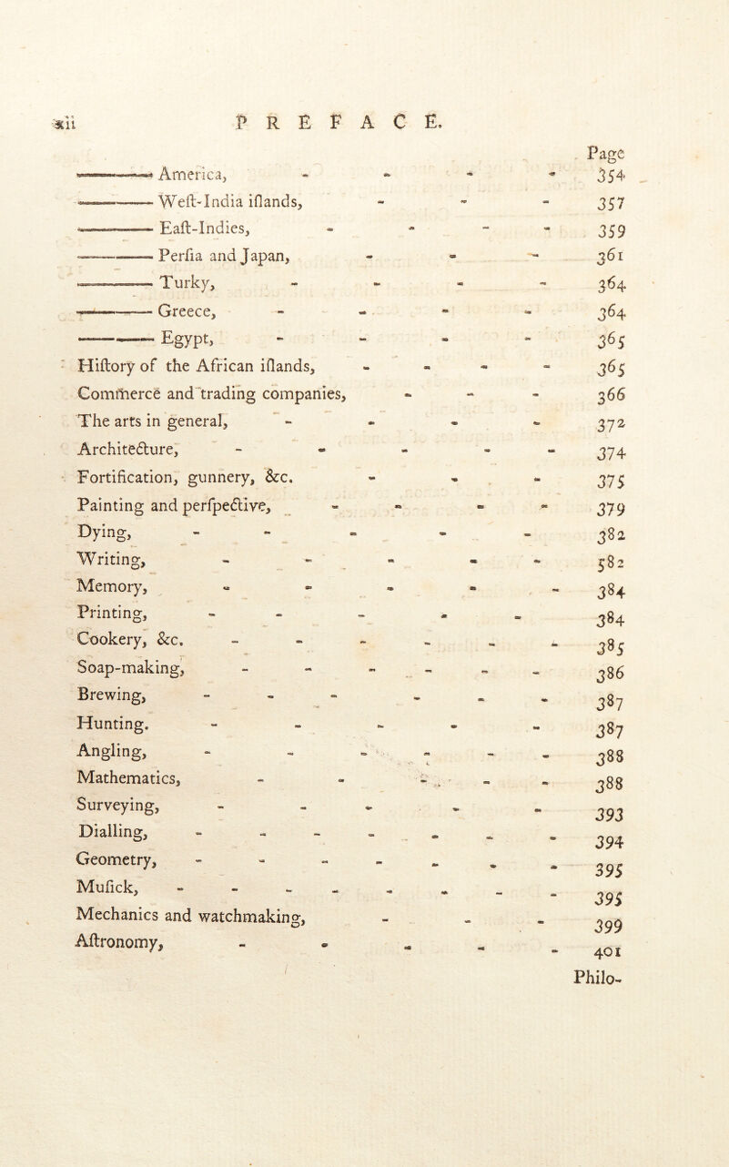 America, —- Weft-India iflands, —— Eaft-Indies, Perfia and Japan, ——— Turky, • — Greece, “—Egypt> Hiftory of the African iflands, Comftierce and trading companies. The arts in general, Architedure, Fortification, gunnery, &c. Painting and perfpediye, Dyin o> Writing, Memory, Printing, Cookery, &c. Soap-makingi Brewing, Hunting. Angling, Mathematics, Surveying, Dialling, Geometry, Mufick, » - Mechanics and watchmaking, Aftronomy, Page JS4 357 359 361 3^4 3^4 365 365 366 372 374 375 379 38a 582 384 384  385 386 387 387 388 388 393 394 395 395 399 - 401 Philo-