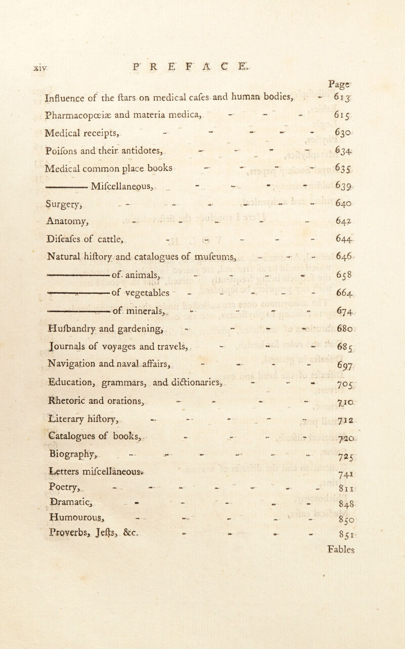 -XIV F' A C E, Influence of the (tars on medical cafes and human bodies. Pharmacopoeias and materia medica, Medical receipts, Poifons and their antidotes,, Medical common place books - Mifcellaneous,. Surgery, - ~- Anatomy, _ . _ Difeafes of cattle, - Natural hiftory and catalogues of mufeurns, —— of, animals. ' of vegetables — - of minerals, , Hufbandry and gardening, Journals of voyages and travels,, Navigation andnavaLaffairs,, Education, grammars, and didlionaries. Rhetoric and orations, Literary iiiflory. Catalogues of books Biography,.. Letters mifcelfaneousv Poetry, Dramatic^ Humourous, Proverbs, JelJs, &c. Page 613; 615 630 635 639. 640 642 644 646>.' 658 664.. 674.- 680: ' 685,^ . 697 705: 7^10 7J2 725 74^ 811 848 850 851 Fables