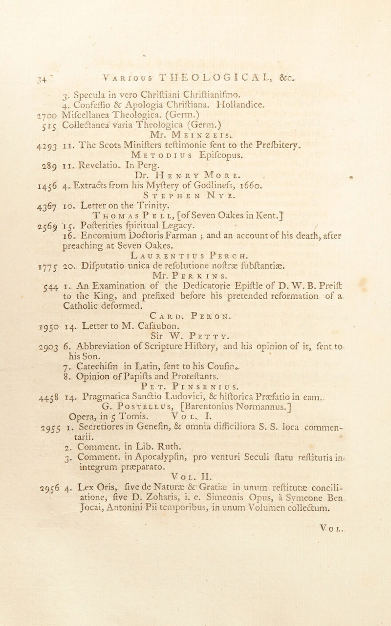 j. Specula in vero Chrlftiani Chriftianifmo. 4. Coiifeffio & Apologia Chridiana. Hollandice* 1700 Mifcelianea Theologica. (Germ.) 515 Coiledlanea varia Theologica (Germ.) Mr. M E I N z E I s,. 4293 II. The Scots Minifhers tefliimonie fent to the Prefbiteryo- Metodius Epifcopus. 289 11. Revelatio. In Perg. Dr. H E N R Y M o R E.. 1456 4.,Extra61:s from his Myftery of Godlinefs, 1660.. Stephen N y e. 4367 10. Letter on the Trinity. T K o M A s P E L L, [of Scven Oakes in Kent.} 2569 ‘15. Pofterities fpiritual Legacy. 16.. Encomium Dodloris Farman ^ and an account of his death, after preaching at Seven Oakes. Laurentius Perch. 177 j 20. Difputatio unica de refolutione noilr^ fiibdanti;^. Mr, Perkins. 544 I. An Examination of the Dedicatorie Epiflle of D. W. B. Preifr to the King, and prefixed before his pretended reformation of a. Catholic deformed. Card. P e b. o n, 1930 14. Letter to M. Cafaubon. Sir W.. Petty. 2903 6. Abbreviation of Scripture Eliftory, and his opinion of it, fent to- his Son. 7. Catechifm in Latin, fent to his CoufiDo- 8. Opinion ofPapifts and Proteftants. Pet. Pt n s e n I u s. 4458 14. Pragmatica SanHio Ludovici, & hiftorica Prtefatio in earn*. G. Postellus, [Barentonius Normannus.] Opera, in 3 Tomis. V o l., I. 2953 I. Secretiores in Genefin, & omnia diificiliora S. S. loca commen- tarii. 2, Comment, in Lib..Ruth. 3. Comment, in Apocalypfin, pro venturi Seculi ftatu refiitutis in- integrum prseparato. VoL. 11. 2956 4. Lex Oris, five de Naturae &'Gratise in unum reftitutae concili- atione, five D. Zoharis, i. e. Simeonis Opus, a Symeone Ben Jocai, Antonini Pii temporibus, in unum Volumen colledum. VoL.