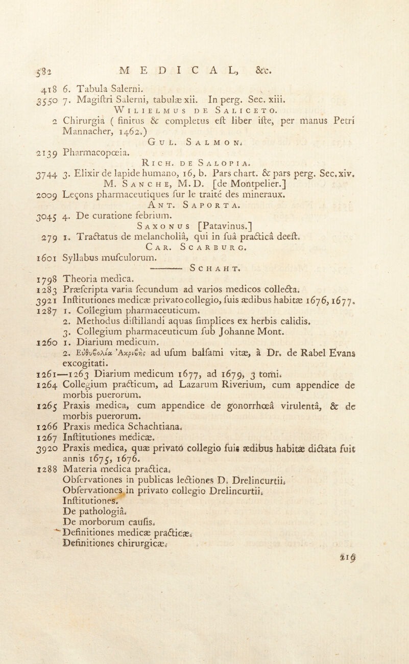 418 6. Tabula Salerni. 3550 7. Magiftri Salerni^ tabulae xii. In perg. Sec, xiil. WiLIELMUS DE SaLICETO. 2 Chirurgia ( finitus & completus eft liber iftCj per manus Petri Mannacher, 1462*) Gul. Salmon* 2139 Pharmacopceia. Rich, de Salopia, 3744 3. Elixir de laplde humanOj 16, b. Pars chart. &: pars perg. Sec.xiv, M. S A N c H E, M. D. [de Montpelier.] 2009 Lemons pharmaceutiques fur le traite des mineraux. Ant. Saporta. 3045 4. De curatione febrium. S A X o N u s [Patavinus.] 279 I. Tradtatus de melancholia, qui in fua pradlica deeft. Car. ScARBURG. 1601 Syllabus mufculorum. “—— S c H a H T. 1798 Theorla medica. 1283 Praefcripta varia fecundum ad varios medicos colledfa. 3921 Inftitutiones medicse privatocollegio, fuis sedibus habits 1^76^ ^^77* 1287 I. Collegium pharmaceuticum. 2. Methodus diftillandi aquas hmplices ex herbis calidis. 3. Collegium pharmaceuticum fub Johanne Mont. 1260 I. Diarium medicum. 2. ad ufum baifami vits, a Dn de Rabel Evans excogitati. 1261—1263 Diarium medicum 1677, ad 1679, 3 tomi* 1264 Collegium pradticum, ad Lazarum Riverium, cum appendice de morbis puerorum. 1265 Praxis medica, cum appendice de gonorrhoea virulenta, & de morbis puerorum. 1266 Praxis medica Schachtiana. 1267 Inftitutiones medics. 3920 Praxis medica, qus privatd collegio fuis sdibus habits didata fuil annis 1675, 1676. 1288 Materia medica pradlica^ Obfervationes in publicas ledtiones D. Drelincurtiis Obfervationes in privato collegio Drelincurtii. Inftitutiones. De pathologia* De morborum caufiso ■^Definitiones medics pradlicso Dehnitiones chirurgicso^