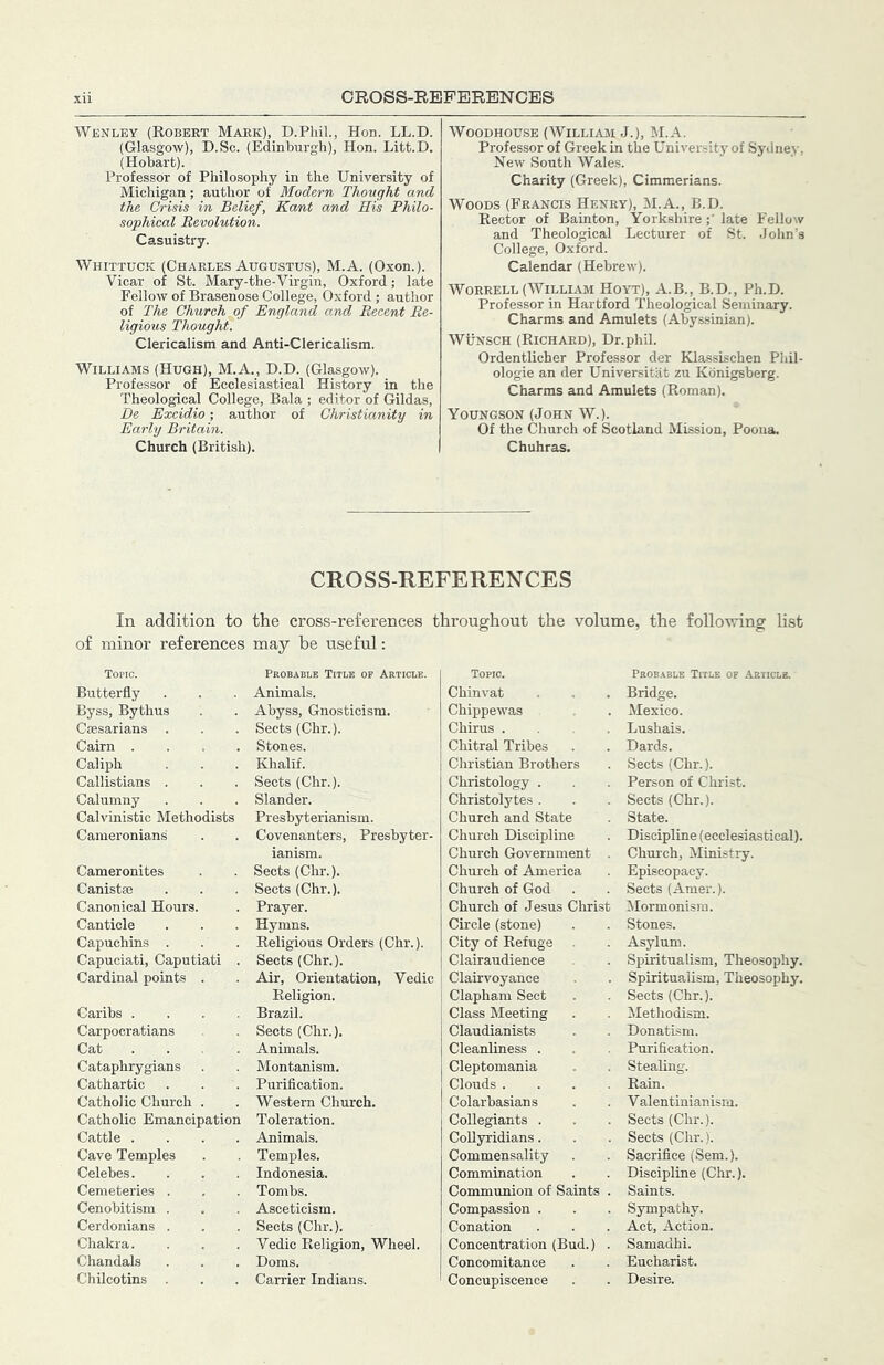 Wenley (Robert Mark), D.Phil., Hon. LL.D. (Glasgow), D.Sc. (Edinburgh), Hon. Litt.D. (Hobart). Professor of Philosophy in the University of Michigan; author of Modern Thought and the Crisis in Belief, Kant and His Philo- sophical Revolution. Casuistry. Whittuck (Charles Augustus), M.A. (Oxon.). Vicar of St. Mary-the-Virgin, Oxford; late Fellow of Brasenose College, Oxford; author of The Church of England and Recent Re- ligious Thought. Clericalism and Anti-Clericalism. Williams (Hugh), M.A., D.D. (Glasgow). Professor of Ecclesiastical History in the Theological College, Bala ; editor of Gildas, Be Excidio; author of Christianity in Early Britain. Church (British). WooDHOusE (William J.), M.A. Professor of Greek in the University of Sydney, New South Wales. Charity (Greek), Cimmerians. Woods (Francis Henry), M.A., B.D. Rector of Bainton, Yorkshirelate Fellow and Theological Lecturer of St. John’s College, Oxford. Calendar (Hebrew). Worrell (William Hoyt), A.B., B.D., Ph.D. Professor in Hartford Theological Seminary. Charms and Amulets (Abyssinian). WuNSCH (Richard), Dr.phil. Ordentlicher Professor der Klassischen Phil- ologie an der Universitiit zu Kdnigsberg. Charms and Amulets (Roman). Youngson (John W.). Of the Church of Scotland Mission, Poona. Chuhras. CROSS-REFERENCES In addition to the cross-references throughout the volume, the following list of minor references may be useful: Topic. Probable Title op Article. Butterfly Animals. Byss, Bythus Abyss, Gnosticism. Caesarians . Sects (Chr.). Cairn .... Stones. Caliph Khalif. Callistians . Sects (Chr.). Calumny Slander. Calvinistic Methodists Presbyterianism. Cameronians Covenanters, Presbyter- ianism. Cameronites Sects (Chr.). Canistse Sects (Chr.). Canonical Hours. Prayer. Canticle Hymns. Capuchins . Religious Orders (Chr.). Capuciati, Caputiati . Sects (Chr.). Cardinal points . Air, Orientation, Vedic Religion. Caribs .... Brazil. Carpocratians Sects (Chr.). Cat .... Animals. Cataphrygians Montanism. Cathartic Purification. Catholic Church . Western Church. Catholic Emancipation Toleration. Cattle .... Animals. Cave Temples Temples. Celebes. Indonesia. Cemeteries . Tombs. Cenobitism . Asceticism. Cerdonians . Sects (Chr.). Chakra. Vedic Religion, Wheel. Chandals Doms. Chilcotins . Carrier Indians. Topic. Probable Title of Article. Chinvat Bridge. Chippewas Mexico. Chirus .... Lushais. Chitral Tribes Dards. Christian Brothers Sects (Chr.). Christology . Person of Christ. Christolytes . Sects (Chr.). Church and State State. Church Discipline Discipline (ecclesiastical). Church Government . Church, Ministry. Church of America Episcopacy. Church of God Sects (Amer.). Church of Jesus Christ Mormonism. Circle (stone) Stones. City of Refuge Asylum. Clairaudience Spiritualism, Theosophy. Clairvoyance Spiritualism, Theosophy. Claphara Sect Sects (Chr.). Class Meeting Methodism. Claudianists Donatism. Cleanliness . Pm'ification. Cleptomania Stealing. Clouds .... Rain. Colarbasians Valentinianisni. Collegiants . Sects (Chr.). CoUyridians. Sects (Chr.). Commensality Sacrifice (Sem.). Commination Discipline (Chr.). Communion of Saints . Saints. Compassion . Sympathy. Conation Act, Action. Concentration (Bud.) . Samadhi. Concomitance Eucharist. Concupiscence Desire.