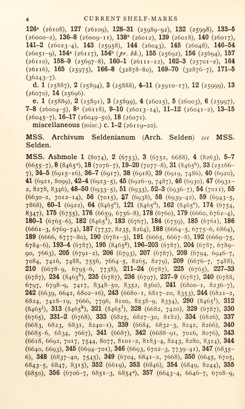 126^ (26108), 127 (26109), 128-31 (25989-92), 132 (25998), 133-5 (26000-2), 136-8 (26009-11), 138® (26012), 139 (26018), 140 (26017), 141-2 (26023-4), 143 (25958), 144 (26043), 145 (26048), 146-54 (26051-9), 154^ (26117), 154^* {pr. bk.), 155 (25692), 156 (25694), 157 (26110), 158-9 (25697-8), 160-1 (26111-12), 162-3 (25701-2), 164 (26116), 165 (25975), 166-8 (32878-80), 169-70 (32876-7), 171-5 (36243-7). d. 1 (25887), 2 (25894), 3 (25888), 4-11 (25910-17), 12 (25999), 13 (26070), 14 (25696). e. 1 (25889), 2 (25891), 3 (25899), 4 (26015), 5 (26003), 6 (25997), 7-8 (26004-5), (26118), 9-10 (26013-14), 11-12 (26041-2), 13-15 (26045-7), 16-17 (26049-50), 18 (26071). miscellaneous (misc.) c. 1-2 (26119-20). MSS. Archivum Seldenianum (Arch. Selden) see MSS. Selden. MSS. Ashmole 1 (8074), 2 (6753), 3 (6752, 6688), 4 (8263), 5-7 (6655-7), 8 (8465^), 18 (7076-7), 19-20 (7077-8), 31 (8465b), 33 (25166- 7), 34-5 (6915-16), 36-7 (6917), 38 (6918), 39 (6919, 7486), 40 (6920), 41 (6921, 8099), 42-4 (6923-5), 45 (6926-9, 7487), 46 (6930), 47 (6931- 2, 8278, 8346), 48-50 (6933-5), 51 (6933), 52-3 (6936-7), 54 (7011), 55 (6630-2, 7012-14), 56 (7015), 57 (6938), 58 (6939-42), 59 (6943-5, 7868), 60-1 (6922), 64 (8465^^), 121 (8465^^), 162 (8465®), 174 (6754, 8347), 175 (6755), 176 (6659, 6756-8), 178 (6760), 179 (6660, 6762-4), 180-1 (6765-6), 182 (8465O, 183 (6767), 184 (6759), 185 (6761), 186 (6661-3, 6769-74), 187 (7737, 8235, 8264), 188 (6664-5, 6775-6, 6864), 189 (6666, 6777—80), 190 (6781—3), 191 (6665, 6667-8), 192 (6669—75, 6784-6), 193-4 (6787), 195 (8465S), 196-203 (6787), 204 (6787, 6789- 901 7663), 205 (6791-2), 206 (6793), 207 (6787), 208 (6794, 6946-7, 7084, 7416, 7488, 7556, 7664-5, 8265, 8279), 209 (6676-7, 7488), 210 (6678-9, 6795-6, 7738), 211-24 (6787), 225 (6765), 227-33 (6787), 234 (8465*^), 235 (6787), 236 (6797), 237-9 (6787), 240 (6788, 6797, 6798-9, 7417, 8348-50, 8352, 8360), 241 (6800-1, 8236-7), 242 (6639, 6642, 6802-16), 243 (6680-1, 6817-20, 8353), 244 (6821-2, 6824, 7418-19, 7666, 7796, 8100, 8238-9, 8354), 290 (8465*), 312 (8465^), 313 (8465^), 321 (8465^), 328 (6682, 7420), 329 (6787), 330 (6765), 331-2 (6768), 333 (6825, 6827-30, 8182), 334 (6826), 337 (6683, 6823, 6831, 8240-1), 339 (6684, 6832-3, 8242, 8266), 340 (6685-6, 6834, 7667), 341 (6687), 342 (6688-91, 7016, 8076), 343 (6618, 6692, 7017, 7544, 8077, 8101-2, 8183-4, 8243, 8280, 8314), 344 (6640, 6693), 345 (6694-701), 346 (6693, 6702-3, 7739-41), 347 (6835- 6), 348 (6837-40, 7545), 349 (6704, 6841-2, 7668), 350 (6645, 6705, 6843-5, 6847, 8315), 352 (6619), 353 (6846), 354 (6849, 8244), 355 (6850), 356 (6706-7, 6851-3, 6854^), 357 (6643-4, 6646-7, 6708-9,