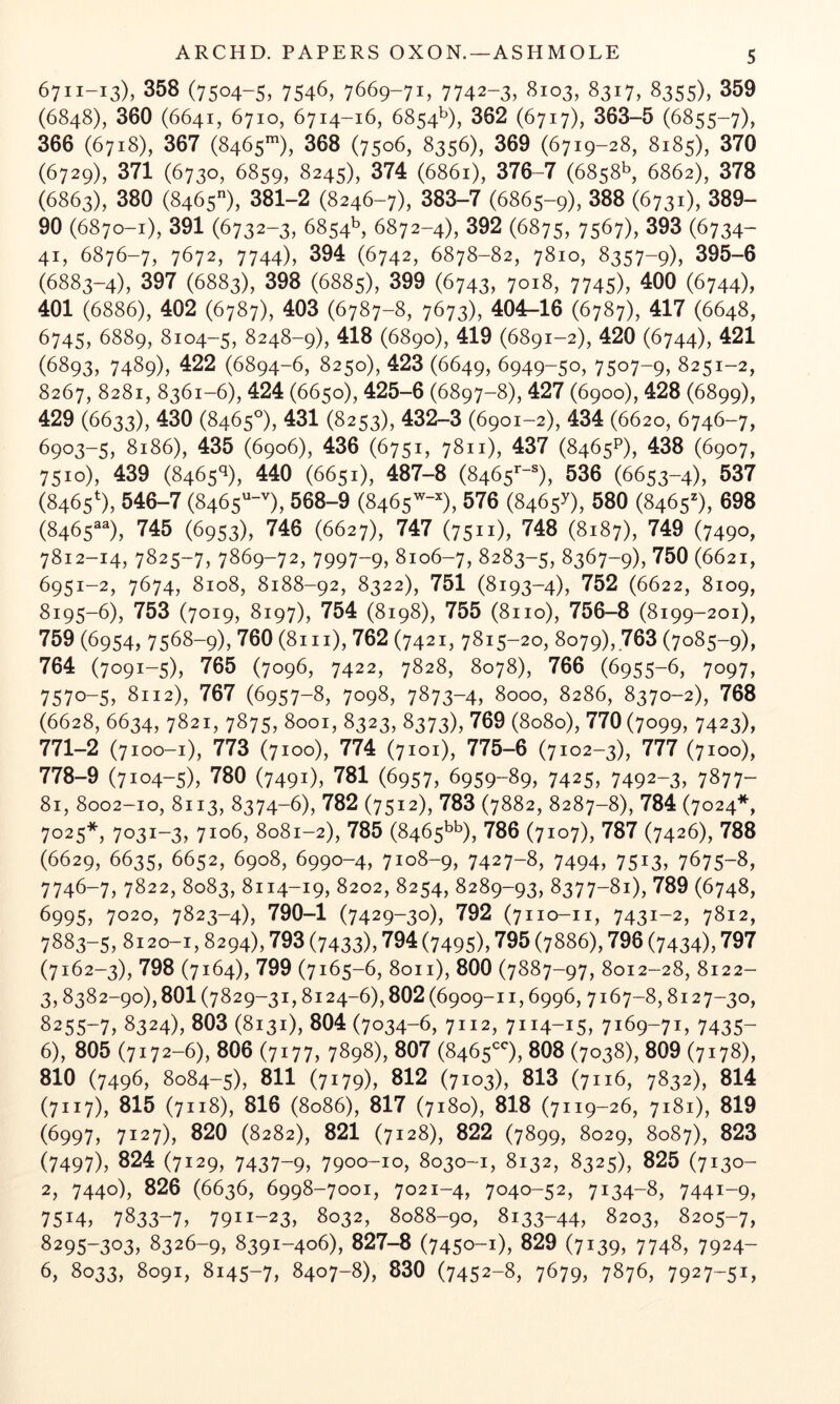 ARCHD. PAPERS OXON.—ASHMOLE 6711-13), 358 (7504-5, 7546, 7669-71, 7742-3, ^103, 8317, 8355), 359 (6848), 360 (6641, 6710, 6714-16, 6854^), 362 (6717), 363-5 (6855-7), 366 (6718), 367 (8465^), 368 (7506, 8356), 369 (6719-28, 8185), 370 (6729), 371 (6730, 6859, 8245), 374 (6861), 376-7 (6858^, 6862), 378 (6863), 380 (8465), 381-2 (8246-7), 383-7 (6865-9), 388 (6731), 389- 90 (6870-1), 391 (6732-3, 6854b, 6872-4), 392 (6875, 7567), 393 (6734- 41, 6876-7, 7672, 7744), 394 (6742, 6878-82, 7810, 8357-9), 395-6 (6883-4), 397 (6883), 398 (6885), 399 (6743, 7018, 7745), 400 (6744), 401 (6886), 402 (6787), 403 (6787-8, 7673), 404-16 (6787), 417 (6648, 6745, 6889, 8104-5, 8248-9), 418 (6890), 419 (6891-2), 420 (6744), 421 (6803, 7480), 422 (6894-6, 8250), 423 (6649, 6949-50, 7507-9, 8251-2, 8267, 8281, 8361-6), 424 (6650), 425-6 (6897-8), 427 (6900), 428 (6899), 429 (6633), 430 (8465°), 431 (8253), 432-3 (6901-2), 434 (6620, 6746-7, 6903-5, 8186), 435 (6906), 436 (6751, 7811), 437 (8465P), 438 (6907, 7510), 439 (8465^), 440 (6651), 487-8 (8465^-), 536 (6653-4), 537 (8465^), 546-7 (8465'^-'^), 568-9 (8465^-^), 576 (8465^), 580 (8465=^), 698 (8465^^), 745 (6953), 746 (6627), 747 (7511), 748 (8187), 749 (7490, 7812-14, 7825-7, 7869-72, 7997-9, 8106-7, 8283-5, 8367-9), 750 (6621, 6951-2, 7674, 8108, 8188-92, 8322), 751 (8193-4), 752 (6622, 8109, 8195-6), 753 (7019, 8197), 754 (8198), 755 (8110), 756—8 (8199-201), 759 (6954, 7568-9), 760 (8111), 762 (7421, 7815-20, 8079),.763 (7085-9), 764 (7091-5), 765 (7096, 7422, 7828, 8078), 766 (6955-6, 7097, 7570-5, 8112), 767 (6957-8, 7098, 7873-4, 8000, 8286, 8370-2), 768 (6628, 6634, 7821, 7875, 8001, 8323, 8373), 769 (8080), 770 (7099, 7423), 771-2 (7100-1), 773 (7100), 774 (7101), 775-6 (7102-3), 777 (7100), 778-9 (7104-5), 780 (7491), 781 (6957, 6959-89, 7425, 7492-3, 7877- 81, 8002-10, 8113, 8374-6), 782 (7512), 783 (7882, 8287-8), 784 (7024*, 7025*, 7031-3, 7106, 8081-2), 785 (8465^^)^ 786 (7107), 787 (7426), 788 (6629, 6635, 6652, 6908, 6990-4, 7108-9, 7427-8, 7494, 7513, 7675-8, 7746-7, 7822, 8083, 8114-19, 8202, 8254, 8289-93, 8377-81), 789 (6748, 6995, 7020, 7823-4), 790-1 (7429-30), 792 (7110-11, 7431-2, 7812, 7883-5, 8120-1,8294), 793 (7433), 794 (7495), 795 (7886), 796 (7434), 797 (7162-3), 798 (7164), 799 (7165-6, 8011), 800 (7887-97, 8012-28, 8122- 3,8382-90), 801 (7829-31,8124-6), 802 (6909-11,6996, 7167-8,8127-30, 8255-7, 8324), 803 (8131), 804 (7034-6, 7112, 7114-15, 7169-71, 7435- 6), 805 (7172-6), 806 (7177, 7898), 807 (8465*=*^), 808 (7038), 809 (7178), 810 (7496, 8084-5), 811 (7179), 812 (7103), 813 (7116, 7832), 814 (7117), 815 (7118), 816 (8086), 817 (7180), 818 (7119-26, 7181), 819 (6997, 7127), 820 (8282), 821 (7128), 822 (7899, 8029, 8087), 823 (7497X 824 (7129, 7437-9, 7900-10, 8030-1, 8132, 8325), 825 (7130- 2, 7440), 826 (6636, 6998-7001, 7021-4, 7040-52, 7134-8, 7441-9, 7514, 7833-7, 7911-23, 8032, 8088-90, 8133-44, 8203, 8205-7, 8295-303, 8326-9, 8391-406), 827-8 (7450-1), 829 (7139, 7748, 7924- 6, 8033, 8091, 8145-7, 8407-8), 830 (7452-8, 7679, 7876, 7927-51,